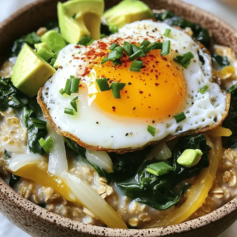 To create a hearty bowl, you'll need these main items: - 1 cup old-fashioned oats - 2 cups vegetable broth (or water) - 1 tablespoon olive oil - 1 small onion, finely chopped - 1 garlic clove, minced - 1 cup spinach, chopped - 2 large eggs These ingredients add depth and taste to your oatmeal: - Salt and pepper to taste - Crushed red pepper flakes (optional, for heat) Finishing touches make your dish pop. Consider these garnishes: - 1 ripe avocado, diced - Fresh herbs (such as chives or parsley) for garnish You can find the full recipe at the end of this section. Each ingredient plays a role in making your savory oatmeal rich and satisfying. The oats provide a warm base, while the eggs add protein. The onion and garlic bring aroma, and spinach offers nutrients. Try this recipe, and enjoy a healthy breakfast boost! Start by boiling 2 cups of vegetable broth or water in a medium saucepan. Bring it to a full boil, then add 1 cup of old-fashioned oats. Reduce the heat to medium-low. Stir the oats every few minutes. Cook for 5 to 7 minutes. You want the oats to be tender and absorb most of the liquid. While the oats cook, heat 1 tablespoon of olive oil in a skillet over medium heat. Add 1 small, finely chopped onion. Sauté it for 3 to 4 minutes until it turns soft and clear. Next, add 1 minced garlic clove and 1 cup of chopped spinach to the skillet. Cook for about 2 more minutes until the spinach wilts. Season with salt, pepper, and crushed red pepper flakes if you like a bit of heat. In a separate small pan, cook 2 large eggs to your liking. You can fry, poach, or scramble them. For a fried egg, cook it over medium heat for about 4 minutes. This will make the edges crispy and keep the yolk runny. Once your oats are ready, mix in the sautéed veggies. Remove from heat, taste, and adjust seasoning if needed. Serve the savory oatmeal in bowls, topped with diced avocado and the cooked egg. Finish with fresh herbs for a burst of flavor. For the full recipe, refer to the earlier section. To get creamy oats, use old-fashioned oats. These oats cook slowly and absorb more liquid. Start with a good broth or water. I like to boil it first. This helps the oats cook evenly. Stir them often while they cook. This keeps them from sticking to the pan. If you want thicker oats, add less liquid. For creamier oats, add a splash more. This small change makes a big difference. Seasoning is key to making savory oatmeal delicious. I love using salt and pepper for the base. You can add garlic to boost the flavor. A pinch of crushed red pepper flakes gives it heat. Fresh herbs like chives or parsley add brightness. Mix in sautéed veggies, too. Spinach works great, but feel free to try others. Season as you go to find your perfect blend. Taste your oatmeal before serving to adjust the flavors. Serving oatmeal well makes it more fun to eat. Use deep bowls to hold all the toppings. Start with a base of oatmeal. Top it with a perfectly cooked egg. A runny yolk looks amazing and adds creaminess. Add diced avocado for creaminess and color. Finish with fresh herbs for a pop of green. You can also sprinkle more red pepper on top for style. A nice presentation makes your meal feel special. Enjoy the looks as much as the taste! {{image_2}} You can add protein to your savory oatmeal in many ways. One tasty option is crispy bacon. Just cook it until it’s crunchy, then crumble it on top. You can also use tofu for a plant-based boost. Sauté the tofu until golden and add it to your bowl. Both choices add great taste and make the meal more filling. For those who want vegetarian or vegan options, skip the eggs. Instead, use a plant-based egg substitute or chickpeas. Cook chickpeas in the pan with your veggies for added protein. You can also top your oatmeal with nutritional yeast. It gives a cheesy flavor without dairy, perfect for a vegan meal. To bring extra flair, think about adding cheese. A sprinkle of feta or goat cheese can elevate the dish. You could also try different vegetables like bell peppers, mushrooms, or kale. Sauté them with your onion and garlic for a flavor punch. Adding herbs like thyme or basil can create a fresh twist. The combinations are endless, so get creative! For the full recipe, check out the Savory Oatmeal with Egg. After you enjoy your savory oatmeal, store leftovers in an airtight container. This keeps them fresh. Let the oatmeal cool down first. Then, place it in the fridge for up to three days. If you want to enjoy it later, make sure to seal it well. To reheat your savory oatmeal, scoop it into a bowl. Add a splash of water or broth to help it warm up. Microwave it for about one to two minutes. Stir halfway through to heat evenly. If you're using the stove, place it in a pot over low heat. Stir until it's hot. You can freeze savory oatmeal for up to three months. Portion it out into freezer-safe containers. Let it cool before sealing. When you want to eat it, thaw it in the fridge overnight. Reheat it as described above. Enjoy your delicious meal any day! For the full recipe, check out the earlier section. Yes, you can use quick oats. Quick oats cook faster, so check the package for cooking time. They will make your oatmeal softer. The flavor remains good, but the texture changes. Old-fashioned oats give a chewier bite. Experiment and see what you prefer! You can add many tasty toppings to your savory oatmeal. Here are some ideas: - Cherry tomatoes, halved - Feta cheese, crumbled - Cooked bacon or sausage - Sautéed mushrooms - Fresh greens like arugula or kale - Nuts or seeds for crunch Feel free to mix and match. Each topping adds a unique flavor. To make your oatmeal creamy, use vegetable broth or milk instead of water. You can also stir in a bit of yogurt or cream after cooking. Adding cheese during cooking can also help. Another tip is to cook the oats longer. This lets them absorb more liquid, making them softer and creamier. For the best results, follow the [Full Recipe]. Savory oatmeal offers a delicious and healthy meal option. We explored essential ingredients, cooking steps, and tips for the best taste. You can add meats or make it vegetarian based on your preference. Remember to store leftovers properly for later enjoyment. With a little creativity, you can make endless variations of this dish. Enjoy your savory oatmeal and share it with others!