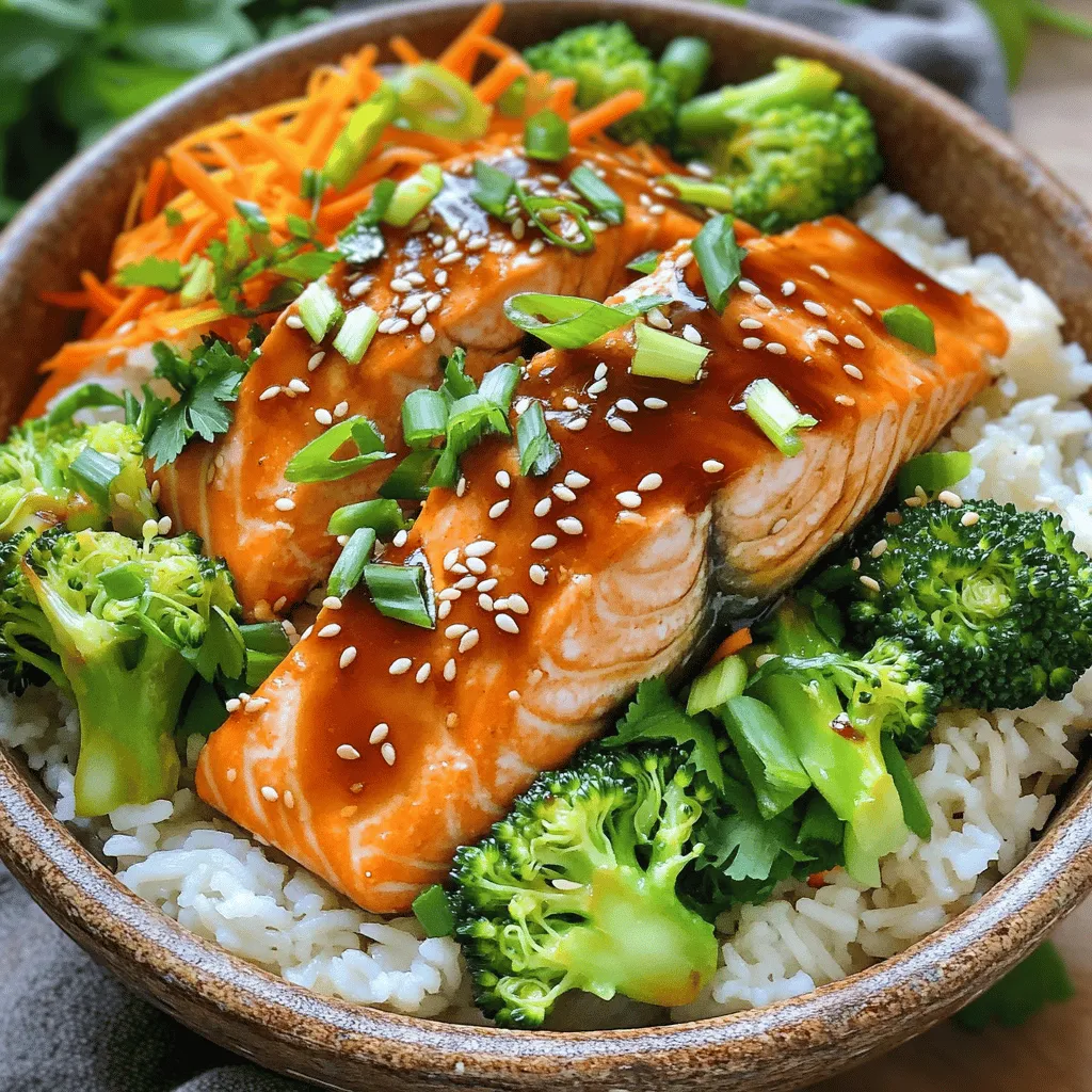 - 2 salmon fillets - 1/4 cup teriyaki sauce - 1 cup cooked jasmine rice - 1 cup steamed broccoli florets - 1/2 cup shredded carrots - 1/4 cup sliced green onions - 1 tablespoon sesame seeds - Baking sheet - Parchment paper - Bowls for serving Gathering the right ingredients makes this dish shine. Start with fresh salmon fillets. They give the best flavor and texture. The teriyaki sauce brings a sweet and salty taste. Cooked jasmine rice serves as a soft base. For vegetables, I love using steamed broccoli. It adds a nice crunch and color. Shredded carrots give a sweet touch, while green onions add zest. Finally, sprinkle sesame seeds for a nutty flavor. You will also need a baking sheet lined with parchment paper for easy cleanup. Use bowls for serving your beautiful creation. You can find the full recipe above for more details. 1. First, preheat your oven to 400°F (200°C). This helps the salmon cook evenly. 2. Next, season the salmon fillets with salt and pepper. This adds a nice base flavor. 3. Pour the teriyaki sauce over the salmon. Make sure each fillet is well coated. Let it marinate for about 15 minutes. This step enhances the taste, making it more savory. 1. Line a baking sheet with parchment paper. This makes cleanup easy. Place the salmon on the baking sheet. 2. Bake the salmon for 12-15 minutes. Check for doneness by seeing if it flakes easily with a fork. Perfectly baked salmon should be moist and flavorful. 1. While the salmon bakes, cook your jasmine rice according to package instructions. This rice is fluffy and pairs well with the salmon. 2. Once cooked, place a scoop of rice in each bowl. 3. Add a portion of steamed broccoli and a handful of shredded carrots around the rice. These veggies provide color and crunch. 4. After the salmon is done, carefully place a fillet on top of the vegetables and rice in each bowl. 5. Drizzle any leftover teriyaki sauce from the baking pan over the salmon for extra flavor. 6. Finally, garnish with sliced green onions and a sprinkle of sesame seeds. These toppings add a nice finishing touch. You can find the complete recipe in the [Full Recipe]. Choosing fresh salmon Look for salmon that is bright in color. Fresh salmon should smell like the ocean, not fishy. Ask your fishmonger for the freshest catch. Choose fillets that are firm to the touch and have no dark spots. Marinating techniques Marinate your salmon for at least 15 minutes. This allows the flavors to soak in well. For a deeper taste, let it marinate for up to an hour. Use a zip-top bag for easy marinating. Just seal the bag and turn it a few times. Tips for fluffy jasmine rice Rinse the rice under cold water before cooking. This removes excess starch and helps keep it fluffy. Use a ratio of 1 cup rice to 1.5 cups water. Bring it to a boil, then cover and simmer for about 15 minutes. Let it sit off the heat for another 10 minutes. Alternatives to jasmine rice You can use brown rice for a nuttier flavor. Quinoa is a great gluten-free alternative. Even cauliflower rice works well for a low-carb option. Adjust cooking times based on the rice or grain you choose. Pairing with sides Serve your teriyaki salmon bowl with steamed vegetables. Snap peas or bok choy add great color and crunch. A simple cucumber salad adds freshness. You can also serve it with miso soup for a warm touch. Recommended beverages Green tea pairs nicely with this dish. If you prefer something stronger, try a light sake. Sparkling water with lemon makes a refreshing choice. Enjoy your meal with a drink that complements the flavors. For the full recipe, check out the detailed steps above. {{image_2}} You can switch the salmon for other fish like trout or tilapia. Both work well with teriyaki sauce. Feel free to use chicken if you prefer poultry. For a vegetarian option, try tofu. Just make sure to press the tofu to remove excess water. For vegetables, you can swap steamed broccoli with snap peas or bell peppers. You can also add spinach or zucchini for a fresh twist. The key is to use what you enjoy or have on hand. You can make your own teriyaki sauce using soy sauce, honey, garlic, and ginger. Mix these ingredients in a pan and simmer until thick. This gives you control over the flavors. If you're looking for variety, try a spicy miso sauce or a sweet chili sauce. Both options can add a different taste to your bowl. You could even use a peanut sauce for a nutty flavor. Add more protein to your bowl with shrimp or grilled chicken. Both options blend well with the teriyaki flavor. If you want extra crunch, toss in some roasted chickpeas. For toppings, try adding avocado slices or a sprinkle of crushed nuts. You can also use pickled vegetables for a tangy kick. All of these options keep the dish exciting and delicious. You can find the Full Recipe to make a perfect Teriyaki Salmon Bowl and explore these variations! To keep your teriyaki salmon bowl fresh, use proper storage containers. Glass or BPA-free plastic containers work great. Make sure to let the food cool before sealing. Refrigerate your leftovers within two hours. You can store them for up to three days in the fridge. For reheating, the best method is to use the oven or a stovetop. This helps maintain the salmon's texture and flavor. If you're using the oven, set it to 350°F (175°C). Place the bowl in the oven for about 10 minutes. If using a stovetop, heat gently over low heat. Add a splash of water to keep the rice moist. You can freeze prepared bowls for later. Just make sure to use airtight containers. This way, you prevent freezer burn. Thaw the bowls in the fridge overnight before reheating. To reheat, follow the same oven or stovetop methods mentioned above. Enjoy your meal anytime with these easy storage tips! To make teriyaki sauce from scratch, mix equal parts soy sauce and mirin. You can also add sugar for sweetness. Simmer the mixture on low heat until it thickens. For added flavor, include minced garlic or ginger. This homemade sauce adds a fresh taste to your teriyaki salmon bowl. Yes! You can use brown rice, quinoa, or cauliflower rice. Each type gives a unique flavor and texture. Brown rice is heartier, while quinoa adds protein. Cauliflower rice is low-carb and light. Choose one based on what you enjoy or have on hand. You can serve teriyaki salmon bowls with a variety of sides. Here are some ideas: - Edamame - Miso soup - Seaweed salad - Pickled vegetables These sides enhance the meal and add more flavor to your dining experience. The standard teriyaki sauce contains soy sauce, which usually has gluten. To make it gluten-free, use tamari instead. Tamari is a gluten-free soy sauce option. Check the labels to ensure all your ingredients are gluten-free for a safe meal. You can store leftovers in the fridge for up to three days. Place the salmon and veggies in an airtight container. To maintain freshness, eat them within this time frame. Reheat gently to preserve flavor and texture. For more details, check the Full Recipe. In this post, we explored how to make a tasty teriyaki salmon bowl. We covered the key ingredients like salmon, teriyaki sauce, and jasmine rice. You learned about the prep steps and how to assemble your dish with veggies and garnishes. I shared tips for perfecting the flavors and advised on storing and reheating leftovers. Feel free to mix things up with different proteins and sauces. Enjoy creating your own bowl filled with flavor and nutrition!