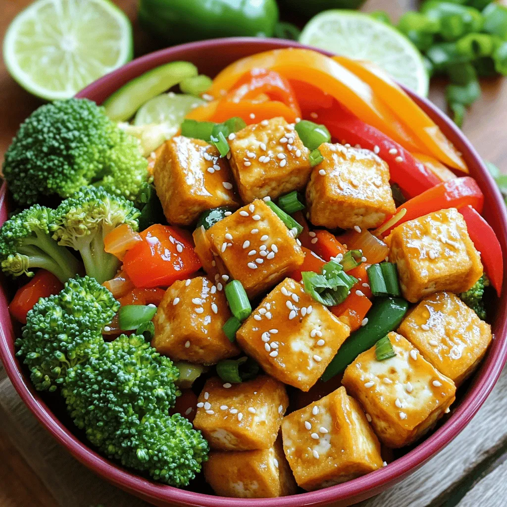 - Firm tofu - Vegetables: bell pepper, broccoli, carrot - Seasonings: garlic, ginger, soy sauce, sesame oil - Additional ingredients: honey or maple syrup, rice vinegar, sesame seeds - Skillet or wok - Tofu press (optional) - Mixing bowls Crispy tofu stir-fry starts with simple ingredients. You need firm tofu, which gives a great texture. Choose bright vegetables like bell pepper, broccoli, and carrot for color and crunch. For taste, garlic and ginger add warmth and zing. Soy sauce provides a salty kick, while sesame oil brings a nutty flavor. You can sweeten the dish with honey or maple syrup. Rice vinegar adds a nice tang, and sesame seeds give a lovely finish. To cook, you need a skillet or wok. A tofu press helps remove moisture, but it's not a must. Mixing bowls are handy for tossing the tofu with cornstarch and sauce. You can find the full recipe at the end of this article. Now, gather these ingredients to create a fun and quick weeknight meal. 1. First, press the tofu to get rid of excess water. Wrap it in a clean towel. Place a heavy object on top for about 15-20 minutes. 2. After pressing, cut the tofu into 1-inch cubes. This size helps it cook evenly. 3. In a bowl, toss the cubed tofu with 2 tablespoons of cornstarch. Make sure each piece is coated. This coating gives the tofu its crispy texture when fried. 1. Heat 2 tablespoons of vegetable oil in a large skillet over medium-high heat. Wait until the oil is hot. 2. Once hot, add the tofu cubes in a single layer. Do not crowd the pan. Fry for about 4-5 minutes on each side. Look for a golden brown color and a crispy texture. Once done, remove the tofu and set aside. 1. In the same pan, add the sliced bell pepper, broccoli florets, and thinly sliced carrot. Stir-fry for about 4-5 minutes. The veggies should be tender but still crisp. 2. Next, add 3 minced cloves of garlic and 1 tablespoon of grated ginger. Stir-fry for another minute. This step brings out the wonderful aromas. 3. In a small bowl, whisk together the soy sauce, sesame oil, honey or maple syrup, and rice vinegar. Pour this sauce over the veggies in the pan. 4. Return the crispy tofu to the pan and toss everything well. Stir-fry for another 2-3 minutes. This allows the flavors to blend together. You can find the full recipe for this dish to get all the details and cooking times. Enjoy your cooking! To get crispy tofu, start by pressing it. Pressing removes excess water. This step is key to a good texture. Wrap the tofu in a towel and set something heavy on top. Let it sit for 15 to 20 minutes. This makes a big difference. Next, coat the tofu evenly with cornstarch. This will help it fry up crispy. Toss the cubed tofu in a bowl with cornstarch. Make sure every piece is covered. This simple step takes your tofu from soggy to crunchy. When cooking, I prefer stir-frying over sautéing. Stir-frying cooks food fast and keeps it crisp. High heat is your friend here. It seals in flavors and gives a great texture. Make sure your pan is hot before adding the tofu. This helps it brown well and prevents sticking. Crispy tofu stir-fry is great on its own. But it shines even more with sides! Serve it with rice or noodles for a filling meal. You can also add a fresh salad for crunch. For sauces, I love using soy sauce or teriyaki. A drizzle of sesame oil adds richness. Try adding sriracha for some heat. These flavors will bring your stir-fry to the next level. For the full recipe, check out the link above. {{image_2}} You can change the vegetables based on what you like or have. For example, try adding: - Zucchini - Snap peas - Bell peppers in different colors - Mushrooms Leafy greens are also great. Spinach or kale can add color and nutrients. Just toss them in at the end of cooking. They need less time to cook and will wilt nicely. If you want to switch from tofu, tempeh or seitan work well. They both have a firm texture and soak up flavors. For chicken or shrimp, just adjust the cook time. Cook chicken until it’s fully done, about 6-7 minutes. Shrimp cooks fast, about 2-3 minutes, until pink. To spice things up, add chili flakes or sriracha. A little heat makes your dish exciting. You can also add nuts or seeds. They give a nice crunch and extra flavor. Try peanuts, cashews, or sesame seeds for a tasty twist. You can find the full recipe linked here for more guidance. To store your crispy tofu stir-fry, let it cool first. Place it in an airtight container. This keeps the flavors fresh. In the fridge, it lasts for about 3 to 4 days. To reheat without losing that crispy texture, use an oven. Preheat it to 350°F (175°C). Spread the stir-fry on a baking sheet and heat for 10 to 15 minutes. You can also use a skillet. Heat it on medium heat and stir gently until warm. For tofu, avoid the microwave if you can. It makes the tofu soggy. Yes, you can freeze crispy tofu stir-fry! But first, cool it completely. Then, place it in a freezer-safe bag or container. Remove as much air as possible before sealing. This helps prevent freezer burn. The stir-fry can stay frozen for up to 2 months. When ready to eat, thaw it in the fridge overnight before reheating. To make tofu crispy, start with firm tofu. Press it to remove moisture. Wrap it in a clean towel and place something heavy on top. Leave it for about 15-20 minutes. Next, cut the tofu into cubes. Toss the cubes with cornstarch for a nice coating. Use a hot skillet with oil to fry the tofu. This method helps avoid soggy tofu. Yes, this recipe is vegan-friendly. All the ingredients are plant-based. You can use maple syrup instead of honey for a vegan option. Make sure to check labels on soy sauce to confirm it's vegan. Many sides go well with crispy tofu stir-fry. Consider serving it with steamed rice or quinoa. You can also add a fresh salad for crunch. For a complete meal, pair with spring rolls or dumplings. Yes, you can make this dish gluten-free. Use tamari instead of soy sauce. Check other ingredients for gluten, like sauces or seasonings. Most vegetables are naturally gluten-free, making them safe to use. This blog post shared a clear recipe for crispy tofu stir-fry. We covered key ingredients, essential equipment, and easy step-by-step instructions. I shared tips to get that perfect crunch and suggested variations to suit your taste. I also included storage info for leftovers and answered common questions. Crispy tofu stir-fry is not only tasty but also easy to customize. Enjoy creating your own delicious version!