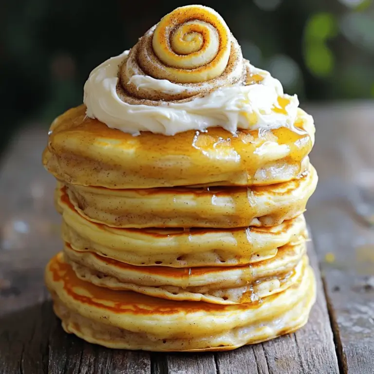 To make delicious cinnamon roll pancakes, you need a few simple ingredients. Here is the list you will need: - 1 cup all-purpose flour - 2 tablespoons sugar - 1 teaspoon baking powder - ½ teaspoon baking soda - ½ teaspoon salt - 1 cup buttermilk (or regular milk with 1 tablespoon vinegar) - 1 large egg - 2 tablespoons melted butter - 1 tablespoon vanilla extract - 2 tablespoons ground cinnamon - 3 tablespoons brown sugar - Cream cheese frosting (store-bought or homemade) for drizzling These ingredients come together to create a fluffy pancake with a sweet cinnamon swirl. Each item plays a vital role. The flour gives the pancakes structure. Sugar adds sweetness, and baking powder and soda help them rise. Buttermilk makes the pancakes tender and moist. The egg binds everything, while melted butter and vanilla bring depth of flavor. Ground cinnamon and brown sugar create that signature cinnamon roll taste. Lastly, the cream cheese frosting ties it all together with a rich finish. If you want to see the full recipe, you can check it out [here](#). To start, grab a small bowl. Add 2 tablespoons of brown sugar and 2 tablespoons of ground cinnamon. Mix these two until they look well combined. This mixture gives your pancakes that sweet, cinnamon twist. Set it aside for later. Now, take a large bowl. In this bowl, whisk together 1 cup of all-purpose flour, 2 tablespoons of sugar, 1 teaspoon of baking powder, ½ teaspoon of baking soda, and ½ teaspoon of salt. Mix these dry ingredients well. In a separate bowl, pour in 1 cup of buttermilk, crack 1 large egg, and add 2 tablespoons of melted butter and 1 tablespoon of vanilla extract. Blend this wet mix until smooth. Next, combine the wet and dry ingredients. Pour the wet mix into your dry mix. Stir gently and don’t overmix; it’s okay if there are some lumps. Heat a non-stick skillet or griddle over medium-low heat. For each pancake, pour about ¼ cup of batter onto the pan. Let it cook for 2-3 minutes. You’ll know it’s ready to flip when you see bubbles on the surface and the edges look set. When flipping, use a spatula to gently slide under the pancake. Flip it quickly and with confidence. Cook the other side for 1-2 more minutes until it turns golden brown. Now, here’s where the magic happens! While the pancake cooks, drizzle a spoonful of the cinnamon swirl mixture on top in a spiral. Use a toothpick to swirl it for an even look. Once done, stack your pancakes high and drizzle them with cream cheese frosting. Enjoy this sweet breakfast treat! For the full recipe, refer to the earlier section. To make the best pancake batter, start with fresh ingredients. Use all-purpose flour for a light texture. Measure out one cup of flour and add just the right amount of sugar. Baking powder and baking soda help the pancakes rise. Mix these dry ingredients well. In a separate bowl, combine buttermilk, a large egg, melted butter, and vanilla extract. This mix adds flavor and moisture. Slowly stir the wet mix into the dry mix, but don’t overmix. A few lumps are fine and help keep pancakes fluffy. Heat your skillet over medium-low heat. A non-stick surface is key for easy flipping. Pour about ¼ cup of your batter onto the skillet. Watch for bubbles to form on the surface. This tells you it's time to flip. Use a spatula to carefully turn the pancake. Cook it for another minute or two until golden brown. For added fun, use a toothpick to swirl in the cinnamon mixture while the pancake cooks. This gives you that cinnamon roll look and taste! Serving these pancakes is where the magic happens. Stack them high on a plate for a show-stopping breakfast. Drizzle cream cheese frosting on top for that sweet finish. You can also add a sprinkle of chopped nuts for crunch. Fresh fruit like strawberries or bananas works great too. For a fun twist, try syrup or whipped cream. Each bite will be a delightful blend of flavors and textures. Enjoy every moment of this delicious breakfast treat! {{image_2}} Cinnamon roll pancakes are so fun to play with. You can change the flavors to match your taste. Here are some ideas: - Chocolate Chips: Add a handful of chocolate chips to the batter. They melt and mix with the cinnamon flavor. - Nutmeg: A pinch of nutmeg adds warmth. It pairs well with cinnamon for a cozy taste. - Apples: Chop apples and mix them in. They bring a fruity burst that complements the cinnamon. You can make these pancakes gluten-free. Simply use a gluten-free flour blend instead of all-purpose flour. Make sure the blend has a good mix of starches and proteins for the right texture. Check labels to ensure they are safe for your diet. If you need to avoid dairy, swap buttermilk for almond milk or oat milk. You can add a teaspoon of vinegar to make it tangy like buttermilk. For the butter, use coconut oil or a dairy-free spread. - For buttermilk: Use any plant-based milk with vinegar. - For butter: Use coconut oil or a dairy-free butter. - For cream cheese frosting: Try a dairy-free cream cheese brand or make your own using cashews. These adjustments keep the pancakes tasty while meeting your dietary needs. Enjoy your breakfast delight with these fun twists! Check out the Full Recipe for all the details. After you enjoy your cinnamon roll pancakes, you may have some left. Store them in an airtight container. This keeps them fresh for 2 to 3 days. You can also place parchment paper between the pancakes to avoid sticking. To heat up your leftover pancakes, use a skillet or microwave. For the skillet, warm it on low heat. Place pancakes in the skillet for about 1-2 minutes on each side. If using a microwave, place them on a plate and cover with a damp paper towel. Heat for 30 seconds to 1 minute until warm. Freezing is a great option if you want to save pancakes for later. Allow them to cool completely. Then, stack them with parchment paper in between each pancake. Place them in a freezer-safe bag or container. They can last up to 3 months in the freezer. - How to defrost and reheat for optimal taste To defrost, take them out of the freezer and place in the fridge overnight. For quick defrosting, you can use the microwave. Heat them on low for about 1 minute until they soften. Reheat as mentioned before, either on the skillet or in the microwave. Enjoy them warm for the best taste! For the full recipe, check out the detailed steps and tips for making these delicious pancakes. Yes, you can make these pancakes ahead of time. You can cook them, then store them in the fridge. Just place them in an airtight container. When you’re ready to eat, reheat them in a skillet or microwave. This way, you can enjoy a tasty breakfast even on busy mornings. If you don’t have buttermilk, you can easily make a substitute. Just mix 1 cup of regular milk with 1 tablespoon of vinegar or lemon juice. Let it sit for about 5 minutes. This will give you a similar tangy flavor. It works great in the pancake batter. To keep pancakes from sticking, use a non-stick skillet or griddle. Make sure to heat the pan over medium-low heat. Also, add a little melted butter or cooking spray before pouring in the batter. This helps create a nice, smooth surface for flipping. - Can I use whole wheat flour? Yes, you can use whole wheat flour. It will change the texture a bit, but the flavor will still be nice. - Can I add chocolate chips? Absolutely! Adding chocolate chips can make these pancakes even more fun. Just sprinkle them on top of the batter before you flip the pancakes. - What if I don’t have cream cheese frosting? If you don’t have cream cheese frosting, you can use maple syrup or whipped cream instead. They are tasty alternatives. - Can I make a smaller batch? Yes, feel free to cut the recipe in half. This way, you can make just enough for one or two people. This article covered how to make delicious cinnamon roll pancakes. You learned about the key ingredients, step-by-step cooking instructions, and helpful tips for perfecting your pancakes. We explored fun variations and provided storage tips for leftovers. With this guide, you’re now ready to whip up batches of tasty pancakes. Enjoy experimenting with flavors and toppings. Get creative, and don’t hesitate to share these treats with friends! Happy cooking!