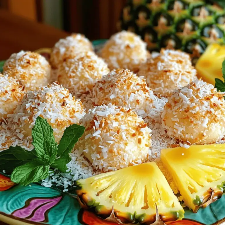 Coconut macaroons are simple yet delightful treats. Here's what you need to make them: - 3 cups shredded coconut - 1 cup sweetened condensed milk - 1 teaspoon vanilla extract - 1/4 teaspoon almond extract - 2 large egg whites - 1/4 cup all-purpose flour - 1/2 cup semi-sweet chocolate chips (optional) - 1/4 teaspoon salt 1. Shredded coconut: This is the star of the show! Use sweetened coconut for a burst of flavor. 2. Sweetened condensed milk: This thick milk adds sweetness and helps bind the coconut together. 3. Flavorings: I love adding 1 teaspoon of vanilla extract for warmth. A touch of almond extract (1/4 teaspoon) gives a nice twist. 4. Binding agents: Two large egg whites help the mixture hold together. The 1/4 cup of all-purpose flour adds structure. 5. Optional chocolate chips: If you want a rich treat, add 1/2 cup of semi-sweet chocolate chips. 6. Seasoning: A pinch of salt (1/4 teaspoon) balances the sweetness and enhances the flavor. These ingredients work together to create a chewy, sweet bite that melts in your mouth. You can find the full recipe for mixing and baking these treats. Each ingredient plays a key role in making coconut macaroons a favorite dessert! Step 1: Preheating the oven Start by preheating your oven to 325°F (160°C). This step is key to getting a nice, golden color on your macaroons. Step 2: Preparing the baking sheet Line a baking sheet with parchment paper. This helps the macaroons not stick. A clean sheet is important for easy cleanup. Step 3: Combining coconut and wet ingredients In a large bowl, mix 3 cups of shredded sweetened coconut with 1 cup of sweetened condensed milk. Add in 1 teaspoon of vanilla extract, 1/4 teaspoon of almond extract, and 1/4 teaspoon of salt. Stir until the coconut is coated well. Step 4: Beating egg whites and folding in In a separate bowl, beat 2 large egg whites until stiff peaks form. This means the egg whites should hold their shape. Gently fold the beaten egg whites into the coconut mixture. Be careful not to deflate the egg whites. Step 5: Forming macaroons and spacing on the sheet Using a tablespoon or a small cookie scoop, drop spoonfuls of the mixture onto the prepared baking sheet. Space them about 1 inch apart to allow for spreading. Step 6: Baking time and checking for doneness Bake in your preheated oven for 15-20 minutes. Keep an eye on them. You want the edges to be golden brown. If you want to add chocolate, melt it and drizzle it over the macaroons right after baking. Enjoy the process and look forward to your sweet coconut treats! For the full recipe, check out the details above. To get the best coconut macaroons, focus on making stiff peaks with your egg whites. Stiff peaks mean the egg whites hold shape well. This helps your macaroons rise and stay fluffy. When you fold the egg whites into the coconut mix, do it gently. This keeps air in your batter, which makes the macaroons light and airy. Baking on parchment paper gives you the best results. It helps the macaroons not stick to the pan. If you use greased sheets, they might spread too much. Keep your oven temperature at 325°F (160°C) for even baking. This helps the edges turn golden without burning. Always check your macaroons towards the end of baking time for the perfect color. Add a fun chocolate drizzle to your macaroons for extra flair. Melt semi-sweet chocolate chips in the microwave. Drizzle it over warm macaroons as soon as they come out of the oven. For a lovely presentation, arrange the macaroons on a colorful platter. You can also garnish with fresh mint leaves. Serve with pineapple slices for a tropical touch. This makes your treat look and taste even better. For the full recipe, follow the instructions and tips above to create your own coconut macaroons. {{image_2}} You can change up your coconut macaroons with fun flavors. Try adding pineapple or lime zest for a tropical twist. This brightens up the sweet coconut. You can also mix in chopped almonds or hazelnuts. These nuts add a nice crunch and depth. If you need gluten-free macaroons, use almond flour instead of all-purpose flour. This keeps the treat light and tasty. For vegan options, swap the egg whites with aquafaba, the liquid from canned beans. It whips up just like egg whites and binds the macaroons well. You can make special macaroons for holidays, too. For example, use peppermint extract for a fresh winter treat. Or, try pumpkin spice for a cozy autumn flavor. You can also shape the macaroons into fun forms. Use cookie cutters for birthdays or celebrations. These variations keep coconut macaroons exciting and fun to make. Check out the Full Recipe to get started on your tasty journey! Store your coconut macaroons at room temperature for short-term use. They taste best fresh. If you want to keep them longer, refrigeration works too. Use an airtight container to prevent them from drying out. This helps maintain their sweet taste and chewy texture. Homemade macaroons can last about five days at room temperature. In the fridge, they may last up to ten days. Always check for signs of spoilage. If they smell off or look dry, it’s time to toss them. Fresh macaroons should feel soft and moist. To freeze coconut macaroons, place them in a single layer on a baking sheet. Freeze them for about an hour. Once they are firm, transfer them to a freezer-safe bag. Make sure to remove as much air as possible. To thaw, leave them in the fridge overnight. This keeps their soft texture intact. For the full recipe, check out the Tropical Coconut Delights section. Macaroons and macarons are quite different. Macaroons are thick, chewy cookies made with coconut. They often have a sweet, moist texture. On the other hand, macarons are delicate sandwich cookies made with almond flour. They have a crisp shell and a creamy filling. The key difference lies in their main ingredients and texture. Yes, you can use unsweetened coconut. However, the taste will be less sweet. If you choose unsweetened coconut, add more sugar or sweetened condensed milk. This will help balance the flavors. Sweetened coconut gives that lovely taste and texture we all love. To make your coconut macaroons chewier, try a few tricks. First, add a bit more sweetened condensed milk. This adds moisture. Second, bake them for a shorter time. A slightly softer center will keep them chewy. Lastly, use larger coconut flakes for a more satisfying bite. Here are common mistakes to avoid: - Not measuring ingredients correctly: This can change the texture. - Overmixing the batter: Mix just enough to combine the ingredients. - Not beating egg whites enough: Stiff peaks are key for a light texture. - Baking at the wrong temperature: Ensure your oven is at 325°F for even baking. Follow these tips to make perfect macaroons! For the full recipe, check out the Tropical Coconut Delights. Coconut macaroons are simple yet delicious treats. By combining shredded coconut, sweetened condensed milk, and egg whites, you create a chewy delight. Remember, stiff peaks and proper folding make a big difference. You can also explore variations to match any celebration or diet. Store them correctly to keep them fresh longer. Now that you know the steps, tips, and tricks, it's time to bake! Enjoy the process, and share your tasty results with others. Happy baking!