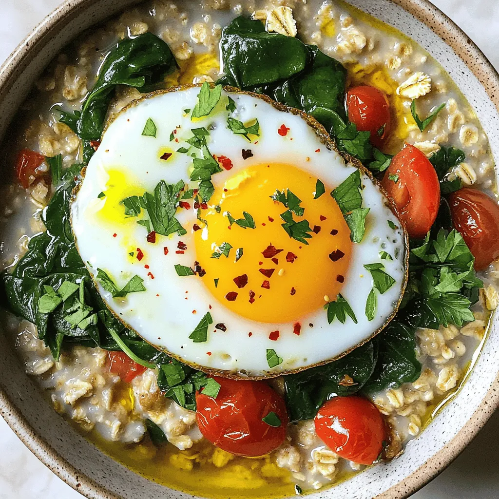 To create a hearty bowl of savory oatmeal, gather these key ingredients: - 1 cup rolled oats - 2 cups vegetable broth (or water) - 1 teaspoon olive oil - 1 small onion, diced - 2 garlic cloves, minced - 1 cup spinach, chopped - 1 medium tomato, diced - 2 large eggs - Salt and pepper to taste - Red pepper flakes (optional, for heat) - Fresh parsley, chopped (for garnish) These ingredients work together to make a filling and tasty meal. Feel free to customize your savory oatmeal with these optional garnishes and seasonings: - Sliced avocado for creaminess - Crumbled feta cheese for saltiness - Cooked bacon or sausage for extra protein - Sriracha or hot sauce for a spicy kick These extras can enhance the flavor and texture of your dish. Each ingredient in savory oatmeal offers unique health benefits: - Rolled oats: High in fiber, they promote digestive health and keep you full. - Vegetable broth: Adds flavor without extra calories and provides hydration. - Olive oil: Contains healthy fats that support heart health. - Onion: Rich in antioxidants, onions can boost immunity and add flavor. - Garlic: Known for its health benefits, garlic may help reduce blood pressure. - Spinach: Packed with vitamins A and C, spinach supports overall health. - Tomato: Contains lycopene, which may reduce the risk of certain cancers. - Eggs: A great source of protein, eggs help build and repair tissues. - Salt and pepper: Essential for enhancing flavors in your dish. - Red pepper flakes: Can boost metabolism and add a nice heat. - Fresh parsley: A good source of vitamins K and C, parsley adds color and freshness. These ingredients not only make your oatmeal tasty but also boost its nutrition. You can find the full recipe [here](#). Start by boiling your vegetable broth or water in a medium saucepan. Use medium heat for this step. Once it reaches a boil, add the rolled oats. Stir them in and lower the heat to simmer. Let the oats cook for about 5 minutes. Stir them occasionally, and check if they are to your liking. You want them soft but not mushy. While the oats cook, grab a skillet and heat the olive oil over medium heat. Add the diced onion first. Sauté it for 3 to 4 minutes until it turns translucent. This adds a sweet flavor. Next, toss in the minced garlic. Sauté it for another minute until you smell its rich aroma. Then, add the chopped spinach and diced tomato. Cook until the spinach wilts and the tomatoes soften, which takes about 2 to 3 minutes. Season with salt, pepper, and red pepper flakes if you like some heat. In a separate small pan, cook your eggs as you prefer. You can poach, fry, or scramble them. Each method brings a different taste and texture. For a creamy touch, a poached egg works great. If you like a crispy edge, go for a fried egg. Once your oats are ready, fold them gently into the vegetable mixture in the skillet. Mix everything well until it combines evenly. Adjust the seasoning if needed. Now, serve the savory oatmeal in bowls. Top each bowl with a cooked egg. Don’t forget to garnish with fresh parsley for a pop of color. This dish is now ready to enjoy! For a complete guide, check the Full Recipe. To get creamy oatmeal, use the right liquid ratio. I like using two parts broth to one part oats. This mix gives a smooth texture. Cook it on low heat for a tender bite. Stir often to avoid clumping. If you like it thicker, add less broth. For a soupier feel, add more broth. Taste your oatmeal as it cooks. This helps you find your perfect consistency. Savory oatmeal is fun to play with! You can mix in many flavors. Try adding cheese, herbs, or spices. For a zesty touch, add lemon juice. You can also use different veggies like bell peppers or mushrooms. Want some protein? Try adding bacon or sausage. Each choice gives a new twist to the dish. Your taste buds will love the adventure! Meal prep can save you time. Cook a big batch of oats and store them. You can reheat them for quick meals. Pre-chop your veggies too. This makes cooking faster. If you want eggs ready, cook them in advance. Store them in the fridge. You can warm them up when you eat. This way, you can enjoy your savory oatmeal even on busy days. For the full recipe, check out the main article. {{image_2}} You can make savory oatmeal without meat. Use a mix of veggies you love. Try mushrooms, bell peppers, or zucchini. These add great texture and flavor. You can also swap the eggs for tofu. Scramble firm tofu in the pan. It absorbs flavors well and fits right in. Want more protein? Add beans or lentils to your oatmeal. Black beans or chickpeas work great. They make the meal heartier and keep you full longer. You might also sprinkle in some cheese. Feta, cheddar, or goat cheese add creaminess. For a nutty twist, toss in some seeds or nuts. Pumpkin seeds or walnuts add crunch. You can cook savory oatmeal in various ways. Try baking it for a different texture. Mix the oats and broth, then add veggies. Pour it in a baking dish and bake at 350°F for 20 minutes. You can also make it in a slow cooker. Combine all ingredients and cook on low for a few hours. This method makes it super easy and flavorful. Explore these options to find your favorite! For the full recipe, check out the detailed section earlier in the article. Store leftover savory oatmeal in an airtight container. Make sure it cools first. Keep it in the fridge for up to three days. If you want to save it longer, consider freezing it. When you reheat oatmeal, add a splash of water or broth. This helps keep it moist. Heat it in a pot over low heat, stirring often. You can also use a microwave, but cover it to avoid splatter. Reheat in short bursts, stirring in between. Savory oatmeal lasts about three days in the fridge. For freezing, use a freezer-safe container. It can stay fresh for up to three months. To enjoy later, thaw it overnight in the fridge before reheating. This way, you keep all the flavors intact. Yes, you can use steel-cut oats. They will take longer to cook. Steel-cut oats need about 20-30 minutes of cooking time. They have a chewier texture and a nutty flavor. If you prefer them, adjust your cooking time accordingly. You can add many tasty toppings to savory oatmeal. Here are some favorites: - Sliced avocado for creaminess - Cooked bacon or sausage for protein - Sautéed mushrooms for earthiness - Feta cheese or goat cheese for tang - Fresh herbs like chives or cilantro for freshness Feel free to mix and match to find your favorite combinations. To make savory oatmeal heartier, add more protein or healthy fats. Here are some ideas: - Include a scoop of Greek yogurt for creaminess - Mix in chickpeas or lentils for added fiber - Top with nuts or seeds for crunch - Add more eggs, or use larger eggs These additions will keep you full longer and boost nutrition. Yes, savory oatmeal is great for meal prep. You can cook a large batch and store it in the fridge. Here are some tips: - Divide into individual containers for easy grab-and-go meals - Store toppings separately to keep them fresh - Reheat in the microwave, adding a splash of broth or water to moisten This makes breakfast or lunch quick and easy all week. For the full recipe, check out the earlier section. Savory oatmeal is a tasty and healthy meal. We covered ingredients, cooking steps, and tips for success. Remember to experiment with flavors and textures. Use leftovers wisely to create new meals. Try different methods to make savory oatmeal fit your taste. With the right ingredients, you can enjoy a filling dish anytime. Dive in and enjoy your savory oatmeal adventure!