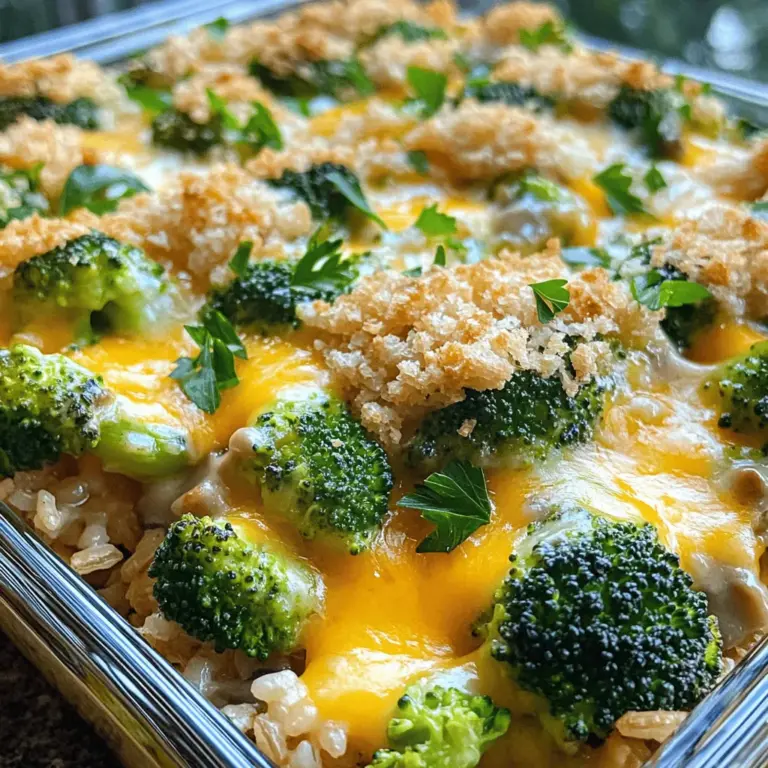 To make Cheesy Broccoli Rice Casserole, gather these simple ingredients: - 2 cups uncooked brown rice - 4 cups vegetable broth - 3 cups fresh broccoli florets - 1 cup shredded sharp cheddar cheese - 1 cup cream of mushroom soup (canned or homemade) - 1/2 cup milk - 1 medium onion, diced - 2 cloves garlic, minced - 1 teaspoon paprika - 1 teaspoon black pepper - Salt to taste - 1/2 cup breadcrumbs - 2 tablespoons olive oil You can easily swap some ingredients based on what you have: - Use white rice instead of brown rice for a softer texture. - Swap vegetable broth with chicken broth for a different flavor. - If you don’t like cheddar, try mozzarella or gouda cheese. - You can use any cream soup if mushroom is not available. - For a dairy-free option, use almond milk and a plant-based cheese. This casserole shines with seasonal ingredients: - In spring, add peas for a pop of color and sweetness. - Summer brings fresh corn for extra crunch and sweetness. - Fall is perfect for adding roasted butternut squash for warmth. - In winter, kale or spinach can add healthy greens to the mix. Each of these tips helps to customize your casserole and keeps it fresh. Experimenting with different ingredients can make every meal unique and fun! Check out the Full Recipe for more details on making this delicious dish. Start by washing 2 cups of uncooked brown rice. Rinse it under cold water to remove extra starch. Then, combine the rice with 4 cups of vegetable broth in a medium pot. Bring this mixture to a boil. After it boils, cover the pot and reduce the heat. Let it simmer for about 45 minutes. The rice will be tender and soak up all the broth. While the rice cooks, heat 2 tablespoons of olive oil in a large skillet over medium heat. Add 1 medium diced onion and cook for 5 minutes. You want the onion to turn soft and clear. Next, add 2 cloves of minced garlic and cook for 1 more minute. The garlic will smell great! Now, toss in 3 cups of fresh broccoli florets. Sauté these for 3-4 minutes until they turn bright green and get a bit tender. In a big bowl, mix the cooked rice, sautéed broccoli, and onion. Add 1 cup of cream of mushroom soup and 1/2 cup of milk. Then, stir in 1 cup of shredded sharp cheddar cheese, 1 teaspoon of paprika, black pepper, and salt to taste. Make sure everything is well mixed and coated. Transfer this mixture to your greased 9x13 inch baking dish. Spread it out evenly. Finally, sprinkle 1/2 cup of breadcrumbs on top for a crunchy finish. Preheat your oven to 350°F (175°C) if you haven’t already. Place the baking dish in the oven and bake for 30 minutes. The casserole should be bubbly and the top golden brown. Once it’s done, take it out and let it sit for 5-10 minutes before serving. This step helps it set up nicely. Enjoy your Cheesy Broccoli Rice Casserole! For the full recipe, check out the complete instructions above. To cook rice just right, use vegetable broth instead of water. The broth adds flavor. Rinse the brown rice before cooking. This removes extra starch and helps it cook better. Use a pot with a tight lid to keep steam in as it cooks. Bring the broth to a boil, then turn the heat down low. Let it simmer for about 45 minutes. Check your rice at the end. It should be tender and absorb the broth well. Adding layers of flavor makes your casserole stand out. Start by sautéing onions and garlic in olive oil. This gives a sweet, rich base. Broccoli should be bright green and tender but still crisp. For extra flavor, sprinkle paprika and black pepper as you mix the ingredients. A touch of salt balances all the tastes. You can also try adding a splash of lemon juice for brightness. Serving your casserole well makes it more appealing. After baking, let it sit for a few minutes. This helps it set and makes serving easier. Top with extra cheese or fresh herbs, like parsley. This adds color and freshness. Use a large spoon and scoop out portions carefully to keep it neat. Serve it warm to keep that cheesy goodness intact. For a fun touch, pair it with a side salad for a complete meal. You can find the full recipe [here](#). {{image_2}} You can easily add protein to this dish. Chicken works well for meat lovers. Cook and shred the chicken before mixing it in. Tofu is a great plant-based choice. Simply press and cube the tofu, then sauté it until golden. Mix either protein into your casserole for a hearty meal. If you need a gluten-free version, swap the regular breadcrumbs. Use gluten-free breadcrumbs instead. You can also make your own from gluten-free bread. Be sure the cream of mushroom soup is gluten-free too. This way, everyone can enjoy this comforting dish. For a vegetarian twist, stick with your favorite cheese and cream soup. If you want it vegan, use plant-based cheese and a vegan cream soup. Almond milk or soy milk can replace regular milk. This keeps the casserole creamy and tasty without dairy. To keep your Cheesy Broccoli Rice Casserole fresh, store it in an airtight container. Let it cool before sealing. Place it in the fridge if you plan to eat it within three days. For longer storage, you can freeze it. To reheat your casserole, first, take it out of the fridge or freezer. If frozen, let it thaw overnight in the fridge. Preheat your oven to 350°F (175°C). Cover the casserole with foil and heat for about 20-25 minutes. This keeps it moist and warm. You can also microwave it for quicker results. Just heat in short bursts, stirring in between. If you want to freeze the casserole, make sure it cools completely. Portion it into smaller containers for easy serving later. Wrap each one tightly with plastic wrap, then foil. This will help prevent freezer burn. You can freeze it for up to three months. When ready to enjoy, thaw and reheat as mentioned above. For the complete recipe, check out the Full Recipe. You should bake Cheesy Broccoli Rice Casserole for about 30 minutes. This time allows the dish to become hot and bubbly. The top will turn golden brown, adding a nice crunch. Make sure to check it toward the end. If it looks golden and smells great, it’s ready! Yes, you can make Cheesy Broccoli Rice Casserole ahead of time. Prepare the casserole and store it in the fridge. Cover it tightly with plastic wrap or foil. It can stay fresh for up to two days before baking. When you're ready to bake, let it sit out for a bit. This helps it cook evenly. Then, bake it as directed in the Full Recipe. Cheesy Broccoli Rice Casserole pairs well with many dishes. Here are some tasty ideas: - Grilled chicken or fish for protein - A fresh side salad for crunch - Roasted vegetables for extra flavor - Bread rolls for a filling meal These options complement the creamy, cheesy flavors of the casserole. Enjoy mixing and matching to find your perfect meal! This blog post covered the key ingredients and methods for making Cheesy Broccoli Rice Casserole. You learned about ingredient substitutions, seasonal variations, and how to prepare the dish step by step. We also discussed tips for perfect rice, flavor enhancement, and presentation. Finally, we explored variations like protein options and gluten-free choices, along with storage best practices. Now you have everything you need to create a delicious casserole. Enjoy experimenting with flavors and sharing your tasty results!