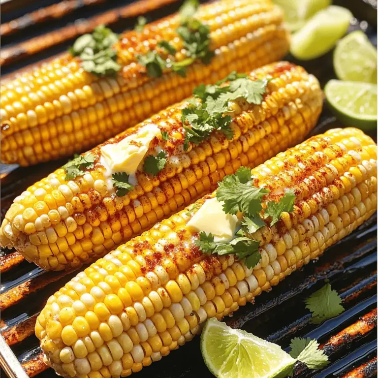 For this tasty chili lime corn on the cob, you need: - 4 ears of fresh corn, husked - 3 tablespoons lime juice - 1 teaspoon chili powder (adjust to taste) - 1/2 teaspoon smoked paprika - 1/2 teaspoon garlic powder - 1/4 teaspoon salt - 1/4 teaspoon black pepper - 2 tablespoons butter, melted - Fresh cilantro, chopped (for garnish) - Lime wedges (for serving) I always prefer fresh corn for this recipe. Fresh corn has a sweet, crisp taste that frozen corn can't match. When you bite into fresh corn, the juices burst with flavor. This makes it perfect for grilling! If you can’t find fresh corn, frozen corn works too, but it won’t have the same texture. You may want to thaw it first. Want to mix it up? You can try different spices. Here are a few ideas: - Use lime zest for more lime flavor. - Swap chili powder with cayenne for extra heat. - Add parmesan cheese for a cheesy twist. - Try fresh herbs like basil or parsley for a unique taste. Feel free to get creative! This recipe is all about flavor and fun. Check out the Full Recipe for more details. Start by husking the corn. You need to remove the outer layers and silk fully. Make sure no strands remain. This step is key for even cooking. After husking, rinse the corn under cold water. This cleans any remaining dirt. Next, mix the spices. In a small bowl, combine lime juice, chili powder, smoked paprika, garlic powder, salt, and black pepper. This mix gives the corn a bold flavor. Adjust the chili powder to suit your taste. Preheat your grill to medium-high heat. Aim for about 400°F (200°C). While the grill heats, brush the melted butter over each corn ear. Make sure to coat every side. Then, sprinkle the spice mix evenly on the corn. Now it’s time to grill! Place the corn directly on the grill. Cook it for about 10-15 minutes. Turn the corn every few minutes. Look for nice grill marks and tender kernels. Once done, remove the corn from the grill. For the best results, always preheat your grill. This helps the corn cook evenly. Don’t rush the cooking time. Allow the corn to get those delicious grill marks. If you want a smoky flavor, use soaked wood chips on the grill. You can also wrap corn in foil for softer results. Lastly, fresh cilantro adds a nice touch. Garnish with it after grilling. Serve with lime wedges for a zesty finish. For the complete recipe, check out the Full Recipe section. To make the flavor pop, use fresh lime juice. Fresh juice brightens the dish and adds zest. You can also mix in some cilantro or other herbs for added depth. If you like heat, add more chili powder. A sprinkle of cheese at the end can boost richness too. Grill the corn on medium-high heat. This helps get those nice grill marks. Turn the corn every few minutes for even cooking. Keep an eye on the corn so it doesn’t burn. For extra flavor, soak the corn in water for about 30 minutes before grilling. This makes it juicier. Avoid grilling corn with the husks still on. The husks trap steam and won’t let the corn cook properly. Don’t skip the butter. It helps the spices stick and adds flavor. Finally, don’t rush the process. Take your time to get the corn perfectly grilled. For the full recipe, check out the instructions above. {{image_2}} To make your corn extra spicy, you can add more chili powder. I sometimes mix in diced jalapeños for a kick. Simply toss them with the corn before grilling. This adds heat and flavor. You can also sprinkle cayenne pepper on top after grilling for an extra punch. If you love cheese, try adding cotija or feta. After grilling, sprinkle the cheese on the hot corn. The heat will melt the cheese a bit and create a creamy texture. You can also mix cheese into the spice blend before brushing it on the corn. This gives the corn a rich, savory flavor that pairs well with the lime. For a vegan twist, swap butter for olive oil. Brush the corn with olive oil before adding your spice mix. This keeps the corn moist and adds a nice taste. You can also skip the cheese or use a dairy-free alternative. The flavors still shine through, and everyone can enjoy this tasty dish! For the full recipe, check out the Chili Lime Corn on the Cob section above. Enjoy exploring these fun variations! To store leftover corn, let it cool first. Place the corn in an airtight container. You can keep it in the fridge for up to three days. If you want to enjoy it later, make sure to seal it well. When ready to eat, reheat the corn in the microwave. Place it on a microwave-safe plate. Heat for 1-2 minutes, or until hot. You can also grill it again for a few minutes. This helps to bring back some of that delicious char. To freeze chili lime corn, wrap each ear tightly in plastic wrap. Then place them in a freezer bag. They can stay frozen for up to six months. When you want to use them, thaw in the fridge overnight. Then, grill or reheat as you like. This way, you can enjoy this tasty treat anytime! For the full recipe, you can always refer back to the main article. It takes about 10-15 minutes to grill corn on the cob. Start by preheating your grill to medium-high heat, around 400°F. Place the husked corn directly on the grill. Turn it occasionally. This way, you get even cooking and nice grill marks. You will know it’s done when the kernels are tender. Yes, you can make this recipe without a grill. You can boil or bake the corn instead. If boiling, cook the corn in salted water for 5-7 minutes. For baking, wrap the corn in foil and bake at 400°F for about 25 minutes. You can still use the same chili lime topping for flavor. Chili lime corn on the cob pairs well with many dishes. You can serve it with grilled meats, like chicken or steak. It also goes great with tacos or salads. For a full meal, add rice or beans. Don't forget to serve lime wedges for extra zing! Don’t miss the full recipe for complete instructions. This post covered the best ways to prepare corn on the cob. We explored ingredients, including fresh versus frozen corn. You learned grilling steps, tips for flavor, and common mistakes to avoid. Variations like spicy or cheesy corn add fun twists. Proper storage keeps leftovers tasty for later use. In conclusion, with these easy tips, you'll enjoy delicious grilled corn every time. Get creative and make it your own!
