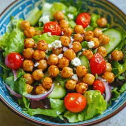 - 1 can (15 oz) chickpeas, drained and rinsed - 2 tablespoons olive oil - 1 teaspoon smoked paprika - 1/2 teaspoon garlic powder - Salt and black pepper to taste - 4 cups mixed salad greens (arugula, spinach, and romaine) - 1 cup cherry tomatoes, halved - 1 cucumber, diced - 1/4 red onion, thinly sliced - 1/4 cup feta cheese, crumbled (optional) - 2 tablespoons lemon juice - 1 tablespoon balsamic vinegar This salad is a great way to enjoy healthy and tasty food. Start with chickpeas. They are full of protein and fiber. I love using canned chickpeas for convenience. Just drain and rinse them well. This cuts down on sodium and helps get them crispy. Next, we use olive oil. It adds healthy fats and a nice flavor. Smoked paprika gives the chickpeas a warm, smoky taste. Garlic powder adds depth, while salt and pepper bring it all together. For the salad, mixed greens make a great base. I often use arugula, spinach, and romaine. They add color and crunch. Cherry tomatoes bring sweetness, while cucumber adds a refreshing bite. A little red onion gives a nice zing. If you want to, sprinkle feta cheese on top for creaminess. For the dressing, lemon juice adds brightness. Balsamic vinegar gives a touch of sweetness and tang. This simple mix elevates the salad's taste. Want the full details on how to make this dish? Check out the Full Recipe! First, preheat your oven to 400°F (200°C). This step helps the chickpeas get nice and crunchy. Next, take a can of chickpeas, drain and rinse them well. Spread the chickpeas on a baking sheet in a single layer. Pat them dry with a paper towel. This is key for crispiness! Now, let’s season the chickpeas. Drizzle 2 tablespoons of olive oil over them. Then, sprinkle on 1 teaspoon of smoked paprika, 1/2 teaspoon of garlic powder, and add salt and black pepper to taste. Toss the chickpeas to coat them evenly. Roast them for 25-30 minutes, shaking the pan halfway through. You want them golden and crispy. While the chickpeas roast, it's time to make the salad. In a large bowl, mix 4 cups of your choice of salad greens. I like a mix of arugula, spinach, and romaine. Add 1 cup of halved cherry tomatoes, 1 diced cucumber, and 1/4 of a thinly sliced red onion. This mix brings great colors and flavors! For the dressing, whisk together 2 tablespoons of lemon juice and 1 tablespoon of balsamic vinegar in a small bowl. Drizzle this over the salad and toss to combine. Once the chickpeas are crispy and golden, let them cool slightly. Then, add them to the salad. If you want to, sprinkle 1/4 cup of crumbled feta cheese on top. Toss the salad gently to mix everything. Serve it right away for the best texture and flavor! Enjoy every bite of your crispy chickpea salad! For the full recipe, check the details above. To make great crispy chickpeas, drying them is key. After rinsing, use a paper towel to pat them dry. This step helps them crisp up in the oven. For roasting, spread them out in a single layer on a baking sheet. This ensures even cooking. Bake at 400°F for 25-30 minutes. Shake the pan halfway through to get all sides crispy. To keep your salad fresh, wash all greens and veggies just before serving. Store prepped ingredients separately if you make it ahead. This way, they won’t wilt. Serve your salad right after mixing. This keeps the texture perfect and the chickpeas crunchy. Add a twist to your salad with herbs and spices. Fresh basil or parsley can brighten the dish. For a kick, try adding crushed red pepper flakes. Toppings like avocado or nuts can add texture. You can also sprinkle some sunflower seeds for extra crunch. These small changes can elevate your Crispy Chickpea Salad even more. For the complete recipe, check out the [Full Recipe]. {{image_2}} You can boost the protein in this salad easily. Grilled chicken adds a nice taste and texture. Simply cook the chicken on the grill and slice it. It pairs well with the chickpeas. Tofu is a great option, too. Just press the tofu, cube it, and sauté it until golden. This makes it crispy and adds a fun bite. If you want a vegetarian option, consider using tempeh. It has a nutty flavor that complements the salad well. Using seasonal veggies makes this salad even better. In spring, try adding asparagus or peas for freshness. Summer calls for sweet corn and bell peppers. Fall is perfect for roasted squash or beets. In winter, consider adding hearty greens like kale. You can also switch up the dressing. Try adding honey or mustard to your lemon and vinegar mix. This gives a new twist to the flavor. If you want a vegan version, skip the feta cheese. You can add avocado for creaminess instead. It gives a rich feel without dairy. For gluten-free diets, this salad is already safe. Just make sure your dressing has no gluten ingredients. You can also add quinoa for a gluten-free grain option. This keeps the meal filling and healthy. To keep your crispy chickpea salad fresh, you need a good plan. First, store the salad and chickpeas separately. This step keeps the chickpeas crunchy. Use an airtight container for the salad greens and veggies. A glass container works best because it seals well. If you have feta, keep it in its own small container. This way, it stays fresh and does not mix with the salad. When you want to enjoy your crispy chickpeas again, reheating is key. Preheat your oven to 375°F (190°C). Spread the chickpeas on a baking sheet. Bake for about 5 to 10 minutes. Watch them closely to maintain their crunchiness. Avoid using the microwave, as it will make them soft. For the best taste, eat the salad within two days. The salad greens will start to wilt after that. Store the chickpeas for up to one week in the fridge. They will stay crispy if stored correctly. If you want to keep them longer, freeze them. Just remember to thaw before reheating. For the full recipe, check out the other sections! You can make chickpeas crispy on the stove. Use a skillet over medium heat. Add olive oil, then add rinsed chickpeas. Stir them often for about 10-15 minutes. They will become crunchy and golden. This method works well if you don’t have an oven. Yes, you can prepare parts of the salad ahead of time. Chop the veggies and store them in the fridge. Keep the crispy chickpeas separate until you serve. This way, your salad stays fresh and crunchy. If you want to skip feta cheese, try using goat cheese or a vegan cheese. You can also use avocado for creaminess. Each option adds a unique flavor to the salad. Yes, this salad is great for meal prep. Just store the ingredients separately. Keep the dressing in a jar. This keeps everything fresh. When ready to eat, combine and enjoy! Absolutely! Canned chickpeas work well in this recipe. Just drain and rinse them before use. They save you time and still taste great. For the full recipe, check the details above. This blog post shared how to make a crispy chickpea salad. We covered essential ingredients, step-by-step instructions, and tips for perfect results. You learned how to add flavor and adjust for your diet. Freshness is key, so serve right away for the best taste. Remember, this salad is easy to make and can fit any meal. Enjoy trying different variations! Your kitchen will thank you.