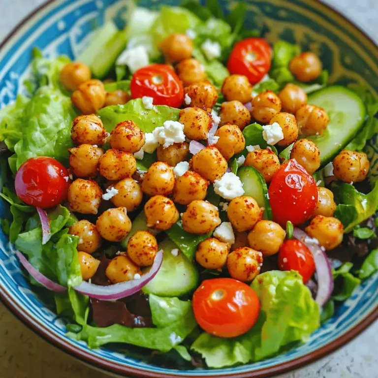 - 1 can (15 oz) chickpeas, drained and rinsed - 2 tablespoons olive oil - 1 teaspoon smoked paprika - 1/2 teaspoon garlic powder - Salt and black pepper to taste - 4 cups mixed salad greens (arugula, spinach, and romaine) - 1 cup cherry tomatoes, halved - 1 cucumber, diced - 1/4 red onion, thinly sliced - 1/4 cup feta cheese, crumbled (optional) - 2 tablespoons lemon juice - 1 tablespoon balsamic vinegar This salad is a great way to enjoy healthy and tasty food. Start with chickpeas. They are full of protein and fiber. I love using canned chickpeas for convenience. Just drain and rinse them well. This cuts down on sodium and helps get them crispy. Next, we use olive oil. It adds healthy fats and a nice flavor. Smoked paprika gives the chickpeas a warm, smoky taste. Garlic powder adds depth, while salt and pepper bring it all together. For the salad, mixed greens make a great base. I often use arugula, spinach, and romaine. They add color and crunch. Cherry tomatoes bring sweetness, while cucumber adds a refreshing bite. A little red onion gives a nice zing. If you want to, sprinkle feta cheese on top for creaminess. For the dressing, lemon juice adds brightness. Balsamic vinegar gives a touch of sweetness and tang. This simple mix elevates the salad's taste. Want the full details on how to make this dish? Check out the Full Recipe! First, preheat your oven to 400°F (200°C). This step helps the chickpeas get nice and crunchy. Next, take a can of chickpeas, drain and rinse them well. Spread the chickpeas on a baking sheet in a single layer. Pat them dry with a paper towel. This is key for crispiness! Now, let’s season the chickpeas. Drizzle 2 tablespoons of olive oil over them. Then, sprinkle on 1 teaspoon of smoked paprika, 1/2 teaspoon of garlic powder, and add salt and black pepper to taste. Toss the chickpeas to coat them evenly. Roast them for 25-30 minutes, shaking the pan halfway through. You want them golden and crispy. While the chickpeas roast, it's time to make the salad. In a large bowl, mix 4 cups of your choice of salad greens. I like a mix of arugula, spinach, and romaine. Add 1 cup of halved cherry tomatoes, 1 diced cucumber, and 1/4 of a thinly sliced red onion. This mix brings great colors and flavors! For the dressing, whisk together 2 tablespoons of lemon juice and 1 tablespoon of balsamic vinegar in a small bowl. Drizzle this over the salad and toss to combine. Once the chickpeas are crispy and golden, let them cool slightly. Then, add them to the salad. If you want to, sprinkle 1/4 cup of crumbled feta cheese on top. Toss the salad gently to mix everything. Serve it right away for the best texture and flavor! Enjoy every bite of your crispy chickpea salad! For the full recipe, check the details above. To make great crispy chickpeas, drying them is key. After rinsing, use a paper towel to pat them dry. This step helps them crisp up in the oven. For roasting, spread them out in a single layer on a baking sheet. This ensures even cooking. Bake at 400°F for 25-30 minutes. Shake the pan halfway through to get all sides crispy. To keep your salad fresh, wash all greens and veggies just before serving. Store prepped ingredients separately if you make it ahead. This way, they won’t wilt. Serve your salad right after mixing. This keeps the texture perfect and the chickpeas crunchy. Add a twist to your salad with herbs and spices. Fresh basil or parsley can brighten the dish. For a kick, try adding crushed red pepper flakes. Toppings like avocado or nuts can add texture. You can also sprinkle some sunflower seeds for extra crunch. These small changes can elevate your Crispy Chickpea Salad even more. For the complete recipe, check out the [Full Recipe]. {{image_2}} You can boost the protein in this salad easily. Grilled chicken adds a nice taste and texture. Simply cook the chicken on the grill and slice it. It pairs well with the chickpeas. Tofu is a great option, too. Just press the tofu, cube it, and sauté it until golden. This makes it crispy and adds a fun bite. If you want a vegetarian option, consider using tempeh. It has a nutty flavor that complements the salad well. Using seasonal veggies makes this salad even better. In spring, try adding asparagus or peas for freshness. Summer calls for sweet corn and bell peppers. Fall is perfect for roasted squash or beets. In winter, consider adding hearty greens like kale. You can also switch up the dressing. Try adding honey or mustard to your lemon and vinegar mix. This gives a new twist to the flavor. If you want a vegan version, skip the feta cheese. You can add avocado for creaminess instead. It gives a rich feel without dairy. For gluten-free diets, this salad is already safe. Just make sure your dressing has no gluten ingredients. You can also add quinoa for a gluten-free grain option. This keeps the meal filling and healthy. To keep your crispy chickpea salad fresh, you need a good plan. First, store the salad and chickpeas separately. This step keeps the chickpeas crunchy. Use an airtight container for the salad greens and veggies. A glass container works best because it seals well. If you have feta, keep it in its own small container. This way, it stays fresh and does not mix with the salad. When you want to enjoy your crispy chickpeas again, reheating is key. Preheat your oven to 375°F (190°C). Spread the chickpeas on a baking sheet. Bake for about 5 to 10 minutes. Watch them closely to maintain their crunchiness. Avoid using the microwave, as it will make them soft. For the best taste, eat the salad within two days. The salad greens will start to wilt after that. Store the chickpeas for up to one week in the fridge. They will stay crispy if stored correctly. If you want to keep them longer, freeze them. Just remember to thaw before reheating. For the full recipe, check out the other sections! You can make chickpeas crispy on the stove. Use a skillet over medium heat. Add olive oil, then add rinsed chickpeas. Stir them often for about 10-15 minutes. They will become crunchy and golden. This method works well if you don’t have an oven. Yes, you can prepare parts of the salad ahead of time. Chop the veggies and store them in the fridge. Keep the crispy chickpeas separate until you serve. This way, your salad stays fresh and crunchy. If you want to skip feta cheese, try using goat cheese or a vegan cheese. You can also use avocado for creaminess. Each option adds a unique flavor to the salad. Yes, this salad is great for meal prep. Just store the ingredients separately. Keep the dressing in a jar. This keeps everything fresh. When ready to eat, combine and enjoy! Absolutely! Canned chickpeas work well in this recipe. Just drain and rinse them before use. They save you time and still taste great. For the full recipe, check the details above. This blog post shared how to make a crispy chickpea salad. We covered essential ingredients, step-by-step instructions, and tips for perfect results. You learned how to add flavor and adjust for your diet. Freshness is key, so serve right away for the best taste. Remember, this salad is easy to make and can fit any meal. Enjoy trying different variations! Your kitchen will thank you.