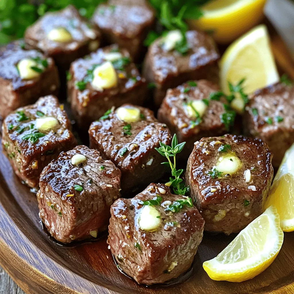 For the garlic butter steak bites, you will need: - 1 lb sirloin steak, cut into 1-inch cubes - 4 tablespoons unsalted butter, divided - 4 cloves garlic, minced - 1 teaspoon fresh thyme, chopped (or ½ teaspoon dried thyme) - Salt and pepper to taste - 1 tablespoon olive oil These ingredients work together to create a rich and savory dish that is sure to impress. The key spices and seasonings for this recipe include: - Salt - Pepper - Fresh thyme These enhance the flavor of the steak and the garlic butter sauce, adding depth and aroma. To elevate your dish, consider these optional garnishes: - Fresh parsley, for a pop of color - Lemon wedges, for a zesty kick Garnishes not only make your dish look pretty but also add fresh flavors. If you want to try a twist, serve the steak bites with toothpicks for easy sharing. For the full recipe, check out my complete guide. Start with the sirloin steak. Cut it into 1-inch cubes. These bite-sized pieces cook evenly and stay juicy. Season the steak cubes with salt and pepper. This simple step adds a lot of flavor. Make sure to coat them well. Set the seasoned steak aside while you prepare to cook. Heat a large skillet over medium-high heat. Add olive oil and let it shimmer. Once hot, add the steak cubes in a single layer. Don’t overcrowd the pan; this helps create a nice sear. Cook for 2-3 minutes on each side. You want them browned but still tender. When done, remove the steak bites from the skillet and set them aside. In the same skillet, reduce the heat to medium. Add 2 tablespoons of butter and let it melt. Then add the minced garlic and thyme. Cook until fragrant, about 1 minute. This step fills the kitchen with a great smell. Now, return the steak bites to the skillet. Toss them in the garlic butter until coated. Add the remaining butter and toss again. Remove from heat and garnish with fresh parsley if you like. Serve with lemon wedges for a bright touch. For the full recipe, be sure to check out the details provided above! Steak doneness is key to enjoying your meal. Here are the levels: - Rare: 125°F, cool red center. - Medium Rare: 135°F, warm red center. - Medium: 145°F, pink center. - Medium Well: 150°F, slightly pink. - Well Done: 160°F+, no pink. For steak bites, I recommend medium rare. This keeps the meat juicy and tender. Use a meat thermometer for best results. Insert it in the thickest part of the steak. To boost flavors, always season your steak well. Use salt and pepper before cooking. Fresh herbs, like thyme, add depth too. The garlic butter brings a rich taste. Make sure to cook garlic just until fragrant. Overcooking it can make it bitter. Toss the steak bites in garlic butter right after cooking. This makes every bite packed with flavor. If your steak bites are tough, you may have overcooked them. For best texture, follow the doneness guide. If the butter burns, lower the heat. This keeps the flavors intact. If you find the dish bland, add more salt or herbs. A squeeze of lemon brightens the dish, too. It’s all about balance! Enjoy your cooking journey with the full recipe for Garlic Butter Steak Bites. {{image_2}} You can use many cuts of steak for this dish. Sirloin is great, but other cuts can work well too. Try ribeye for a richer flavor. Tenderloin is also good; it’s very soft and juicy. Flank steak provides a nice chew and adds depth. Each cut gives a unique taste, so feel free to experiment. Adding more ingredients can change the flavor of your steak bites. For a kick, toss in some red pepper flakes. You can also add chopped mushrooms for earthiness. If you like a fresh taste, try adding diced tomatoes or bell peppers. Fresh herbs like rosemary or basil can also brighten the dish. Pairing these add-ins with garlic creates a lovely mix. While a skillet works great, other methods can bring new flavors. Try grilling the steak bites for a smoky taste. You can also use an air fryer for a crispy outside and tender inside. Broiling in the oven is another option; it cooks fast and gives a nice browning. Each method offers a unique way to enjoy garlic butter steak bites. For the full recipe, check out the detailed steps earlier. After cooking your garlic butter steak bites, let them cool to room temp. Then, place them in an airtight container. Store them in the fridge for up to three days. This keeps the steak tasty and fresh. When you’re ready to eat, just take them out and enjoy! If you want to save some steak bites for later, freezing is a great option. Place the cooled steak bites in a freezer-safe bag or container. Squeeze out all the air to prevent freezer burn. You can freeze them for up to three months. For best taste, use them sooner rather than later. To reheat, you have a few choices. The best way is to use a skillet. Heat the skillet on medium and add a bit of butter or oil. Add the steak bites and heat until warm. This way, they stay juicy. You can also use a microwave if you’re in a hurry. Place the steak bites on a plate and cover them with a damp paper towel. Heat in short bursts until warm. Enjoy your flavorful bites again! For the full recipe, check out the Garlic Butter Steak Bites section above. To make Garlic Butter Steak Bites, start with sirloin steak. Cut it into 1-inch cubes. Season the cubes with salt and pepper. Heat olive oil in a skillet over medium-high heat. Once hot, add the steak cubes in a single layer. Cook them for 2-3 minutes on each side until browned. Remove the steak from the skillet. In the same skillet, lower the heat and add butter. Once melted, add minced garlic and thyme. Cook until fragrant, about 1 minute. Return the steak to the skillet and toss in the garlic butter. Add more butter and mix until fully coated. Serve with parsley and lemon wedges. For the full recipe, check the detailed instructions above. Yes, you can use other meats for this recipe. Chicken breast or pork tenderloin work well. Just cut them into bite-sized pieces like the steak. Adjust cooking times based on the meat you choose. Chicken may need a bit longer to cook through. Always ensure the meat reaches a safe internal temperature. Garlic Butter Steak Bites taste great with many side dishes. Here are some tasty options: - Mashed potatoes - Steamed broccoli - Garlic bread - Roasted vegetables - Simple salad with vinaigrette These sides balance the rich flavors of the steak and add freshness to your meal. Enjoy experimenting with different combinations! In this post, we covered the key ingredients for garlic butter steak bites, including main components and flavorful spices. I shared step-by-step instructions to prepare, cook, and create a delicious garlic butter sauce. You learned tips for perfect doneness and flavor boosting, plus how to troubleshoot common issues. We explored variations in cuts of steak and cooking methods, and I provided storage and reheating tips. Enjoy making this dish and feel free to experiment. Happy cooking!