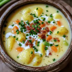 To make a great German potato soup, you need simple yet tasty ingredients. Here’s what you will need: - 4 large Yukon Gold potatoes, peeled and diced - 1 medium onion, finely chopped - 3 cloves garlic, minced - 2 medium carrots, diced - 1 celery stalk, diced - 4 cups vegetable broth - 1 cup heavy cream - 2 tablespoons olive oil - 1 teaspoon dried thyme - 1 teaspoon smoked paprika - Salt and pepper to taste - Fresh chives, chopped (for garnish) - Optional: Crumbled crispy bacon for topping Yukon Gold potatoes are my favorite for this soup. They are creamy and smooth. Onions and garlic add a rich flavor base. Carrots and celery contribute sweetness and crunch. Vegetable broth keeps it light, while heavy cream gives it a luscious texture. The thyme and smoked paprika brighten up the taste. Salt and pepper bring all the flavors together. For a fun twist, try adding crispy bacon on top. It adds a savory crunch that everyone loves. If you want a vegetarian option, just skip the bacon. You can find the complete recipe [Full Recipe] here. Start by heating the olive oil in a large pot over medium heat. Add the finely chopped onions and minced garlic. Sauté them for about 3 to 4 minutes. The onions should turn translucent, bringing out their natural sweetness. Next, add the diced carrots and celery. Cook for another 2 minutes. This will soften the veggies and add more flavor to your soup. Now it's time to add the star of the show: the potatoes. Stir in the peeled and diced Yukon Gold potatoes. Sprinkle in the smoked paprika and dried thyme. Mix well to coat the potatoes and vegetables in the spices. Pour in the vegetable broth and bring it to a boil. Once boiling, reduce the heat and let it simmer for 20 to 25 minutes. The potatoes should become tender enough to easily pierce with a fork. Once the potatoes are tender, it's blending time. You can use an immersion blender to puree the soup until it’s smooth. If you don’t have one, carefully transfer the soup to a blender in batches. Blend until smooth, then return it to the pot. Stir in the heavy cream for richness and season with salt and pepper to taste. Heat the soup on low for an additional 5 minutes. This step allows all the flavors to meld together beautifully. Choosing the right type of potatoes is key. I recommend Yukon Gold potatoes. They give the soup a creamy texture and a rich flavor. Avoid starchy potatoes like Russets. They can make the soup too mushy. Seasoning is very important in this recipe. Start with salt and pepper, but don’t stop there. Add dried thyme and smoked paprika. They bring warmth and depth to the dish. Taste as you go. Adjust the seasoning to match your preference. For a richer taste, consider adding some optional ingredients. Crumbled crispy bacon is a great choice. It adds a nice crunch and smoky flavor. You can also try adding sautéed mushrooms or a splash of white wine for extra depth. When serving, think about how to enhance warmth and comfort. Serve the soup in warm bowls. Garnish with fresh chives to add color. A drizzle of olive oil on top will add richness. Having the right cookware makes a big difference. Use a large pot to cook your soup. A heavy bottom pot helps evenly distribute heat. This prevents burning and sticking. For texture, blending methods are crucial. An immersion blender works best. It lets you blend the soup right in the pot. If you don’t have one, transfer the soup in batches to a regular blender. Be careful with hot liquids, as they can splash. For the full recipe, check out the Creamy Bavarian Potato Soup. {{image_2}} You can choose between creamy and chunky styles for German potato soup. Creamy soup offers a smooth texture. This style feels rich and comforting. It is perfect for those cold nights. However, some prefer a chunkier soup. A chunky soup features bits of potatoes and vegetables. This style adds a heartier bite. You can customize the soup to meet your taste. Blend it less for a chunkier texture. Blend it more for a creamy delight. You can add protein to make the soup heartier. Bacon is a popular choice. It adds a salty crunch that pairs well with potatoes. Simply cook the bacon first. Then, use the drippings to sauté your onions. This adds amazing flavor to the soup. If you prefer a meatless option, consider sausage. Vegetarian sausage works well and keeps it hearty. You can also add beans for protein without meat. They blend nicely and add texture. Seasonal vegetables can give your soup a fresh twist. In the fall, add pumpkin or squash for warmth. In spring, toss in peas or asparagus for a bright touch. You can also make a spicy version by adding chilies. A few diced jalapeños can warm things up. Adjust the spice level to fit your taste. Seasonal ingredients keep the soup exciting and new. Explore different flavors each time you make it. For the full recipe, check out the Creamy Bavarian Potato Soup. To keep your German potato soup fresh, follow these tips: - Refrigeration tips for leftovers: Store the soup in an airtight container. It lasts in the fridge for about 3 to 5 days. Make sure to let it cool before sealing. This helps avoid condensation that can make the soup watery. - Freezing soup for long-term storage: If you want to save it longer, freeze the soup. Use freezer-safe containers. It keeps well for up to 3 months. Leave some space in the container as the soup will expand. For the best taste and texture, reheat wisely. Here’s how: - Best methods for maintaining flavor and texture: Reheat on the stovetop over low heat, stirring often. This helps the soup warm evenly. You can also use a microwave, but stir every minute to avoid hot spots. - Common pitfalls to avoid when reheating: Don’t let the soup boil. Boiling can change the texture and flavor. Also, avoid reheating more than once to keep it safe and tasty. Enjoy your creamy Bavarian potato soup warm and ready to serve! For the full recipe, check out the details above. Yes, you can make this soup ahead of time. Store it in an airtight container in the fridge. It will stay fresh for about three days. If you want to keep it longer, freeze it. When freezing, leave some space in the container for expansion. Thaw it overnight in the fridge before reheating. To reheat, warm it on the stove over low heat. Stir often to prevent sticking. You can also use a microwave. Heat in short bursts, stirring in between. This soup tastes even better the next day as the flavors meld together. You can use either vegetable or chicken broth for this soup. Vegetable broth is lighter and works well for a vegetarian option. It adds a nice depth of flavor without overpowering the potatoes. Chicken broth brings a richer taste. It adds warmth and heartiness to the soup. If you want a stronger flavor, chicken broth is the way to go. Both options will give you a delicious soup, but pick the one that suits your taste best. To make this soup vegan, swap the heavy cream for coconut milk or cashew cream. Both options add creaminess without dairy. For broth, use vegetable broth if you haven’t already. You can also add nutritional yeast for a cheesy flavor. Just a tablespoon will enhance the taste. This way, you keep the richness while sticking to vegan ingredients. Garnishes can elevate your soup's look and taste. Fresh chives add a pop of color and flavor. You can also use a dollop of sour cream for creaminess. Crispy bacon bits give a savory crunch. If you want a vegetarian option, try roasted pumpkin seeds. They add texture and a nutty flavor. These simple garnishes can take your German Potato Soup to the next level. Making German potato soup is simple and rewarding. You learned key ingredients like Yukon Gold potatoes, onions, and garlic. I shared easy steps to sauté, blend, and season your soup perfectly. Remember to customize it with toppings or proteins for extra flavor. Storing your soup properly helps it last longer, while reheating enhances its taste. With these tips, you can enjoy warm comfort in every bowl. Explore variations to keep it exciting. Trust me, this soup will impress family and friends every time. Happy cooking!