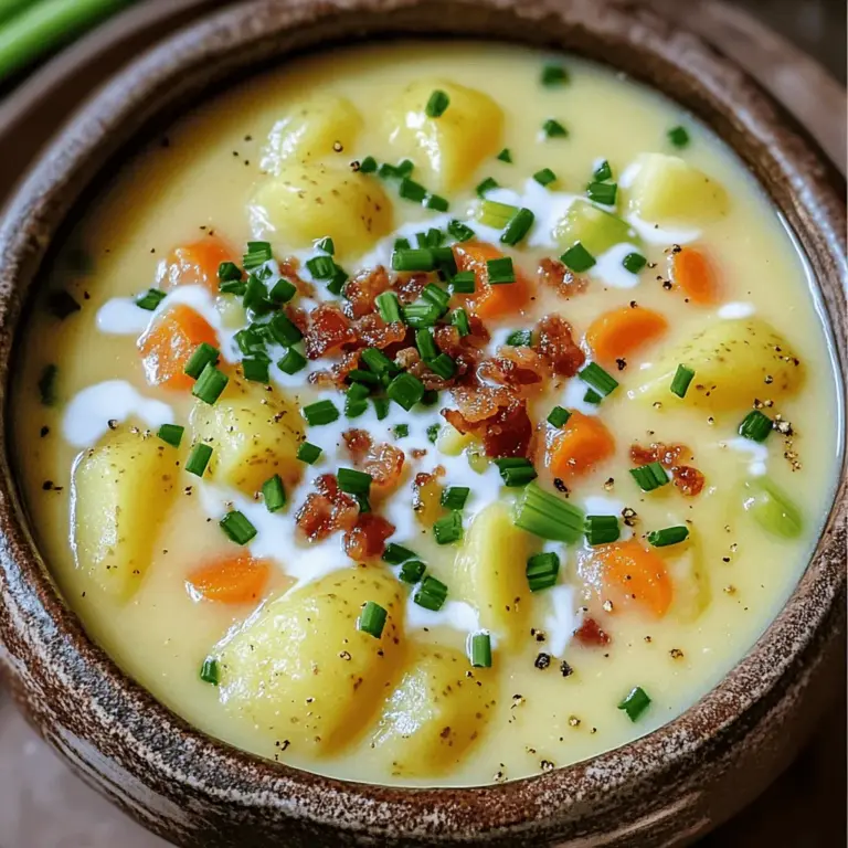 To make a great German potato soup, you need simple yet tasty ingredients. Here’s what you will need: - 4 large Yukon Gold potatoes, peeled and diced - 1 medium onion, finely chopped - 3 cloves garlic, minced - 2 medium carrots, diced - 1 celery stalk, diced - 4 cups vegetable broth - 1 cup heavy cream - 2 tablespoons olive oil - 1 teaspoon dried thyme - 1 teaspoon smoked paprika - Salt and pepper to taste - Fresh chives, chopped (for garnish) - Optional: Crumbled crispy bacon for topping Yukon Gold potatoes are my favorite for this soup. They are creamy and smooth. Onions and garlic add a rich flavor base. Carrots and celery contribute sweetness and crunch. Vegetable broth keeps it light, while heavy cream gives it a luscious texture. The thyme and smoked paprika brighten up the taste. Salt and pepper bring all the flavors together. For a fun twist, try adding crispy bacon on top. It adds a savory crunch that everyone loves. If you want a vegetarian option, just skip the bacon. You can find the complete recipe [Full Recipe] here. Start by heating the olive oil in a large pot over medium heat. Add the finely chopped onions and minced garlic. Sauté them for about 3 to 4 minutes. The onions should turn translucent, bringing out their natural sweetness. Next, add the diced carrots and celery. Cook for another 2 minutes. This will soften the veggies and add more flavor to your soup. Now it's time to add the star of the show: the potatoes. Stir in the peeled and diced Yukon Gold potatoes. Sprinkle in the smoked paprika and dried thyme. Mix well to coat the potatoes and vegetables in the spices. Pour in the vegetable broth and bring it to a boil. Once boiling, reduce the heat and let it simmer for 20 to 25 minutes. The potatoes should become tender enough to easily pierce with a fork. Once the potatoes are tender, it's blending time. You can use an immersion blender to puree the soup until it’s smooth. If you don’t have one, carefully transfer the soup to a blender in batches. Blend until smooth, then return it to the pot. Stir in the heavy cream for richness and season with salt and pepper to taste. Heat the soup on low for an additional 5 minutes. This step allows all the flavors to meld together beautifully. Choosing the right type of potatoes is key. I recommend Yukon Gold potatoes. They give the soup a creamy texture and a rich flavor. Avoid starchy potatoes like Russets. They can make the soup too mushy. Seasoning is very important in this recipe. Start with salt and pepper, but don’t stop there. Add dried thyme and smoked paprika. They bring warmth and depth to the dish. Taste as you go. Adjust the seasoning to match your preference. For a richer taste, consider adding some optional ingredients. Crumbled crispy bacon is a great choice. It adds a nice crunch and smoky flavor. You can also try adding sautéed mushrooms or a splash of white wine for extra depth. When serving, think about how to enhance warmth and comfort. Serve the soup in warm bowls. Garnish with fresh chives to add color. A drizzle of olive oil on top will add richness. Having the right cookware makes a big difference. Use a large pot to cook your soup. A heavy bottom pot helps evenly distribute heat. This prevents burning and sticking. For texture, blending methods are crucial. An immersion blender works best. It lets you blend the soup right in the pot. If you don’t have one, transfer the soup in batches to a regular blender. Be careful with hot liquids, as they can splash. For the full recipe, check out the Creamy Bavarian Potato Soup. {{image_2}} You can choose between creamy and chunky styles for German potato soup. Creamy soup offers a smooth texture. This style feels rich and comforting. It is perfect for those cold nights. However, some prefer a chunkier soup. A chunky soup features bits of potatoes and vegetables. This style adds a heartier bite. You can customize the soup to meet your taste. Blend it less for a chunkier texture. Blend it more for a creamy delight. You can add protein to make the soup heartier. Bacon is a popular choice. It adds a salty crunch that pairs well with potatoes. Simply cook the bacon first. Then, use the drippings to sauté your onions. This adds amazing flavor to the soup. If you prefer a meatless option, consider sausage. Vegetarian sausage works well and keeps it hearty. You can also add beans for protein without meat. They blend nicely and add texture. Seasonal vegetables can give your soup a fresh twist. In the fall, add pumpkin or squash for warmth. In spring, toss in peas or asparagus for a bright touch. You can also make a spicy version by adding chilies. A few diced jalapeños can warm things up. Adjust the spice level to fit your taste. Seasonal ingredients keep the soup exciting and new. Explore different flavors each time you make it. For the full recipe, check out the Creamy Bavarian Potato Soup. To keep your German potato soup fresh, follow these tips: - Refrigeration tips for leftovers: Store the soup in an airtight container. It lasts in the fridge for about 3 to 5 days. Make sure to let it cool before sealing. This helps avoid condensation that can make the soup watery. - Freezing soup for long-term storage: If you want to save it longer, freeze the soup. Use freezer-safe containers. It keeps well for up to 3 months. Leave some space in the container as the soup will expand. For the best taste and texture, reheat wisely. Here’s how: - Best methods for maintaining flavor and texture: Reheat on the stovetop over low heat, stirring often. This helps the soup warm evenly. You can also use a microwave, but stir every minute to avoid hot spots. - Common pitfalls to avoid when reheating: Don’t let the soup boil. Boiling can change the texture and flavor. Also, avoid reheating more than once to keep it safe and tasty. Enjoy your creamy Bavarian potato soup warm and ready to serve! For the full recipe, check out the details above. Yes, you can make this soup ahead of time. Store it in an airtight container in the fridge. It will stay fresh for about three days. If you want to keep it longer, freeze it. When freezing, leave some space in the container for expansion. Thaw it overnight in the fridge before reheating. To reheat, warm it on the stove over low heat. Stir often to prevent sticking. You can also use a microwave. Heat in short bursts, stirring in between. This soup tastes even better the next day as the flavors meld together. You can use either vegetable or chicken broth for this soup. Vegetable broth is lighter and works well for a vegetarian option. It adds a nice depth of flavor without overpowering the potatoes. Chicken broth brings a richer taste. It adds warmth and heartiness to the soup. If you want a stronger flavor, chicken broth is the way to go. Both options will give you a delicious soup, but pick the one that suits your taste best. To make this soup vegan, swap the heavy cream for coconut milk or cashew cream. Both options add creaminess without dairy. For broth, use vegetable broth if you haven’t already. You can also add nutritional yeast for a cheesy flavor. Just a tablespoon will enhance the taste. This way, you keep the richness while sticking to vegan ingredients. Garnishes can elevate your soup's look and taste. Fresh chives add a pop of color and flavor. You can also use a dollop of sour cream for creaminess. Crispy bacon bits give a savory crunch. If you want a vegetarian option, try roasted pumpkin seeds. They add texture and a nutty flavor. These simple garnishes can take your German Potato Soup to the next level. Making German potato soup is simple and rewarding. You learned key ingredients like Yukon Gold potatoes, onions, and garlic. I shared easy steps to sauté, blend, and season your soup perfectly. Remember to customize it with toppings or proteins for extra flavor. Storing your soup properly helps it last longer, while reheating enhances its taste. With these tips, you can enjoy warm comfort in every bowl. Explore variations to keep it exciting. Trust me, this soup will impress family and friends every time. Happy cooking!