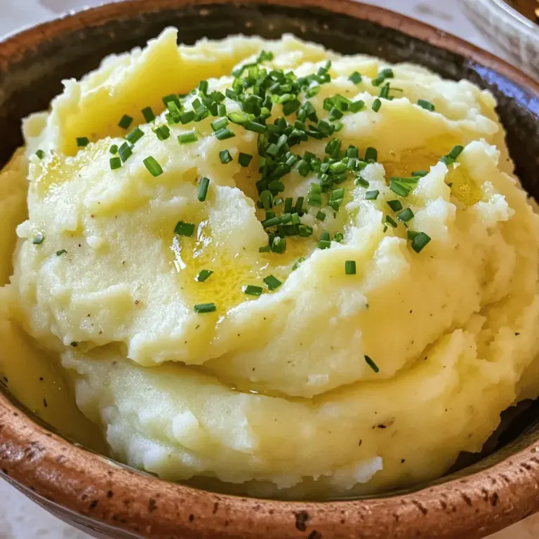 - 2 pounds Yukon Gold potatoes, peeled and cubed - 6 cloves garlic, peeled - 1 cup heavy cream - 4 tablespoons unsalted butter - Salt and pepper to taste - 1/4 cup fresh chives, chopped (for garnish) - 1/4 teaspoon nutmeg (optional) Choosing the best potatoes for creamy consistency I love using Yukon Gold potatoes. They are starchy and smooth. This type of potato gives the best creamy texture. You can also try Russets, but they may be a bit fluffier. Importance of fresh garlic versus garlic powder Fresh garlic makes a big difference! Its flavor is strong and bright. Garlic powder lacks the depth and richness. Use fresh cloves for the best taste in your mashed potatoes. Alternatives to heavy cream and butter for healthier options If you want a lighter dish, use low-fat milk or almond milk. You can swap butter for olive oil or a dairy-free spread. These changes keep your dish tasty without too many calories. For the full recipe, check the detailed guide on Creamy Garlic Mashed Potatoes. To start, gather your ingredients. You need 2 pounds of Yukon Gold potatoes and 6 cloves of garlic. Peel and cube the potatoes into even pieces. This helps them cook at the same rate. Place them in a large pot, add the garlic, and cover everything with cold water. Don’t forget to add a pinch of salt to the water! Now, bring the pot to a boil over medium-high heat. Once it starts to bubble, reduce the heat and let it simmer for about 15 to 20 minutes. The potatoes should feel tender when you poke them with a fork. This step is crucial to ensure they are soft enough for mashing. After boiling, drain the potatoes and garlic. Return them to the pot. Now, let's talk about how to mash them. You can use a potato masher for a rustic texture, a ricer for super smooth potatoes, or a food processor for speed. Each tool gives a different result, so choose what you like best. For a creamy texture, mash the potatoes and garlic thoroughly. Add 4 tablespoons of unsalted butter and 1 cup of heavy cream. Mix until you reach your desired creaminess. If you want a bit of chunkiness, feel free to leave some lumps. Next comes the seasoning. Add salt and pepper to taste. If you're feeling adventurous, sprinkle in 1/4 teaspoon of nutmeg for extra warmth. Stir everything well and taste. Adjust the seasoning as needed. When it’s time to serve, transfer the creamy garlic mashed potatoes to a nice bowl. For a pretty touch, sprinkle with 1/4 cup of fresh chives. This not only adds color but also a fresh flavor. For the full recipe, check the details above. Enjoy your rich and flavorful dish! - Overcooking potatoes: This can make your mashed potatoes watery. To avoid this, check them after 15 minutes. They should be tender but not mushy. - Skipping the seasoning step: Seasoning is key to great flavor. Always taste before serving. A little salt and pepper can make a big difference. - Suggestions for adding herbs and spices: Fresh herbs like rosemary or thyme can add a nice touch. Try adding a pinch of garlic powder for extra garlic flavor. - Flavor combinations to consider for a twist: Mix in some cream cheese for a tangy kick. You can also add roasted garlic for a sweeter, richer taste. Want a smoky flavor? Try adding some smoked paprika. These simple changes can give your creamy garlic mashed potatoes a unique twist. For the full recipe, check out the complete instructions above. {{image_2}} You can use different potatoes for unique flavors. Red potatoes have a waxy texture, making them creamy. They give a slightly sweet taste. Sweet potatoes offer a rich, sweet contrast. They add a beautiful orange color and a hint of sweetness. You can try mixing these with Yukon Gold for a fun twist. If you're vegan or want a lighter option, consider using cauliflower or chickpeas. Cauliflower gives a fluffy texture and a mild taste. Chickpeas add protein and a nutty flavor. Both are great for creamy garlic mashed potatoes and still taste amazing. Get creative with add-ins for your mashed potatoes. Cheese lovers can mix in Parmesan or cheddar. These cheeses melt into the potatoes, adding depth and richness. They also give a savory note that pairs well with garlic. For a stronger garlic flavor, try mixing in roasted garlic. Roasting garlic makes it sweet and mellow. This adds a new layer of flavor that elevates your dish. You can adjust the amount based on how much garlic flavor you enjoy. For more details, check out the Full Recipe for creamy garlic mashed potatoes and experiment with these variations! To store creamy mashed potatoes, first let them cool down. Place them in an airtight container. This keeps them fresh longer. Make sure to cover the container tightly. Creamy mashed potatoes last about 3 to 5 days in the fridge. If you want to keep them longer, consider freezing them. They can stay good in the freezer for up to 2 months. Just remember to label the container with the date. When you want to enjoy your leftovers, reheating them right is key. You can use the microwave or the stove. If using the microwave, cover the bowl to keep moisture in. Heat in short bursts, stirring in between. This helps to keep them creamy. On the stove, add a splash of heavy cream or milk when heating. This refreshes the flavor and texture. Stir gently as you heat to avoid lumps. Enjoy your creamy garlic mashed potatoes just like fresh! To make mashed potatoes creamy, start with the right potatoes. I prefer Yukon Gold because they are starchy and smooth. Boil the potatoes with whole garlic cloves for added flavor. After boiling, drain them well. Return the potatoes and garlic to the pot, then add unsalted butter and heavy cream. - Use a potato masher for a smooth texture. - Mix until creamy but don’t over-mix; this can make them gummy. - Season with salt and pepper for taste. The key is balancing the butter and cream. This gives you that rich, creamy feel. Yes, you can prepare creamy garlic mashed potatoes ahead of time. Make them as per the recipe, then let them cool. Store them in an airtight container in the fridge. They can last for about three days. When ready to serve, reheat them gently. Add a splash of cream or milk to refresh their creaminess. Stir well while heating to avoid lumps. Creamy garlic mashed potatoes pair well with many dishes. Here are some great options: - Roast chicken: The juices from the chicken complement the potatoes. - Beef stew: The hearty flavors mix well, making a comforting meal. - Grilled salmon: The creaminess balances the fish's richness. - Vegetable stir-fry: A nice contrast with fresh veggies. These pairings elevate your meal and make it even more delicious. For the full recipe, check out the details above. Creamy garlic mashed potatoes are a simple yet tasty dish. We explored the key ingredients and shared tips to make them perfect. Remember, choosing good potatoes and fresh garlic makes a big difference. Avoid common mistakes like overcooking and skipping seasoning. You can even try fun variations with different potatoes and add-ins. With proper storage, leftovers can still be great. Enjoy your delicious mashed potatoes with any meal!