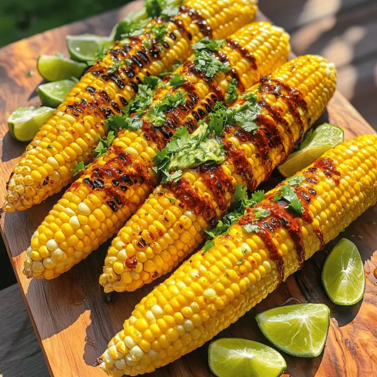 To make Chili Lime Corn on the Cob, gather these fresh and simple ingredients: - 4 fresh ears of corn, husked - 2 tablespoons unsalted butter, softened - 1 tablespoon lime juice - 1 teaspoon chili powder - 1/2 teaspoon garlic powder - 1/4 teaspoon salt - Pinch of cayenne pepper (optional, for extra heat) - Fresh cilantro, chopped (for garnish) - Lime wedges (for serving) These ingredients come together to create a burst of flavor. Fresh corn is the star, with its sweet, juicy kernels. The butter blends well with lime juice and spices. This mixture gives the corn that zesty kick. Feel free to adjust the cayenne pepper for your desired heat level. I love using fresh cilantro on top to add a vibrant touch. Lime wedges add extra zing when served. This recipe is easy and fun, perfect for summer cookouts or family dinners. You can find the full recipe in the article. Enjoy the delicious taste of this grilled delight! 1. Start by husking the corn. Pull back the green leaves and remove all silk strands. 2. Rinse each ear of corn under cold water. This helps remove any dirt. 3. Pat the corn dry with a clean towel. This step is important to help the butter stick. 1. In a small bowl, combine softened butter, lime juice, chili powder, garlic powder, salt, and cayenne pepper. 2. Mix these together well. You want a smooth and creamy texture. This butter adds great flavor to the corn. 1. Preheat your grill to medium-high heat. If you don’t have a grill, a grill pan works too. 2. Generously brush each ear of corn with the chili lime butter. Make sure every part is covered. 3. Place the corn directly on the grill. Cook for about 10-12 minutes. Turn the corn occasionally. You will know it's done when it’s charred and tender. Follow these steps to make delicious chili lime corn on the cob. You can find the full recipe for more details. Enjoy your grilling! To get those perfect grill marks, start by preheating your grill. A hot grill helps sear the corn better. Place the corn directly on the grill grates, turning it every few minutes. This action ensures even cooking and those beautiful lines. If you notice the corn starting to burn, turn it more often. This way, you keep it from charring too much. You can take the flavor of your chili lime corn up a notch. Try adding smoked paprika or cumin for a deeper taste. A bit of sugar can help balance the tartness of lime too. Adjust spice levels according to your taste. Always remember, less is more when combining flavors. For a fun presentation, serve the corn on a rustic wooden board. Arrange lime wedges around the corn for a pop of color. You can also sprinkle extra cilantro on top for a fresh look. Use simple dishware to let the corn shine. A clean white plate can make your grilled corn stand out beautifully. {{image_2}} For those who crave heat, you can spice things up! Try adding more cayenne pepper to the butter. A pinch can wake up the flavor. You can also use fresh chili peppers, like jalapeños or serranos. Just chop them finely and mix them in. This brings out a bold kick! If you want even more heat, consider using a spicy chili powder blend to enhance the taste even further. You can easily make this dish vegan by swapping out the butter. Use plant-based butter or olive oil instead. It gives a nice flavor and keeps the dish creamy. You can also add fresh herbs like parsley or basil. They add a fresh taste that complements the corn well. Consider using a sprinkle of nutritional yeast for a cheesy flavor without dairy. Chili lime corn on the cob pairs well with many grilled sides. Serve it alongside grilled veggies for a colorful plate. It also goes great with burgers or grilled chicken. To make it a complete meal, add a light salad or some rice. This way, you have a fun mix of flavors and textures on your table. To keep your chili lime corn fresh, follow these steps: - Wrap each ear in plastic wrap or aluminum foil. - Place the wrapped corn in an airtight container. - Store it in the fridge. This method ensures the corn stays moist. You can keep it for up to three days. After that, the quality may drop. When you're ready to enjoy your corn again, you have a few options: - Grill Method: Preheat the grill to medium heat. Place the corn on the grill and cook for 5-7 minutes, turning often. This helps to revive the flavor. - Microwave Method: Wrap the corn in a damp paper towel. Microwave for about 1-2 minutes. This method is quick but may not keep the grilled flavor as well. - Stovetop Method: Heat a pan over medium heat. Add a little butter or oil. Sauté the corn for about 5 minutes, turning until warm. Using these methods, you can enjoy your chili lime corn with great taste! Yes, you can use frozen corn. It is a great option when fresh corn is not available. Just remember to thaw it first. Place the frozen corn in the fridge overnight or run it under cold water. For best results, grill the corn quickly to maintain its crispness. Look for a few signs. The corn should have dark grill marks and a nice char. The kernels should feel tender but still crisp. I usually grill it for about 10-12 minutes. Keep turning the corn every few minutes for even cooking. Yes, you can prepare it ahead. Grill the corn and let it cool. Wrap it tightly in foil or plastic wrap to keep it fresh. When ready to serve, you can reheat it on the grill or in the oven. Just brush on some extra chili lime butter for added flavor. There are many tasty ways to use leftover chili lime butter. Spread it on bread for a zesty garlic toast. You can use it to flavor other grilled vegetables. It also works great on seafood like shrimp or fish. Don't let it go to waste! In this article, we covered making delicious Chili Lime Corn on the Cob. You learned about the ingredients, preparation, grilling, and storage. We explored tips, variations, and answers to common questions. Now, you're ready to grill with flavor and confidence. Enjoy this tasty treat at your next gathering, and don’t forget to share it with friends! Happy grilling!