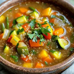 - 1 cup quinoa, rinsed - 1 tablespoon olive oil - 1 medium onion, diced - 2 cloves garlic, minced - 2 medium carrots, diced - 1 bell pepper (any color), diced - 1 zucchini, diced - 1 cup green beans, trimmed and cut into 1-inch pieces - 4 cups vegetable broth - 1 can (14 oz) diced tomatoes (with juice) - 1 teaspoon dried oregano - 1 teaspoon ground cumin - Salt and pepper to taste - Fresh parsley, chopped (for garnish) - Extra vegetables for added nutrition - Spices to enhance flavor - Bread for dipping - Salad for a complete meal For this Vegetable Soup with Quinoa, the ingredients are key. I love quinoa because it adds protein and texture. It cooks well and absorbs flavors. The mix of vegetables creates a rainbow of color and taste. You can use any bell pepper you like. Each adds its own unique sweetness. The broth is the heart of the soup. I prefer vegetable broth for a light flavor. You can also use chicken broth if you want a richer taste. Tomatoes bring a nice acidity to balance the flavors. Don’t forget the spices! Oregano and cumin add warmth and depth. Feel free to get creative with the optional ingredients. Adding more vegetables boosts nutrition and flavor. Think about spinach, kale, or even sweet potatoes. Spices can elevate the dish too. A dash of paprika or chili powder can add a kick. Pair this soup with crusty bread for dipping. A fresh salad on the side makes it a full meal. For the full recipe, check out the details. Enjoy the process of making this healthy and nourishing meal! - Prepare the vegetables: chop and dice as needed. - Rinse the quinoa to remove bitterness. Start by gathering all your fresh vegetables. I love using bright carrots, bell peppers, zucchini, and green beans. Chop them into small pieces. This helps them cook evenly and fit nicely in each spoonful. Next, take your quinoa and rinse it under cold water. This step is key. It helps remove any bitter flavor and makes the quinoa taste better. - Heat olive oil and sauté onion and garlic. - Add vegetables and quinoa; mix with broth and tomatoes. In a large pot, heat one tablespoon of olive oil over medium heat. When the oil is warm, add the diced onion. Sauté it until it turns translucent, about three to four minutes. Then, add in the minced garlic. Stir it for about a minute, just until you smell that yummy aroma. Next, toss in your prepared vegetables and quinoa. Mix everything well. Pour in four cups of vegetable broth and one can of diced tomatoes. Add a teaspoon each of dried oregano and ground cumin. Stir to combine. - Bring to a boil, then reduce heat to simmer. - Cook until quinoa and vegetables are tender. Now, bring your soup to a boil over high heat. Once it’s bubbling, lower the heat and cover the pot. Let it simmer for about 15 to 20 minutes. This allows the quinoa to cook fully and the vegetables to soften. Keep an eye on it, stirring occasionally. You want everything to be nice and tender, ready for your bowl. For the full recipe, check the details above. - Use homemade vegetable broth for a richer flavor. - Adjust seasoning based on your taste. More salt? Go for it! - Ensure you rinse the quinoa well to avoid any bitterness. - Be careful not to overcook the veggies; you want them tender, not mushy. - Serve your soup hot for the best taste experience. - Garnish generously with fresh parsley for a pop of color and flavor. These simple tips will help you make the best vegetable soup with quinoa. Using fresh, homemade broth really makes a difference. Rinsing quinoa well is key to getting rid of its natural bitterness. And remember, when you cook, keep an eye on those veggies. You want them crisp and vibrant! Lastly, when you serve, don’t skimp on the parsley. It adds a nice touch both visually and in flavor. For the full recipe, check out the details above! {{image_2}} You can easily boost the protein in your soup. Add beans or lentils for extra protein. These ingredients not only enhance flavor but also keep you full longer. If you want a heartier option, incorporate chicken or tofu. Both choices add a nice texture and taste to the dish. They also make this soup a more complete meal for your family. Feel free to get creative with the vegetables. Substitute seasonal vegetables according to availability. This keeps your soup fresh and exciting. You can also experiment with leafy greens like spinach or kale. These greens add color and nutrition. Plus, they cook quickly, blending well with the other ingredients. To brighten the taste, try adding a splash of lemon juice. This simple addition can elevate your soup. If you like some heat, incorporate spices like paprika or chili flakes. Both spices add depth and warmth to your meal. You can adjust the amounts based on your taste, making it your own! For the full recipe, refer to the detailed instructions above. You can keep your soup fresh in an airtight container. It lasts for up to 5 days. This makes it easy to meal prep. You can enjoy a warm bowl on busy days. For longer storage, freeze your soup. It keeps well for up to 3 months in freezer-safe containers. Be sure to leave some space at the top for expansion. This way, you can enjoy it later without any loss of flavor. When you're ready to eat, reheat your soup on the stove or in the microwave. Add a splash of broth to keep it moist. This simple tip helps restore its creamy texture and rich flavor. If you want to find the complete cooking process, check out the Full Recipe. Typically, 15-20 minutes is sufficient for quinoa in soup. Quinoa cooks quickly and absorbs flavors well. When you add it to the soup, it softens and becomes fluffy. I love how it adds a nice texture, making the soup heartier. Yes, frozen vegetables can be used; just adjust cooking time. Frozen veggies are great for convenience. They can save you prep time and are often just as nutritious. When using frozen veggies, add them during the last 10 minutes of cooking. This way, they warm up nicely without getting too mushy. Water or chicken broth can be a good alternative. If you want a richer flavor, chicken broth works well. However, water is okay if you want a lighter taste. Just remember to add more seasoning to boost the flavor. Add red pepper flakes or a dash of hot sauce to taste. If you enjoy heat, start with a small amount and taste as you go. You can also add chopped fresh chili peppers for a fresh kick. This soup is flexible, so feel free to adjust it to your liking. For the full recipe, check out the section above. This blog post guides you through making a tasty quinoa soup. We covered the essential and optional ingredients, along with detailed cooking steps. The tips and variations help you personalize your soup based on your taste. Remember, you can store it in the fridge or freeze it for later. Enjoy your warm soup, packed with flavor and nutrition! Go ahead and make it your own by mixing in different veggies or spices. Happy cooking!