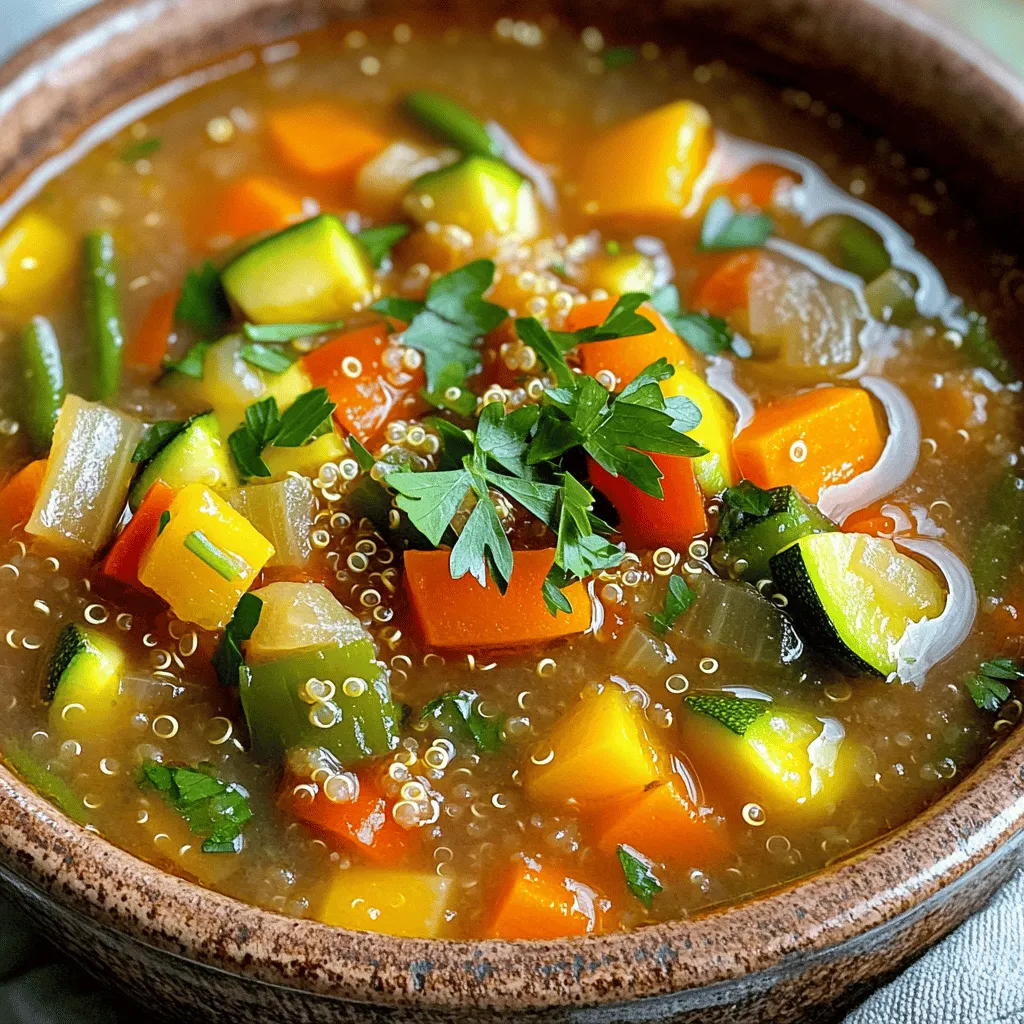 - 1 cup quinoa, rinsed - 1 tablespoon olive oil - 1 medium onion, diced - 2 cloves garlic, minced - 2 medium carrots, diced - 1 bell pepper (any color), diced - 1 zucchini, diced - 1 cup green beans, trimmed and cut into 1-inch pieces - 4 cups vegetable broth - 1 can (14 oz) diced tomatoes (with juice) - 1 teaspoon dried oregano - 1 teaspoon ground cumin - Salt and pepper to taste - Fresh parsley, chopped (for garnish) - Extra vegetables for added nutrition - Spices to enhance flavor - Bread for dipping - Salad for a complete meal For this Vegetable Soup with Quinoa, the ingredients are key. I love quinoa because it adds protein and texture. It cooks well and absorbs flavors. The mix of vegetables creates a rainbow of color and taste. You can use any bell pepper you like. Each adds its own unique sweetness. The broth is the heart of the soup. I prefer vegetable broth for a light flavor. You can also use chicken broth if you want a richer taste. Tomatoes bring a nice acidity to balance the flavors. Don’t forget the spices! Oregano and cumin add warmth and depth. Feel free to get creative with the optional ingredients. Adding more vegetables boosts nutrition and flavor. Think about spinach, kale, or even sweet potatoes. Spices can elevate the dish too. A dash of paprika or chili powder can add a kick. Pair this soup with crusty bread for dipping. A fresh salad on the side makes it a full meal. For the full recipe, check out the details. Enjoy the process of making this healthy and nourishing meal! - Prepare the vegetables: chop and dice as needed. - Rinse the quinoa to remove bitterness. Start by gathering all your fresh vegetables. I love using bright carrots, bell peppers, zucchini, and green beans. Chop them into small pieces. This helps them cook evenly and fit nicely in each spoonful. Next, take your quinoa and rinse it under cold water. This step is key. It helps remove any bitter flavor and makes the quinoa taste better. - Heat olive oil and sauté onion and garlic. - Add vegetables and quinoa; mix with broth and tomatoes. In a large pot, heat one tablespoon of olive oil over medium heat. When the oil is warm, add the diced onion. Sauté it until it turns translucent, about three to four minutes. Then, add in the minced garlic. Stir it for about a minute, just until you smell that yummy aroma. Next, toss in your prepared vegetables and quinoa. Mix everything well. Pour in four cups of vegetable broth and one can of diced tomatoes. Add a teaspoon each of dried oregano and ground cumin. Stir to combine. - Bring to a boil, then reduce heat to simmer. - Cook until quinoa and vegetables are tender. Now, bring your soup to a boil over high heat. Once it’s bubbling, lower the heat and cover the pot. Let it simmer for about 15 to 20 minutes. This allows the quinoa to cook fully and the vegetables to soften. Keep an eye on it, stirring occasionally. You want everything to be nice and tender, ready for your bowl. For the full recipe, check the details above. - Use homemade vegetable broth for a richer flavor. - Adjust seasoning based on your taste. More salt? Go for it! - Ensure you rinse the quinoa well to avoid any bitterness. - Be careful not to overcook the veggies; you want them tender, not mushy. - Serve your soup hot for the best taste experience. - Garnish generously with fresh parsley for a pop of color and flavor. These simple tips will help you make the best vegetable soup with quinoa. Using fresh, homemade broth really makes a difference. Rinsing quinoa well is key to getting rid of its natural bitterness. And remember, when you cook, keep an eye on those veggies. You want them crisp and vibrant! Lastly, when you serve, don’t skimp on the parsley. It adds a nice touch both visually and in flavor. For the full recipe, check out the details above! {{image_2}} You can easily boost the protein in your soup. Add beans or lentils for extra protein. These ingredients not only enhance flavor but also keep you full longer. If you want a heartier option, incorporate chicken or tofu. Both choices add a nice texture and taste to the dish. They also make this soup a more complete meal for your family. Feel free to get creative with the vegetables. Substitute seasonal vegetables according to availability. This keeps your soup fresh and exciting. You can also experiment with leafy greens like spinach or kale. These greens add color and nutrition. Plus, they cook quickly, blending well with the other ingredients. To brighten the taste, try adding a splash of lemon juice. This simple addition can elevate your soup. If you like some heat, incorporate spices like paprika or chili flakes. Both spices add depth and warmth to your meal. You can adjust the amounts based on your taste, making it your own! For the full recipe, refer to the detailed instructions above. You can keep your soup fresh in an airtight container. It lasts for up to 5 days. This makes it easy to meal prep. You can enjoy a warm bowl on busy days. For longer storage, freeze your soup. It keeps well for up to 3 months in freezer-safe containers. Be sure to leave some space at the top for expansion. This way, you can enjoy it later without any loss of flavor. When you're ready to eat, reheat your soup on the stove or in the microwave. Add a splash of broth to keep it moist. This simple tip helps restore its creamy texture and rich flavor. If you want to find the complete cooking process, check out the Full Recipe. Typically, 15-20 minutes is sufficient for quinoa in soup. Quinoa cooks quickly and absorbs flavors well. When you add it to the soup, it softens and becomes fluffy. I love how it adds a nice texture, making the soup heartier. Yes, frozen vegetables can be used; just adjust cooking time. Frozen veggies are great for convenience. They can save you prep time and are often just as nutritious. When using frozen veggies, add them during the last 10 minutes of cooking. This way, they warm up nicely without getting too mushy. Water or chicken broth can be a good alternative. If you want a richer flavor, chicken broth works well. However, water is okay if you want a lighter taste. Just remember to add more seasoning to boost the flavor. Add red pepper flakes or a dash of hot sauce to taste. If you enjoy heat, start with a small amount and taste as you go. You can also add chopped fresh chili peppers for a fresh kick. This soup is flexible, so feel free to adjust it to your liking. For the full recipe, check out the section above. This blog post guides you through making a tasty quinoa soup. We covered the essential and optional ingredients, along with detailed cooking steps. The tips and variations help you personalize your soup based on your taste. Remember, you can store it in the fridge or freeze it for later. Enjoy your warm soup, packed with flavor and nutrition! Go ahead and make it your own by mixing in different veggies or spices. Happy cooking!