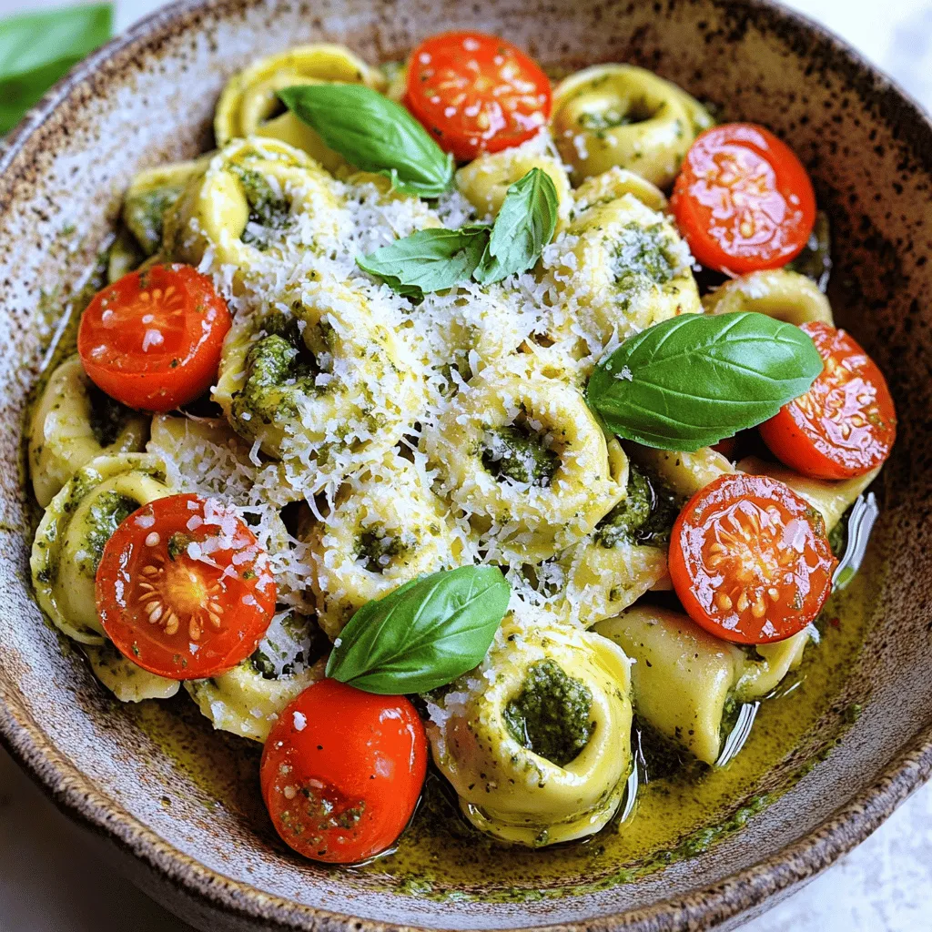 - 2 cups fresh tortellini (cheese or spinach-filled) - 1 cup cooked chicken, shredded or diced - 1 cup basil pesto (store-bought or homemade) - 1 cup cherry tomatoes, halved - 1/2 cup heavy cream - 1/2 cup grated Parmesan cheese - 2 tablespoons olive oil - Salt and pepper to taste - Fresh basil leaves for garnish Choose fresh tortellini for the best taste. You can find it in the pasta aisle. If you want a quick meal, grab store-bought pesto. Homemade pesto is great too, but it takes time. Use cooked chicken from a rotisserie for ease. Cherry tomatoes add a nice burst of flavor. They should be ripe for the best taste. Grated Parmesan is best fresh, but pre-grated works in a pinch. For a lighter dish, swap heavy cream with a plant-based milk. Use almond or oat milk for a creamy feel. If you're dairy-free, try nutritional yeast instead of Parmesan. You can also use lentil or chickpea pasta for a gluten-free option. For a veggie boost, add spinach or broccoli. This will make your meal more colorful and healthy. First, fill a large pot with water. Add a good amount of salt. Bring the water to a boil. Once boiling, add 2 cups of fresh tortellini. Cook them as shown on the package. This usually takes about 3-4 minutes. After they're done, drain the tortellini and set them aside. Next, take a large skillet and heat 2 tablespoons of olive oil over medium heat. Add 1 cup of cooked chicken, which can be shredded or diced. Toss in 1 cup of halved cherry tomatoes. Sauté these for about 3-4 minutes. You'll know they are ready when the tomatoes soften and the chicken is warmed through. Now, it's time to lower the heat to medium-low. In the skillet, add 1 cup of basil pesto and 1/2 cup of heavy cream. Stir these together well. Let it simmer for about 2 minutes until everything is heated through. Then, gently fold in the cooked tortellini. Make sure they are coated well in the pesto mixture. Lastly, add 1/2 cup of grated Parmesan cheese. Stir until it melts and combines. Season with salt and pepper to taste. Now you have a delicious dish ready to serve! For the complete recipe, check the Full Recipe section. To get the best texture, use fresh tortellini. Fresh pasta cooks fast, usually in 3 to 4 minutes. Boil it in salted water for flavor. When cooked, drain it but don’t rinse. This keeps the starch on the pasta, helping the sauce stick better. To boost flavor, add some garlic while sautéing chicken and tomatoes. A pinch of red pepper flakes adds a nice kick. You can also sprinkle lemon zest for a fresh taste. If you love herbs, add fresh parsley or thyme. These additions will bring out more depth in every bite. Serve your dish in a large bowl for a family-style look. Top it with fresh basil leaves for color. A sprinkle of extra Parmesan cheese makes it look fancy. Use colorful cherry tomatoes for a vibrant touch. This way, your Pesto Chicken Tortellini will look as good as it tastes. You can find the full recipe for even more tips. {{image_2}} You can make your pesto chicken tortellini even better by adding vegetables. Try using spinach, zucchini, or bell peppers. These add color and nutrients. Just chop them up and sauté them with the chicken and tomatoes. You can also toss in some peas or broccoli for extra crunch and flavor. If you want to change the protein in this dish, you have options. You can use shrimp, turkey, or even tofu for a veggie version. Each protein brings a unique taste. Make sure to cook the protein well before adding it to the skillet with the pesto. While basil pesto is a classic choice, you can explore other sauces. Try sun-dried tomato pesto for a rich flavor. You can also use Alfredo sauce or a simple olive oil and garlic mix. Each sauce will give your dish a fresh twist. Experiment and find your favorite! Store your leftover pesto chicken tortellini in a sealed container. Make sure it cools to room temperature first. This helps keep the taste fresh. Use it within three days for the best flavor. If you plan to eat it later, don’t mix in the cheese yet. This keeps everything tasty. Reheat your tortellini on the stove for best results. Add a splash of water or broth to the pan. This keeps it moist. Heat over low to medium heat, stirring gently until warm. You can also use the microwave. Put it in a microwave-safe bowl and cover it. Heat for about one minute, then stir and check the warmth. You can freeze pesto chicken tortellini for later! Use an airtight container or freezer bag. Make sure to remove as much air as possible. It stays good for up to three months. When you're ready to eat it, thaw overnight in the fridge. Reheat it on the stove with a little water or broth for best results. For the full recipe, visit the recipe section above. It takes about 20 minutes to make Pesto Chicken Tortellini. You spend 10 minutes prepping. The cooking time is around 10 minutes. Once you gather your ingredients, it’s quick to whip up a tasty meal. Yes, you can make this dish ahead of time. Prepare the tortellini and sauce, then store them separately. This way, you keep the tortellini from getting soggy. When you're ready to eat, just heat them together in a pan. You can use milk or a dairy-free cream. If you want a lighter option, use Greek yogurt. Each choice gives a different flavor and texture, so pick what you like best. In this post, I broke down how to make Pesto Chicken Tortellini. We reviewed the key ingredients, cooking steps, and tips for the best results. I also shared ideas for swaps and variations to fit your needs. Remember, a few small changes can make a big impact. Enjoy experimenting with flavors and textures. With practice, you’ll master this tasty dish. Happy cooking!