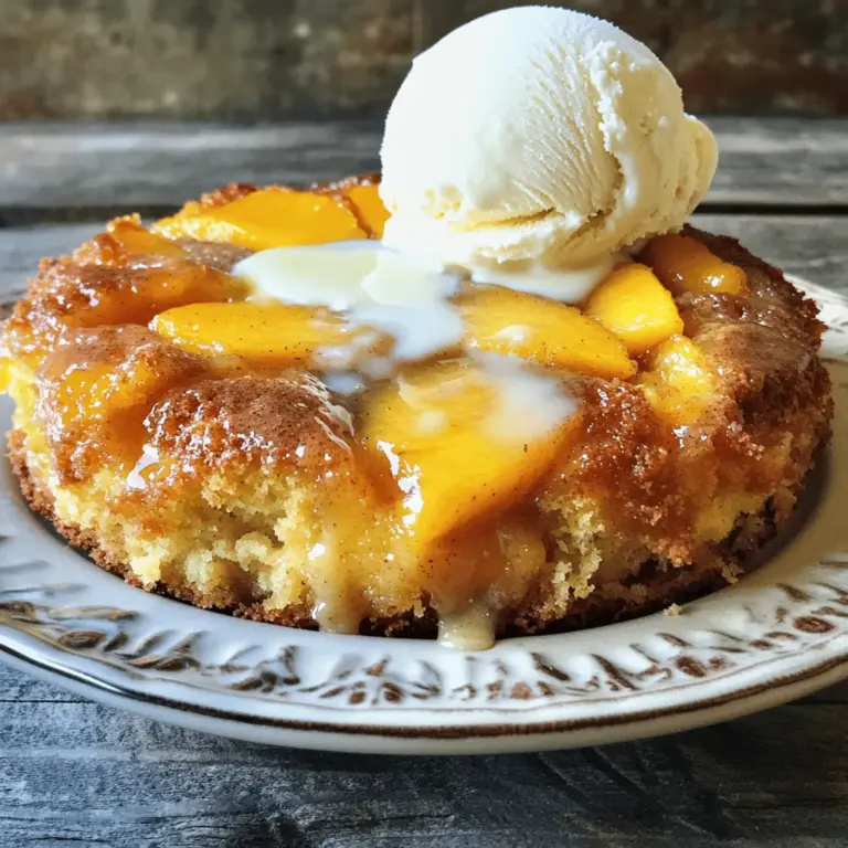 You can use fresh peaches or canned peaches in this recipe. Fresh peaches give a bright, juicy taste. They also add a nice texture. Use about 4 cups of fresh peaches. Make sure to peel and slice them. If you choose canned peaches, use 2 cans. Drain them well before mixing. Both options work well, but fresh peaches shine in flavor. Adjust the sugar based on how sweet your peaches are. If your peaches are very sweet, you may want less sugar. Start with 1 cup of sugar. After you mix it with the peaches, taste it. If it needs more sweetness, add a bit more. Remember, you can always add, but you can't take away! You need a few simple tools to make this dump cake. Here’s what you’ll need: - A large mixing bowl - A 9x13-inch baking dish, greased - A mixing spoon - A small bowl for spices - An oven to bake it These tools make it easy to prepare your Peach Cobbler Dump Cake. For the full recipe, check out the details in the earlier sections. Start by washing your peaches well. If you use fresh peaches, peel them first. Slice them into thin pieces. You need about four cups of sliced peaches. If you use canned peaches, drain the juice. Place the sliced peaches in a large bowl. Add one cup of sugar, one tablespoon of lemon juice, and one teaspoon of vanilla extract. Mix gently to coat the peaches. Let them sit for about ten minutes. This helps the peaches release their juices. Now, you are ready to layer the cake. Take a greased 9x13-inch baking dish. Spread the peach mixture evenly in the bottom. Do not stir. Open your box of yellow cake mix and sprinkle it evenly over the peaches. Make sure to cover all the peaches well. Next, melt half a cup of unsalted butter. Drizzle this melted butter over the dry cake mix. This step is key for a moist cake. Preheat your oven to 350°F (175°C). Once the oven is hot, place your dish inside. Bake for about 45 to 50 minutes. The top should turn golden brown, and the edges should bubble. Once done, take it out of the oven. Let it cool for ten minutes before serving. This cooling time lets the flavors settle. Now you can enjoy your Peach Paradise Dump Cake. You can find the full recipe for more details. To make your Peach Cobbler Dump Cake shine, use spices. Ground cinnamon adds warmth and depth. If you want a twist, try nutmeg or ginger. Just a pinch can change the flavor. You can mix spices into the cake mix or sprinkle them on top. This simple step boosts the dish's taste. The right texture is key for a great dump cake. You want a balance between juicy peaches and a crumbly topping. If your peaches are too dry, add a splash of water or juice. If they are too juicy, sprinkle a bit more cake mix on top. This helps soak up extra liquid. Even baking gives you a perfect dump cake. Preheat your oven to 350°F (175°C) before you start. This helps the cake rise evenly. Use a 9x13-inch pan for the best results. Spread the cake mix evenly over the peaches. Drizzle melted butter all over to ensure it bakes nicely. Keep an eye on it while it bakes, and look for a golden brown top. For the full recipe, visit the [Full Recipe]. {{image_2}} You can mix in other fruits for a twist. Try adding blueberries, cherries, or apples. These fruits pair well with peaches. They add color and flavor. Just use the same amount as the peaches. Make sure to adjust the sugar based on the fruit's sweetness. If you need a gluten-free version, it's easy. Choose a gluten-free cake mix instead of yellow cake mix. You can find these at most grocery stores. The rest of the recipe stays the same. This way, you still enjoy a tasty dessert without gluten. You can also change how you sweeten the cake. If you want a lower sugar option, try honey or maple syrup. They add a different flavor while keeping it sweet. For a sugar-free version, use a sugar substitute. Just check the package for the right amount to use. For more details on the Peach Cobbler Dump Cake, check the Full Recipe. To keep your Peach Cobbler Dump Cake fresh, let it cool first. After it cools, cover it tightly with plastic wrap or foil. You can also use an airtight container. This helps keep the cake moist and tasty. Store it in the fridge for up to four days. If you want to enjoy it later, freezing is a great option. When you're ready to enjoy your leftovers, preheat your oven to 350°F (175°C). Place a slice of the cobbler in an oven-safe dish. Cover it with foil to keep it from drying out. Heat for about 15-20 minutes. You can also use the microwave for quick reheating. Heat it for 30 seconds, then check. Add more time if needed. If you like it warm, serve it with vanilla ice cream. To freeze your Peach Cobbler Dump Cake, cut it into individual pieces. Wrap each piece tightly in plastic wrap. Then, place the wrapped pieces in a freezer-safe bag or container. Label it with the date. You can freeze it for up to three months. When you're ready to eat, thaw it in the fridge overnight. Then, reheat it as mentioned above. Enjoy a sweet treat anytime! Yes, you can use frozen peaches. Just thaw them first and drain any extra juice. This keeps the cake mix dry and helps it bake well. Using frozen peaches is a great time saver. They are often just as tasty as fresh ones. You can make this recipe healthier by using less sugar. Try using a sugar substitute or honey. You can also replace half the butter with unsweetened applesauce. This keeps the cake moist while cutting calories. Additionally, you can use whole wheat cake mix for more fiber. Serve the dump cake warm for the best flavor. A scoop of vanilla ice cream or whipped cream adds a nice touch. You can sprinkle some cinnamon or nuts on top for extra crunch. For a twist, serve it with yogurt for a lighter option. Enjoy it fresh for the best taste! For the complete recipe, check out the Full Recipe section. This blog post covered how to make a tasty Peach Cobbler Dump Cake. We discussed using fresh or canned peaches, and adjusting sugar based on your taste. I shared essential tools, detailed steps for prepping, layering, and baking, plus tips for flavor and consistency. You also learned about fun variations, how to store leftovers, and answered common questions. Overall, this easy recipe lets you enjoy a classic dessert with many options to fit your style. Try it and enjoy the sweet results!