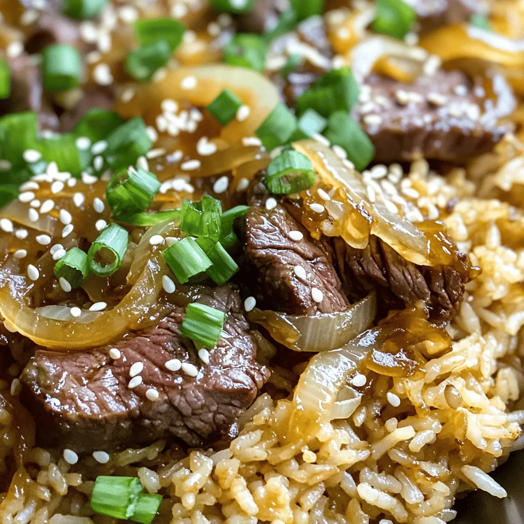 - 2 cups cooked jasmine rice (preferably day-old for best texture) - 200g beef sirloin, thinly sliced - 1 large onion, thinly sliced - 2 green onions, chopped - 2 cloves garlic, minced - 2 tablespoons soy sauce - 1 tablespoon oyster sauce - 1 tablespoon sesame oil - 1 tablespoon vegetable oil - Salt and pepper to taste - 2 large eggs, lightly beaten - Sesame seeds for garnish In this recipe, we use simple yet fresh ingredients to create a rich flavor. The beef sirloin gives a nice texture and taste. Day-old jasmine rice works best because it is less sticky. It will fry well and soak up all the flavors. The onions are key. They add sweetness and depth to the dish. The green onions add a fresh crunch at the end. Garlic gives a lovely aroma that ties everything together. We also use soy sauce and oyster sauce for a savory kick. Sesame oil adds a nutty flavor that brings warmth. Finally, the sesame seeds on top make a great garnish. They add a nice touch and a bit of crunch. You can find the full recipe in the main article. - Marinating the Beef: Start by slicing your beef sirloin thinly. Place it in a bowl. Add one tablespoon of soy sauce, salt, and pepper. Mix well and let it sit for 15 minutes. This helps the beef soak up the flavors. - Preparing the Eggs: Crack two large eggs into a bowl. Whisk them lightly and set aside. This will be the fluffy part of your dish. - Slicing the Vegetables: Thinly slice one large onion. Chop two green onions. Lastly, mince two cloves of garlic. These will add lots of flavor to your fried rice. - Scrambling the Eggs: Heat one tablespoon of vegetable oil in a large skillet or wok over medium-high heat. Pour in your beaten eggs. Stir gently until they are just set. Then, transfer them to a plate and set aside for later. - Sautéing Aromatics and Beef: In the same skillet, add one more tablespoon of oil. Toss in the minced garlic and sliced onions. Stir for about 3–4 minutes until the onions turn soft and fragrant. Then, push the onions to one side. Add the marinated beef in a single layer. Cook for 2–3 minutes until browned. Stir the beef and onions together. - Combining Ingredients with Rice: Now, add the cooked jasmine rice to the skillet. Break up any clumps as you mix. Pour in the remaining tablespoon of soy sauce and the oyster sauce. Use a spatula to stir everything for about 4–5 minutes. Let the rice fry a bit to soak up all those tasty flavors. - Mixing in Green Onions and Eggs: Add the chopped green onions and the scrambled eggs back into the rice mixture. Drizzle a little sesame oil over everything and mix well. Taste it to see if it needs more salt or pepper. - Adjusting Seasonings: This step is important. If you feel it lacks flavor, don’t hesitate to add a bit more soy sauce or seasoning. - Garnishing and Serving: Once everything is mixed, remove the skillet from the heat. Serve your hot fried rice in bowls. Top it off with sesame seeds for a nice crunch. Enjoy your meal! For the full recipe, check out the section above! Day-old rice is key for perfect fried rice. Fresh rice is often too moist, leading to clumps. The grains in day-old rice dry out, making them easier to fry. If you don’t have day-old rice, spread fresh rice on a tray. Let it cool for 30 minutes to dry a bit. For cooking techniques, use a large skillet or wok. High heat is essential for getting that crispy texture. Stir-fry quickly to keep the rice from sticking. This method helps seal in flavors and creates a nice crunch. To boost flavor, consider adding bell peppers, peas, or carrots. These add color and taste. For a spicy kick, try fresh chili or chili paste. You can also mix in some ginger for warmth. Choose your cooking oil wisely. Sesame oil adds a nutty taste. Vegetable oil has a higher smoke point and is great for stir-frying. You might also mix oils for a layered flavor. Stirring techniques matter when making fried rice. Use a spatula to break clumps while mixing. Keep the rice moving in the pan. This prevents sticking and ensures even cooking. Control the temperature during cooking. Too low, and the rice won't fry; too high, and it may burn. Medium-high heat works best. Watch closely as you stir. This way, you'll get a great texture without any mush. {{image_2}} You can switch up the protein in Savory Onion Beef Fried Rice. If you want to use chicken, simply replace the beef with thinly sliced chicken breast. It cooks quickly and absorbs flavors well. For shrimp lovers, use peeled and deveined shrimp. They cook fast and add a nice seafood flavor. If you prefer a plant-based option, tofu works great. Just press and cube the tofu before sautéing. Each option brings a unique taste to the dish. You can make this dish vegetarian by omitting the meat. Focus on enhancing the vegetables instead. Use more onions, bell peppers, and carrots for added flavor. You can also add peas or corn for a pop of color. Consider adding mushrooms for a rich, umami taste. This way, you keep the dish vibrant and satisfying without the meat. Want to spice things up? You can add chili flakes or sriracha for heat. Just sprinkle some in while cooking. This gives your fried rice a nice kick. You can also try different sauces. Adding a dash of hoisin sauce or chili oil can change the flavor profile. For a fresh taste, mix in herbs like cilantro or basil. These herbs add brightness and depth to the dish. Experimenting with these adjustments can make your Savory Onion Beef Fried Rice truly your own. For the full recipe, refer to the earlier section. To keep Savory Onion Beef Fried Rice fresh, store leftovers in an airtight container. Make sure it cools to room temperature first. This helps prevent moisture build-up. Place the container in the fridge. You should consume the rice within 3 to 4 days for the best taste and safety. When you're ready to enjoy your fried rice again, use the stovetop for the best results. Heat a skillet over medium heat. Add a splash of water or oil to prevent sticking. Stir in the rice and heat until it's hot throughout. You can also use the microwave. Place the rice in a bowl, cover it with a damp paper towel, and heat for 1-2 minutes. Stir halfway to ensure even heating. Yes, you can freeze Savory Onion Beef Fried Rice! To do this, let it cool completely. Then, place it in a freezer-safe bag or container. Make sure to remove as much air as possible. It will stay fresh for up to three months. When you're ready to eat it, thaw it in the fridge overnight before reheating. Enjoy your delicious meal anytime! To add heat, try using chili sauce or sriracha. You can also mix in sliced jalapeños. Another option is to sprinkle red pepper flakes while cooking. Start with a little and taste as you go. This way, you control the spice level. You want it flavorful, not overpowering. Yes, you can easily switch the beef for other proteins. Chicken and shrimp work well. If you prefer a meat-free meal, tofu is a great choice. Just marinate and cook it the same way as the beef. You will still get a tasty dish! Fried rice pairs nicely with many sides. Try spring rolls for a crunchy bite. A simple salad with fresh vegetables is another option. You could also serve it with a light soup, like miso. These sides balance the hearty fried rice and add variety to your meal. You can store this fried rice in the fridge for up to four days. Make sure to keep it in an airtight container. When you're ready to eat, reheat it until it's hot all the way through. This ensures you enjoy the best flavor and texture. This blog post covered how to make Savory Onion Beef Fried Rice. We explored the key ingredients and the step-by-step cooking process. I shared tips for the best texture and unique variations. Remember, day-old rice is key for great results. Explore different proteins or spices to make this dish your own. Finally, proper storage and reheating can help you enjoy leftovers later. With these ideas in mind, you can create delicious fried rice that suits your taste perfectly. Enjoy cooking!