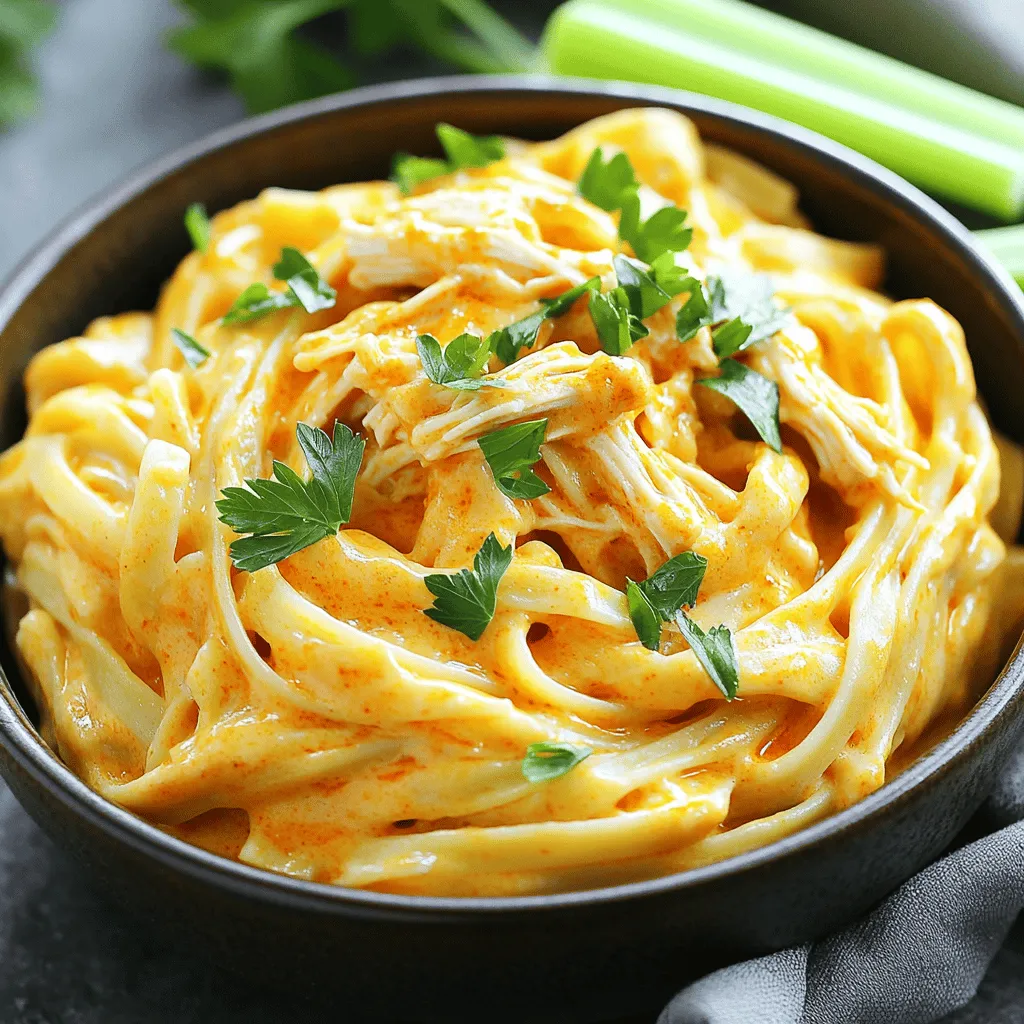 - 8 oz fettuccine pasta - 2 cups cooked chicken, shredded or diced - 1/2 cup buffalo sauce - 1 cup heavy cream - 1 cup grated Parmesan cheese - 2 tablespoons cream cheese - 2 tablespoons unsalted butter - 2 cloves garlic, minced - Salt and pepper to taste - Fresh parsley (for garnish) - Celery sticks (for serving) The right ingredients make Buffalo Chicken Alfredo Pasta so creamy and tasty. First, I use fettuccine pasta. It holds the sauce well, making each bite rich and filling. You need cooked chicken, too. I love using shredded chicken for its soft texture. You can also use diced chicken if you prefer. Now, let's talk about the sauce. Buffalo sauce gives this dish its spicy kick. I like to start with a half cup, but you can add more if you want extra heat. Heavy cream is key to a rich, smooth sauce. It pairs perfectly with the grated Parmesan cheese, which adds a salty flavor. For even more creaminess, I mix in a couple of tablespoons of cream cheese. It makes the sauce thick and luscious. The butter and minced garlic add depth to the flavor. Lastly, don't forget the salt and pepper to taste. A sprinkle of fresh parsley at the end brightens the dish. You can serve it with celery sticks for a crunchy side. For the full recipe and step-by-step instructions, check out the [Full Recipe]. To start, boil a large pot of salted water. The salt adds flavor to the pasta. Once the water is boiling, add 8 oz of fettuccine pasta. Cook it until al dente, which usually takes about 8 to 10 minutes. Al dente means the pasta should be firm when bitten. After cooking, drain the pasta in a colander. Be sure to reserve about 1/2 cup of the pasta water. You might need this later to adjust the sauce. In a large skillet, melt 2 tablespoons of unsalted butter over medium heat. Once the butter is melted, add 2 cloves of minced garlic. Sauté the garlic for about 1 minute. You want it to be fragrant, but not burnt. Next, lower the heat and stir in 1 cup of heavy cream. Let it simmer for a minute. Then, add 2 tablespoons of softened cream cheese. Stir until the cream cheese is fully melted and smooth. This step is key for a creamy sauce. Now, it’s time to bring everything together. Gradually stir in 1 cup of grated Parmesan cheese. Then, add 1/2 cup of buffalo sauce to the skillet. Mix in 2 cups of cooked chicken, which can be shredded or diced. Stir until the chicken is heated through and well-coated with the sauce. Season with salt and pepper to taste. Finally, toss in the cooked fettuccine pasta. Combine all the ingredients until the pasta is evenly coated with the sauce and chicken. This dish is now ready to enjoy! For the full recipe, check out the details above. To get the perfect Alfredo sauce, watch the heat. Keep it low to prevent burning. Add cream slowly while stirring. This helps it blend well. If the sauce is too thick, add a bit of pasta water. This water has starch that helps the sauce coat the pasta nicely. Shredding chicken can be simple. Use two forks to pull it apart. For diced chicken, chop it into small cubes. Both methods work well in this dish. Just ensure the chicken is fully cooked before using it. This keeps your pasta safe and delicious. Buffalo sauce can be adjusted to fit your taste. Start with half a cup and add more if you like heat. Taste as you go. This helps you find the right balance for your dish. You can also add spices or herbs for more flavor. Consider using garlic powder, onion powder, or even paprika. Fresh herbs like basil or oregano can also elevate the dish. Experimenting with flavors can make each meal exciting. Serving the pasta in deep bowls makes it look appealing. Garnish with fresh parsley for a pop of color. Drizzle some buffalo sauce on top for extra flair. A celery stick on the side adds a nice touch and crunch. Pair your dish with a crisp green salad. This adds freshness and balances the creamy pasta. You can also serve it with garlic bread. It’s perfect for soaking up that tasty Alfredo sauce. Explore these ideas to turn your meal into a feast! {{image_2}} You can switch up the pasta for a new taste. Instead of fettuccine, try penne. Penne holds the sauce well, making every bite flavorful. If you're looking for a gluten-free option, use brown rice pasta or chickpea pasta. Both are tasty and work great with this dish. For proteins, chicken is classic. But shrimp is a great choice too! It cooks quickly and adds a light touch. If you prefer plant-based options, tofu works well. Just make sure to press it first to remove excess moisture. Want your dish to be milder? Reduce the buffalo sauce. You can also add a bit of cream to tone down the heat. If you like spice, kick it up with extra buffalo sauce or even add some cayenne pepper. Adding veggies is another exciting option. Bell peppers bring sweetness and color. Spinach adds a nice touch and boosts nutrition. Simply sauté them with garlic before adding the sauce. For a low-calorie version, use half-and-half instead of heavy cream. Swap the chicken for grilled veggies or mushrooms for a vegan take. Use cashew cream in place of dairy for a creamy texture without the milk. If you're aiming for a dairy-free meal, check for a dairy-free cheese. Nutritional yeast can also add a cheesy flavor. These swaps keep the dish delicious and cater to dietary needs. For the full recipe, check the link provided. Enjoy exploring these variations! To store leftover Buffalo Chicken Alfredo Pasta, let it cool first. Use airtight containers to keep it fresh. If you have a lot, divide it into smaller portions. This way, you can heat only what you need. Remember, the air in containers can cause drying, so seal them tightly. When reheating, avoid the microwave if possible. It can make the pasta rubbery. Instead, use the stovetop. Add a splash of milk or cream to keep it creamy. Heat over low flame and stir often. If you must use the microwave, do it in short bursts. Stir in between to help it heat evenly. Buffalo Chicken Alfredo Pasta lasts about three to four days in the fridge. Always check for signs of spoilage. If it smells sour or has an odd color, toss it out. Trust your senses. Safety first! To make Buffalo Chicken Alfredo Pasta, you follow a simple step-by-step process. First, boil salted water and cook 8 oz of fettuccine until it's al dente. Drain the pasta and save about 1/2 cup of the pasta water. Next, melt 2 tablespoons of unsalted butter in a skillet over medium heat, then add 2 cloves of minced garlic. Sauté the garlic until it smells great, about one minute. Lower the heat and stir in 1 cup of heavy cream and 2 tablespoons of cream cheese until smooth. Gradually add in 1 cup of grated Parmesan cheese and 1/2 cup of buffalo sauce. Mix in 2 cups of cooked chicken until it's warm and coated. Finally, toss in your cooked pasta, mixing well. This creates a rich and creamy dish. If you need substitutes, there are great options. For fettuccine, you can use penne or even gluten-free pasta. If you don't have buffalo sauce, hot sauce mixed with melted butter works well. You can swap heavy cream with half-and-half for a lighter option. For a lower-fat choice, use Greek yogurt instead of cream cheese. Each of these swaps keeps the dish tasty. Yes, you can prepare Buffalo Chicken Alfredo Pasta in advance. Cook the pasta and make the sauce, then store them separately. Keep the cooked pasta in an airtight container in the fridge for up to three days. The sauce can also last three days. When you're ready to eat, just reheat the sauce and mix it with the pasta. This saves time on busy days. Buffalo Chicken Alfredo Pasta can be spicy, depending on how much buffalo sauce you use. If you like it mild, start with 1/4 cup of buffalo sauce and taste it. Add more if you want extra heat. You can also mix in some sour cream to cut the spice. Adjusting the buffalo sauce lets you control the heat level. Buffalo Chicken Alfredo Pasta combines tasty pasta, chicken, and creamy sauce. You learned the key ingredients, cooking steps, and tips for great flavor. I shared variations to suit different diets and preferences. Proper storage and reheating also enhance your dish's life. Try this recipe for a fun, flavorful meal. Enjoy cooking and experimenting with the flavors to make it your own!