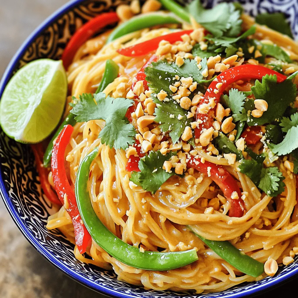 To create spicy Thai peanut noodles, gather these key ingredients: - 8 oz rice noodles - 1 cup peanut butter (creamy or chunky) - 2 tablespoons soy sauce - 2 tablespoons rice vinegar - 2 tablespoons honey or maple syrup - 2 tablespoons sesame oil - 1 tablespoon Sriracha (adjust to taste) - 1 red bell pepper, thinly sliced - 1 cup snap peas, trimmed - 2 green onions, chopped - 1/4 cup cilantro, chopped These ingredients bring bold flavors to your dish. The rice noodles serve as a soft base. Peanut butter adds creaminess and richness. Soy sauce and Sriracha give it that spicy kick. Add these garnishes to enhance your dish: - Crushed peanuts - Lime wedges - Cilantro Crushed peanuts provide crunch. Lime wedges add freshness and acidity. Cilantro gives a nice herbal note. Feel free to mix and match according to your taste! You can make this dish your own with these swaps: - Use almond butter instead of peanut butter for a different flavor. - For a vegan option, replace honey with maple syrup. - Choose low-sodium soy sauce to cut back on salt. These substitutions help you cater to dietary needs. They also allow you to experiment with flavors, making this dish unique. Enjoy the process of personalizing your spicy Thai peanut noodles! Start by bringing a large pot of water to a boil. Once boiling, add the rice noodles. Cook them according to the package instructions, usually about 5 to 7 minutes. You want them to be al dente, meaning they should still have a slight bite. To check doneness, taste a noodle. If it’s ready, drain the noodles in a colander. Rinse them under cold water to stop the cooking process. This step keeps the noodles from getting mushy. Set the rinsed noodles aside while you prepare the sauce and veggies. In a mixing bowl, combine the peanut butter, soy sauce, rice vinegar, honey or maple syrup, sesame oil, and Sriracha. Whisk them together until smooth. This sauce packs a punch! If the sauce is too thick, add a splash of water. Stir until you reach your desired consistency. Taste your sauce. If it needs more sweetness or heat, adjust with more honey or Sriracha. This balance is key to making the sauce shine. Heat a large skillet or wok over medium heat. Add a drizzle of oil to the pan. Once hot, toss in the thinly sliced red bell pepper and snap peas. Stir-fry them for about 3 to 4 minutes. You want them tender yet crisp. This quick cooking keeps their bright colors and crunch. Choose your veggies based on what you love! Bell peppers and snap peas are great, but you can add others like carrots or broccoli. Now you’re ready to mix everything together. Grab the noodles and pour in the peanut sauce. Toss until the noodles are evenly coated. Add the cooked veggies, and stir well. This dish is all about bold and rich flavors, making every bite count. For the full recipe, check above. Avoid overcooking your noodles. Cook them just until they are al dente. This keeps them firm and prevents mushiness. After cooking, rinse them under cold water. This stops the cooking process and keeps them from sticking together. Next, watch your sauce. If it is too thick, it may not coat the noodles well. Add a splash of water to get the right consistency. If it is too thin, your dish may lack flavor. Aim for a creamy texture that clings to the noodles. To boost flavor, try adding crushed red pepper or chili flakes for extra heat. You can also toss in some crunchy veggies like carrots or cabbage for added texture. For a fresh twist, serve with lime wedges. Squeezing fresh lime juice over the dish brightens the flavors and adds zest. Use a large skillet or wok for sautéing. This allows for even cooking and plenty of space for your veggies. A non-stick pan works best to prevent sticking. For mixing the sauce, a medium bowl and a whisk will do the job well. These tools make blending your ingredients quick and easy. Follow these tips to elevate your Spicy Thai Peanut Noodles and impress your guests. For the complete recipe, check out the Full Recipe link. {{image_2}} You can add protein to your Spicy Thai Peanut Noodles for a hearty meal. Shrimp is a great choice. It cooks quickly and adds a nice flavor. Just sauté the shrimp for 2-3 minutes until pink. Chicken works well too. Use thin strips and cook until no longer pink. For a plant-based option, try tofu. Press the tofu to remove moisture, then cube it. Sauté until golden for a perfect texture. Choosing seasonal vegetables can enhance your dish. In spring, add fresh asparagus or snap peas for crunch. In summer, zucchini or bell peppers shine. For fall, consider adding butternut squash or carrots for sweetness. In winter, try broccoli or bok choy. Adjust cooking times based on the vegetable. Softer veggies need less time, while denser ones need a bit more. Stir-fry until they are tender but still crisp. You can adapt this recipe to fit different diets. For gluten-free, use rice noodles and tamari instead of soy sauce. If you want a vegan version, swap honey for maple syrup. For nut-free options, try sun butter or tahini in place of peanut butter. Each variation still brings delicious flavors, so everyone can enjoy this meal! To keep your Spicy Thai Peanut Noodles fresh, store them in airtight containers. Glass containers work best, as they do not absorb odors. If you have extra sauce, store it separately. This keeps the noodles from getting soggy. Portion out what you need to avoid wasting food. When you're ready to enjoy leftovers, you can reheat them on the stovetop or in the microwave. For the stovetop, add a splash of water and heat over low. This helps keep the noodles from drying out. In the microwave, heat in short bursts. Stir often to ensure even warming. You can keep Spicy Thai Peanut Noodles in the fridge for about 3 to 5 days. Always check for signs of spoilage. If the noodles look slimy or smell off, it’s best to throw them away. Keeping track of dates helps you enjoy this dish at its best. To make homemade peanut sauce, gather these ingredients: peanut butter, soy sauce, rice vinegar, honey or maple syrup, sesame oil, and Sriracha. Mix them in a bowl until smooth. If your sauce is thick, add a splash of water. This keeps it creamy and easy to pour. Each ingredient adds a unique taste. The peanut butter gives richness. The soy sauce adds salt. The vinegar brings tang. Honey balances the heat from Sriracha. You can adjust the heat based on your taste, too. Yes, you can use different types of noodles! Rice noodles are traditional, but you can swap them for others. Try egg noodles or whole wheat noodles for a different flavor. Gluten-free options are also available, like soba or zucchini noodles. Just note that cooking times may vary. Always check the package for instructions. This flexibility allows you to customize the dish based on your preference. Spicy Thai peanut noodles come from Thai cuisine. They blend Asian flavors, especially from Thailand. The dish highlights peanuts, common in Thai cooking. Street vendors often serve it with various spices and herbs. It reflects the love for bold flavors and quick meals in Thai culture. This dish has grown in popularity worldwide. Now, many enjoy it at home, thanks to easy recipes like the Full Recipe. Yes, this dish can be gluten-free! Use gluten-free soy sauce, often labeled tamari. Rice noodles are naturally gluten-free, making them a great choice. Always check labels on your ingredients to avoid hidden gluten. With these simple swaps, you can enjoy this spicy delight without worries. This makes it perfect for those with gluten sensitivities. Spicy Thai peanut noodles are a tasty dish you can easily make at home. We covered the key ingredients, from rice noodles to optional garnishes. I shared tips for cooking, making sauce, and sautéing veggies to get it just right. You also learned what mistakes to avoid and how to adapt the recipe for different diets. Remember to store leftovers wisely for the best taste. Now you can create this dish confidently and enjoy it in many ways!