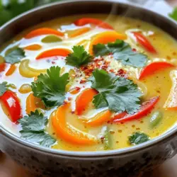 To make a great Thai coconut soup, gather these items: - 1 can (400ml) coconut milk - 3 cups vegetable broth - 1 stalk lemongrass, trimmed and smashed - 3-4 kaffir lime leaves - 200g mushrooms, sliced (shiitake or button) - 1 medium carrot, sliced - 1 red bell pepper, sliced - 1 cup cherry tomatoes, halved - 200g firm tofu, cubed - 2 tablespoons soy sauce - 1 tablespoon red curry paste - 2 tablespoons lime juice - Fresh cilantro leaves, for garnish - Chili flakes, to taste (optional) These ingredients blend to create a warm, rich soup that sings with flavor. If you lack some ingredients, don’t worry! Here are some swaps: - Use chicken broth instead of vegetable broth for a meatier taste. - If you can’t find lemongrass, try using lime zest for a citrus kick. - You can substitute mushrooms with zucchini or any veggies you like. - Instead of tofu, shredded chicken or chickpeas work well. These swaps keep the essence of the dish while allowing you to use what you have. Using fresh ingredients is key for flavor. Fresh lemongrass and lime leaves give the soup a bright aroma. Fresh veggies add crunch and color. When you use fresh herbs like cilantro, you lift the dish's taste. Quality ingredients make your soup taste gourmet, even if you are cooking at home. Always aim for the best, and your soup will shine! For the full recipe, check out the [Full Recipe]. To make Thai coconut soup, start with a large pot. Combine vegetable broth and coconut milk over medium heat. This mix gives our soup a rich base. Bring the mixture to a gentle simmer. This step is key. It helps blend the flavors well. Next, add the smashed lemongrass and kaffir lime leaves. These herbs add a bright, fragrant taste. Let them infuse for about 5 minutes. The longer they sit, the stronger the flavors become. Then, stir in the sliced mushrooms, carrots, and red bell pepper. Cook these veggies until they are tender, about 5 to 7 minutes. They should keep some crunch for texture. Timing is very important for a creamy soup. After the veggies are tender, add cherry tomatoes and cubed tofu. These ingredients add freshness and protein. Next, include soy sauce and red curry paste. Stir everything together. The paste brings heat and depth. Let the soup simmer for another 5 minutes. This step allows all the flavors to meld nicely. Finally, remove the pot from heat. Stir in lime juice for brightness. Adjust seasoning with salt or chili flakes if you like. Infusing flavors is an art. Start with strong ingredients. Lemongrass and lime leaves pack a punch. Always add these first. Let them steep in the broth. When adding the vegetables, think about texture and taste. Each one contributes something special. For example, mushrooms add umami, while carrots bring sweetness. Lastly, don’t forget the lime juice at the end. This brightens the whole soup. Discard the lemongrass stalk and lime leaves before serving. Enjoy a bowl of this comforting Thai coconut soup! You can find the full recipe above. When making Thai coconut soup, some errors can ruin the taste. Here are key mistakes to avoid: - Skipping the aromatics: Lemongrass and kaffir lime leaves add a unique flavor. Don’t skip them! - Overcooking veggies: Cook just until tender. This keeps them vibrant and fresh. - Not tasting as you go: Always taste your soup. Adjust salt and spice levels for balance. The secret to great Thai coconut soup lies in balance. Here are some tips: - Coconut milk brings creaminess but can be too rich. Use broth to cut the heaviness. - Acid is key: Lime juice brightens the soup. Add it at the end to preserve its zing. - Spicy and sweet: Add red curry paste for heat and soy sauce for depth. Adjust these to fit your taste. Garnishing your soup makes it look and taste better. Try these ideas: - Fresh cilantro: Sprinkle chopped cilantro on top for fresh flavor and color. - Chili flakes: For a pop of heat, add a pinch of chili flakes or sliced fresh chili. - Lime wedges: Serve with lime wedges on the side. This lets everyone add more zing if they want to. Using these tips, you’ll make a flavorful Thai coconut soup that impresses everyone. For the full recipe, check out the detailed instructions above. {{image_2}} You can easily make this soup vegan. Start by replacing tofu with chickpeas or more vegetables. Use vegetable broth, as it is already vegan. The coconut milk gives it a rich texture. Add more herbs, like basil or mint, for extra flavor. This will keep the dish fresh and vibrant. You can enjoy this vegan version just as much as the original. If you need a gluten-free soup, this recipe works well. Just ensure you use gluten-free soy sauce or tamari. All the other ingredients are gluten-free. Fresh veggies, coconut milk, and herbs keep the flavors bright. You won't miss the gluten in this creamy delight. If you love heat, add more red curry paste. You can also toss in fresh chili peppers. For a milder soup, reduce the amount of red curry paste. You can also skip the chili flakes. Adjust the spice level to fit your taste. This flexibility lets everyone enjoy a bowl of goodness. For the complete recipe, check out the [Full Recipe]. Store any leftover Thai coconut soup in an airtight container. Let the soup cool to room temperature first. Place it in the fridge for up to 3 days. If you want to keep it longer, freezing is a better choice. Always label your container with the date, so you know when you made it. To reheat, pour the soup into a pot. Use medium heat and stir often. Keep an eye on it to avoid burning. You can also use the microwave. Heat in short bursts, stirring in between. This method helps keep the soup creamy and flavorful. If the soup thickens too much, add a splash of vegetable broth or water. To freeze, first, let the soup cool completely. Pour it into freezer-safe containers, leaving some space at the top for expansion. Seal tightly and freeze for up to 2 months. When ready to eat, thaw it in the fridge overnight. Reheat as mentioned above for the best taste. Avoid freezing the soup with fresh cilantro, as it can get mushy. Add it just before serving. For the full recipe, check the complete guide. Thai Coconut Soup, also known as Tom Kha Gai, comes from Thailand. This soup blends flavors from many Thai dishes. It uses coconut milk and herbs to create a rich taste. The dish reflects Thailand's love for bold flavors and fresh ingredients. Coconut milk is creamy and tasty. It contains healthy fats that can boost energy. It also has vitamins C, E, and B vitamins. These nutrients help keep skin healthy and may aid in digestion. Plus, coconut milk can be a great dairy substitute for many diets. Yes, you can easily add proteins like chicken or shrimp. These ingredients enhance the soup's flavor and make it more filling. For chicken, use cooked, shredded meat. For shrimp, add them in the last few minutes of cooking. They cook fast and stay tender. To lower the calories in your soup, swap full-fat coconut milk for light coconut milk. You can also use more broth and fewer high-calorie items. Adding extra vegetables is a great way to keep it filling without adding many calories. Enjoy this delicious soup without the guilt! For the complete recipe, refer to the Full Recipe section above. To sum it up, we explored the key ingredients and steps for making Thai Coconut Soup. Fresh ingredients are critical for flavor. We covered cooking techniques and timing to achieve a creamy texture. I shared tips to avoid common mistakes and balance flavors. You can try various versions, including vegan and gluten-free options. Lastly, we discussed storage and reheating methods to keep your soup tasty. Enjoy making your own soup and experimenting with these ideas!