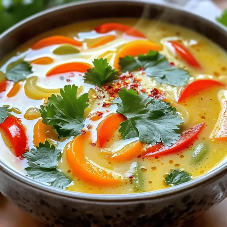 To make a great Thai coconut soup, gather these items: - 1 can (400ml) coconut milk - 3 cups vegetable broth - 1 stalk lemongrass, trimmed and smashed - 3-4 kaffir lime leaves - 200g mushrooms, sliced (shiitake or button) - 1 medium carrot, sliced - 1 red bell pepper, sliced - 1 cup cherry tomatoes, halved - 200g firm tofu, cubed - 2 tablespoons soy sauce - 1 tablespoon red curry paste - 2 tablespoons lime juice - Fresh cilantro leaves, for garnish - Chili flakes, to taste (optional) These ingredients blend to create a warm, rich soup that sings with flavor. If you lack some ingredients, don’t worry! Here are some swaps: - Use chicken broth instead of vegetable broth for a meatier taste. - If you can’t find lemongrass, try using lime zest for a citrus kick. - You can substitute mushrooms with zucchini or any veggies you like. - Instead of tofu, shredded chicken or chickpeas work well. These swaps keep the essence of the dish while allowing you to use what you have. Using fresh ingredients is key for flavor. Fresh lemongrass and lime leaves give the soup a bright aroma. Fresh veggies add crunch and color. When you use fresh herbs like cilantro, you lift the dish's taste. Quality ingredients make your soup taste gourmet, even if you are cooking at home. Always aim for the best, and your soup will shine! For the full recipe, check out the [Full Recipe]. To make Thai coconut soup, start with a large pot. Combine vegetable broth and coconut milk over medium heat. This mix gives our soup a rich base. Bring the mixture to a gentle simmer. This step is key. It helps blend the flavors well. Next, add the smashed lemongrass and kaffir lime leaves. These herbs add a bright, fragrant taste. Let them infuse for about 5 minutes. The longer they sit, the stronger the flavors become. Then, stir in the sliced mushrooms, carrots, and red bell pepper. Cook these veggies until they are tender, about 5 to 7 minutes. They should keep some crunch for texture. Timing is very important for a creamy soup. After the veggies are tender, add cherry tomatoes and cubed tofu. These ingredients add freshness and protein. Next, include soy sauce and red curry paste. Stir everything together. The paste brings heat and depth. Let the soup simmer for another 5 minutes. This step allows all the flavors to meld nicely. Finally, remove the pot from heat. Stir in lime juice for brightness. Adjust seasoning with salt or chili flakes if you like. Infusing flavors is an art. Start with strong ingredients. Lemongrass and lime leaves pack a punch. Always add these first. Let them steep in the broth. When adding the vegetables, think about texture and taste. Each one contributes something special. For example, mushrooms add umami, while carrots bring sweetness. Lastly, don’t forget the lime juice at the end. This brightens the whole soup. Discard the lemongrass stalk and lime leaves before serving. Enjoy a bowl of this comforting Thai coconut soup! You can find the full recipe above. When making Thai coconut soup, some errors can ruin the taste. Here are key mistakes to avoid: - Skipping the aromatics: Lemongrass and kaffir lime leaves add a unique flavor. Don’t skip them! - Overcooking veggies: Cook just until tender. This keeps them vibrant and fresh. - Not tasting as you go: Always taste your soup. Adjust salt and spice levels for balance. The secret to great Thai coconut soup lies in balance. Here are some tips: - Coconut milk brings creaminess but can be too rich. Use broth to cut the heaviness. - Acid is key: Lime juice brightens the soup. Add it at the end to preserve its zing. - Spicy and sweet: Add red curry paste for heat and soy sauce for depth. Adjust these to fit your taste. Garnishing your soup makes it look and taste better. Try these ideas: - Fresh cilantro: Sprinkle chopped cilantro on top for fresh flavor and color. - Chili flakes: For a pop of heat, add a pinch of chili flakes or sliced fresh chili. - Lime wedges: Serve with lime wedges on the side. This lets everyone add more zing if they want to. Using these tips, you’ll make a flavorful Thai coconut soup that impresses everyone. For the full recipe, check out the detailed instructions above. {{image_2}} You can easily make this soup vegan. Start by replacing tofu with chickpeas or more vegetables. Use vegetable broth, as it is already vegan. The coconut milk gives it a rich texture. Add more herbs, like basil or mint, for extra flavor. This will keep the dish fresh and vibrant. You can enjoy this vegan version just as much as the original. If you need a gluten-free soup, this recipe works well. Just ensure you use gluten-free soy sauce or tamari. All the other ingredients are gluten-free. Fresh veggies, coconut milk, and herbs keep the flavors bright. You won't miss the gluten in this creamy delight. If you love heat, add more red curry paste. You can also toss in fresh chili peppers. For a milder soup, reduce the amount of red curry paste. You can also skip the chili flakes. Adjust the spice level to fit your taste. This flexibility lets everyone enjoy a bowl of goodness. For the complete recipe, check out the [Full Recipe]. Store any leftover Thai coconut soup in an airtight container. Let the soup cool to room temperature first. Place it in the fridge for up to 3 days. If you want to keep it longer, freezing is a better choice. Always label your container with the date, so you know when you made it. To reheat, pour the soup into a pot. Use medium heat and stir often. Keep an eye on it to avoid burning. You can also use the microwave. Heat in short bursts, stirring in between. This method helps keep the soup creamy and flavorful. If the soup thickens too much, add a splash of vegetable broth or water. To freeze, first, let the soup cool completely. Pour it into freezer-safe containers, leaving some space at the top for expansion. Seal tightly and freeze for up to 2 months. When ready to eat, thaw it in the fridge overnight. Reheat as mentioned above for the best taste. Avoid freezing the soup with fresh cilantro, as it can get mushy. Add it just before serving. For the full recipe, check the complete guide. Thai Coconut Soup, also known as Tom Kha Gai, comes from Thailand. This soup blends flavors from many Thai dishes. It uses coconut milk and herbs to create a rich taste. The dish reflects Thailand's love for bold flavors and fresh ingredients. Coconut milk is creamy and tasty. It contains healthy fats that can boost energy. It also has vitamins C, E, and B vitamins. These nutrients help keep skin healthy and may aid in digestion. Plus, coconut milk can be a great dairy substitute for many diets. Yes, you can easily add proteins like chicken or shrimp. These ingredients enhance the soup's flavor and make it more filling. For chicken, use cooked, shredded meat. For shrimp, add them in the last few minutes of cooking. They cook fast and stay tender. To lower the calories in your soup, swap full-fat coconut milk for light coconut milk. You can also use more broth and fewer high-calorie items. Adding extra vegetables is a great way to keep it filling without adding many calories. Enjoy this delicious soup without the guilt! For the complete recipe, refer to the Full Recipe section above. To sum it up, we explored the key ingredients and steps for making Thai Coconut Soup. Fresh ingredients are critical for flavor. We covered cooking techniques and timing to achieve a creamy texture. I shared tips to avoid common mistakes and balance flavors. You can try various versions, including vegan and gluten-free options. Lastly, we discussed storage and reheating methods to keep your soup tasty. Enjoy making your own soup and experimenting with these ideas!