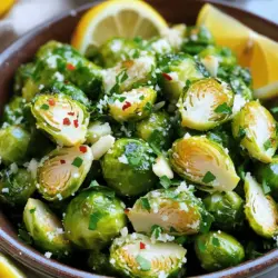 - 1 pound Brussels sprouts - 4 cloves garlic - 3 tablespoons olive oil For this recipe, fresh Brussels sprouts are key. They have a firm texture and taste great when roasted. You want to trim the ends and cut them in half. This step helps them cook evenly. Fresh garlic adds a punch of flavor, making every bite aromatic and tasty. Olive oil not only adds richness but also helps the sprouts crisp up nicely in the oven. - Zest and juice of 1 lemon - Salt and black pepper - Red pepper flakes (optional) Adding lemon zest and juice brightens the dish. The lemon gives a tangy kick that pairs well with the sprouts. Salt and black pepper are must-haves for bringing out the natural flavors. If you like a little heat, add red pepper flakes. They can give the dish a fun twist without overpowering it. - Grated Parmesan cheese - Fresh parsley for garnish Parmesan cheese can add a creamy texture and extra depth of flavor. Adding it in the last few minutes of roasting makes it melt perfectly. Fresh parsley not only looks good but adds freshness. Sprinkle it on before serving to elevate your dish. For the Full Recipe, check out the detailed instructions and tips to make this dish a hit at your table. Start by trimming the Brussels sprouts. Cut off the tough ends and remove any yellow leaves. Then, slice each sprout in half. This allows them to cook evenly and soak up the flavors. Next, mince the garlic. Use a sharp knife to chop the garlic into small pieces. This helps release its strong flavor, making the dish pop. In a large bowl, combine the olive oil, lemon zest, lemon juice, salt, black pepper, and red pepper flakes if you like some heat. Mix these well to create a zesty sauce. Now, add the halved Brussels sprouts to the bowl. Toss them gently until they are fully coated in the mixture. This step ensures every sprout gets that delicious lemon garlic flavor. Preheat your oven to 400°F (200°C). This high heat helps the sprouts become crispy and caramelized. Spread the coated Brussels sprouts evenly on a baking sheet. Make sure they are in a single layer. This allows them to roast properly and not steam. Roast the sprouts in the oven for 20-25 minutes. Stir them halfway through to ensure even cooking. They should turn golden brown and be crispy on the edges. If you are using Parmesan cheese, sprinkle it on top during the last 5 minutes of roasting. This adds a rich flavor that complements the dish well. Once they are done, take them out of the oven. Garnish with fresh parsley before serving. Enjoy your Lemon Garlic Roasted Brussels Sprouts! For the full recipe, refer to the earlier sections. To get perfect Lemon Garlic Roasted Brussels Sprouts, ensure even roasting. Spread the sprouts out on the baking sheet in one layer. This helps them cook evenly. If they crowd together, they will steam instead of roast. Stir them halfway through roasting for crispiness. Adjust the seasoning to fit your taste. Start with less salt and pepper, and add more if needed. You can always add more, but you can't take it out once it's there! Serve your Brussels sprouts in a rustic bowl to add charm. This makes your dish more inviting. Drizzle extra lemon juice over the top for a fresh burst of flavor. Place lemon wedges on the side for a pop of color and extra zing. For the best flavor and tenderness, roast the sprouts for about 20-25 minutes. Keep an eye on them to avoid burning. They should be golden brown and crispy on the edges. If you want to add Parmesan cheese, do it in the last 5 minutes of roasting. This lets the cheese melt nicely without burning. For the best taste, enjoy your dish warm! {{image_2}} You can make Lemon Garlic Roasted Brussels Sprouts even more exciting. Try adding balsamic vinegar for a tangy twist. Just drizzle a bit before roasting. This adds a rich flavor that balances the lemon. You can also use different herbs to change the taste. Thyme and rosemary work great. Add them to the olive oil mix. Fresh herbs bring a lovely aroma and depth to your dish. You can cook Brussels sprouts in different ways. Air frying is a quick method. It gives you that crispy texture without much oil. Just set your air fryer to 375°F and cook for about 15 minutes. Shake the basket halfway for even cooking. Steaming is another option for a healthier dish. It keeps the sprouts tender and bright green. Steam them for about 5-7 minutes. This method helps to lock in nutrients. Lemon Garlic Roasted Brussels Sprouts pair well with many dishes. They go great with roasted chicken or pork. The flavors complement each other perfectly. For a complete meal, serve them with quinoa or brown rice. These grains add heartiness. You can also add a fresh salad on the side. This creates a colorful and balanced plate. For the detailed steps on making these delicious sprouts, check out the Full Recipe. To keep Lemon Garlic Roasted Brussels Sprouts fresh, store them properly. Place the sprouts in an airtight container. Make sure to cool them to room temperature before sealing the container. Store the container in the fridge. This method keeps them tasty for up to three days. When reheating, I recommend using the oven. Preheat it to 350°F (175°C). Spread the sprouts on a baking sheet. Heat for about 10-15 minutes. This method helps keep their crispy texture. You can also use a microwave, but be careful. Microwaving can make them soggy. If you want to freeze Brussels sprouts, follow these steps. First, blanch them in boiling water for two minutes. Then, quickly cool them in ice water. Drain and dry them well. Place the sprouts in a freezer bag. Remove as much air as possible before sealing. These will stay fresh for up to three months. When you are ready to use them, thaw them in the fridge overnight for best results. Brussels sprouts are small but mighty veggies. They pack vitamins, minerals, and fiber. Here’s a quick look at their benefits: - Low in calories: Only about 38 calories per cup. - High in Vitamin C: Supports your immune system. - Rich in Vitamin K: Good for bone health. - Contains antioxidants: Helps protect your body from damage. - Good source of fiber: Aids in digestion. Eating Brussels sprouts can boost your health. They help fight disease and improve overall wellness. Yes! You can prep Lemon Garlic Roasted Brussels Sprouts ahead of time. Here are some tips: - Trim and cut: Prepare the Brussels sprouts a day in advance. - Mix the dressing: Combine olive oil, garlic, lemon zest, and juice. Store this in a jar. - Combine before roasting: Just toss the sprouts with the dressing right before roasting. This way, you save time when you want a tasty side dish! Brussels sprouts can taste bitter. Try these tips to reduce bitterness: - Blanch them first: Boil the sprouts briefly, then shock them in ice water. This can help lessen bitterness. - Roast with lemon: The lemon in the recipe brightens the flavor and balances the bitterness. - Add sweetness: A touch of honey or maple syrup can help. Just mix it with the olive oil before coating. These techniques make your Brussels sprouts delicious and enjoyable! Lemon Garlic Roasted Brussels Sprouts combine bright flavors and healthy ingredients. You learned how to prepare, roast, and serve them perfectly. Each step ensures a tasty dish that you can enjoy anytime. Remember to play with flavors and pairings, like adding balsamic vinegar or herbs. Storing and reheating leftovers will keep your meals fresh. Embrace these cooking tips to delight your taste buds and nourish your body. Enjoy this simple, flavorful side dish at your next meal!