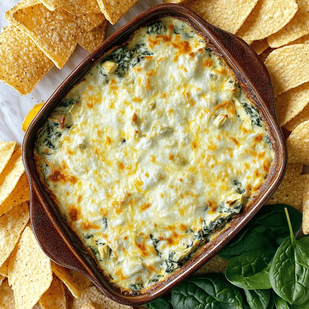 To make creamy spinach artichoke dip, gather these key ingredients: - 1 cup frozen spinach, thawed and drained - 1 can (14 oz) artichoke hearts, drained and chopped - 1 cup cream cheese, softened - 1/2 cup sour cream - 1/2 cup mayonnaise - 1 cup grated mozzarella cheese - 1/4 cup grated Parmesan cheese - 2 cloves garlic, minced - 1 teaspoon onion powder - 1/2 teaspoon crushed red pepper flakes (optional) - Salt and pepper to taste - Tortilla chips or toasted baguette slices for serving Each ingredient plays a role in creating that rich, creamy texture. The frozen spinach and artichokes give it a nice base, while the blend of cheeses adds depth. The cream cheese, sour cream, and mayonnaise form the creamy base, making every bite smooth and indulgent. Garlic and onion powder bring out the flavor, and you can add crushed red pepper for a bit of heat. The Full Recipe guides you through the steps to create this tasty dip. This dip pairs perfectly with tortilla chips or toasted baguette slices, making it a great treat for parties. 1. Prepping the oven and mixing the creamy base First, set your oven to 350°F (175°C). In a large bowl, mix the softened cream cheese, sour cream, and mayonnaise. Stir until the mix is smooth and creamy. 2. Incorporating spinach, artichokes, and seasonings Next, add in the thawed spinach and chopped artichoke hearts. Toss in the minced garlic, onion powder, and crushed red pepper flakes, if you like some heat. Don’t forget to season with salt and pepper. Mix well to combine. 3. Transferring to a baking dish and baking Once everything is mixed, fold in the grated mozzarella and Parmesan cheese. Scoop the creamy mix into a baking dish and smooth it down with a spatula. Now, it’s time to bake! - Optimal baking temperature and time Bake the dip in your preheated oven for 25-30 minutes. Look for that bubbly, golden top to know it's ready. - How to check for doneness To check if it’s done, look for bubbles around the edges. The center should be hot and the top golden. If it needs more time, pop it back in for a few more minutes. For the full recipe, refer to the details above. Enjoy every cheesy, flavorful bite of this creamy spinach artichoke dip! To make your creamy spinach artichoke dip even better, consider some add-ins. You can mix in cooked bacon for a smoky flavor. Chopped jalapeños can add a nice kick. Try adding some sun-dried tomatoes for a sweet touch. Fresh herbs like parsley or dill can brighten the taste. Adjusting the creaminess of your dip is easy. If you want it creamier, add more cream cheese or sour cream. For a lighter dip, use Greek yogurt instead. You can find the right balance that suits your taste. When serving, warm the dip in its baking dish. Place tortilla chips or toasted baguette slices around it. This makes for a lovely spread. You want your guests to feel invited to dig in. Garnish your dip for a touch of style. A sprinkle of extra Parmesan cheese adds a nice look. Toss on a few fresh spinach leaves for color. This not only looks great but also hints at the fresh flavors inside. {{image_2}} You can make this dip lighter. Use Greek yogurt instead of sour cream. Greek yogurt gives a creamy texture and adds protein. It also cuts down fat. Another option is to choose low-fat cheese. This keeps the dip tasty while reducing calories. Want to add a kick? Try adding jalapeños for some heat. They bring a nice spice that wakes up the flavors. You can also use sun-dried tomatoes. They add a sweet and tangy taste that mixes well. Herbs can change the whole dip too. Try adding fresh basil or parsley for a bright flavor. You can also use dried herbs like oregano or thyme. Each herb gives the dip a unique twist and fresh taste. For the full recipe, check out the Creamy Spinach Artichoke Delight section. To keep your creamy spinach artichoke dip fresh, place it in an airtight container. This keeps the flavors strong and prevents spills. Store it in the fridge for up to three days. If you want to keep it longer, you can freeze it. Use a freezer-safe container and leave some space for expansion. It can last for up to three months in the freezer. Just remember to thaw it in the fridge before reheating. When it's time to enjoy your leftovers, you want to keep that creamy texture. The best way to reheat is in the oven. Preheat your oven to 350°F (175°C) and place the dip in a baking dish. Heat for about 15-20 minutes or until it's warm and bubbly. If you're in a hurry, you can use the microwave. Heat in short bursts, stirring in between to avoid hot spots. Just be careful not to overheat, or it might get dry. Enjoy your dip warm, just like the first time! How long can creamy spinach artichoke dip be kept in the fridge? You can keep the dip in the fridge for about three to four days. Store it in an airtight container to maintain freshness. Can I make this dip ahead of time? Yes, you can prepare the dip a day in advance. Just cover it and keep it in the fridge. Bake it right before serving for the best taste. What to serve with creamy spinach artichoke dip? This dip pairs well with tortilla chips, toasted baguette slices, or fresh veggies. You can also try it with crackers for a crunchy bite. Is this dip spicy? Not really, unless you add crushed red pepper flakes. It has a mild flavor that most people enjoy. You can adjust the spice level to your taste. Can I use fresh spinach instead of frozen? Yes, fresh spinach works great! Just cook it down and chop it finely. Make sure to drain any excess water before adding it to the dip. Caloric content and serving sizes Each serving of this creamy dip has around 250 calories. A serving size is about a quarter cup. Dietary considerations (gluten-free, vegetarian options) This dip is naturally gluten-free and vegetarian. Check labels on ingredients to ensure they meet your dietary needs. For the full recipe, check the complete instructions and details for making this delicious treat! This blog post covers all you need to make a great creamy spinach artichoke dip. You learned about the key ingredients, step-by-step baking instructions, and tips for flavor and presentation. I also shared healthier options and storage advice. Whether you serve it at a party or enjoy it at home, this dip is a crowd-pleaser. Keep experimenting with flavors, and you’ll find your perfect version. Enjoy your cooking and sharing this delightful treat with others.