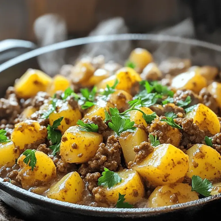 Ground beef and potatoes make a perfect pair in comfort food. Here’s what you need for this dish: - 1 lb ground beef - 4 medium-sized potatoes, diced - 1 large onion, finely chopped - 2 cloves garlic, minced - 1 cup beef broth - 1 tablespoon Worcestershire sauce - 1 teaspoon smoked paprika - 1 teaspoon Italian seasoning - Salt and pepper to taste - 2 tablespoons olive oil - Fresh parsley, chopped (for garnish) Each ingredient plays a key role. Ground beef offers richness and flavor. Potatoes give a hearty texture. Onions and garlic add sweetness and depth. Beef broth and Worcestershire sauce provide umami. The seasonings tie everything together. Fresh parsley brightens the dish, making it look as good as it tastes. Using high-quality ingredients makes a big difference. Fresh ground beef has better flavor and texture. Choose firm potatoes for the best results. If possible, try to use homemade beef broth. It enhances the taste more than store-bought options. You can find the full recipe [here](#) to guide you through cooking this delightful dish. 1. Start by heating 2 tablespoons of olive oil in a large skillet over medium heat. This oil helps with cooking and adds flavor. 2. Add the finely chopped onion to the skillet. Sauté it for about 3-4 minutes until it becomes soft and clear. This step builds a great base flavor. 3. Next, add 2 cloves of minced garlic. Cook it for 1 more minute, stirring often so it doesn’t burn. Garlic adds a warm, savory note to the dish. 4. Now, raise the heat to medium-high. Add 1 pound of ground beef to the skillet. Cook it until it turns brown, which takes about 5-7 minutes. Break it apart with a spatula as it cooks. This makes sure it cooks evenly. Drain any extra fat if needed. 5. Stir in 4 diced potatoes, 1 cup of beef broth, 1 tablespoon of Worcestershire sauce, 1 teaspoon of smoked paprika, 1 teaspoon of Italian seasoning, and salt and pepper to taste. Mix everything well to combine the flavors. 1. Lower the heat to low and cover the skillet with a lid. Let it simmer for 20-25 minutes. This step allows the potatoes to become tender while soaking up the flavors. Stir occasionally to prevent sticking. 2. After the potatoes cook, taste the dish. Adjust the seasonings if needed to suit your taste. This step makes sure every bite is flavorful. 1. Serve this dish hot from the skillet. It looks inviting and smells amazing. 2. Garnish with fresh chopped parsley on top. This adds a nice pop of color and freshness. 3. Pair it with crusty bread or a simple salad. These sides complement the savory beef and potatoes well. For the Full Recipe, refer back to the beginning of this article. Enjoy your cooking adventure! 1. Best practices for browning meat: Start with a hot skillet. Use medium-high heat. Add the ground beef without crowding the pan. This helps it brown well. Break it apart with a spatula as it cooks. Drain excess fat for a cleaner taste. 2. Tips for perfect potato texture: Cut potatoes into similar sizes. This ensures even cooking. Use waxy potatoes for a creamy texture. Parboil them briefly before adding to the skillet. This cuts down cooking time and keeps them soft inside. 1. Suggested seasonings and herbs: Use smoked paprika for a deep flavor. Italian seasoning adds a nice herb touch. Fresh herbs like parsley brighten the dish. You can also try adding a pinch of red pepper flakes for heat. 2. Adjusting for dietary preferences: Substitute ground beef with turkey or plant-based options. Use vegetable broth instead of beef broth for a vegetarian version. Adjust seasonings to suit your taste. This makes the dish friendly for everyone. 1. Essential tools for preparation: A large skillet is key for cooking this dish. Use a sharp knife for chopping. A cutting board keeps your workspace neat. A spatula is great for breaking up the meat. 2. Recommended cookware: Non-stick skillets help prevent sticking. Cast iron pans offer great heat distribution. If you have a lid for your skillet, use it to trap steam. This helps cook the potatoes evenly. For the full recipe, check out the Savory Beef & Potato Skillet Delight. {{image_2}} You can swap ground beef for turkey or chicken. These meats keep it light and healthy. If you want plant-based options, try lentils or mushrooms. Both add great texture and taste. For vegetables, feel free to mix it up. Carrots or peas work well and add sweetness. You can also use sweet potatoes for a twist. They bring a nice flavor and color to the dish. The Instant Pot makes cooking quick and easy. Just brown the meat first, then add all other ingredients. Cook it on high for about 10 minutes. This method saves time and keeps the meat tender. You can also use a slow cooker. Brown the beef, then add everything to the pot. Let it cook on low for 6-8 hours. This method allows the flavors to blend well. For oven-baked versions, try layering the ingredients in a baking dish. Cover it with foil and bake at 350°F for about an hour. This method gives a nice crust on top. You can change the flavor by adding different spices. For a Mexican twist, try cumin and chili powder. These spices add warmth and depth. If you like heat, add red pepper flakes or jalapeños. Start with a little and taste as you go. Adjust the spice level to suit your taste. For a Mediterranean flavor, use oregano and lemon juice. These ingredients brighten the dish and add fresh notes. You will have a whole new experience with just a few changes. For the complete recipe, check the Full Recipe section. To store leftovers, let the dish cool first. Place it in an airtight container. This keeps it fresh. You can store it in the fridge for up to three days. If you plan to eat it later, use proper containers. Glass or plastic containers with tight lids work best. For freezing, make sure the dish is fully cooled. Use freezer-safe containers or bags. This helps to prevent freezer burn. Label each container with the date. To thaw, place it in the fridge overnight. Reheat in a skillet or microwave until hot. In the fridge, the dish lasts about three days. If frozen, it can last up to three months. Look for signs of spoilage. If it smells off or has mold, discard it. Trust your senses; they help keep you safe. Can I use frozen ground beef? Yes, you can use frozen ground beef. Just be sure to thaw it first. The best way to do this is overnight in the fridge. If you're short on time, you can also use the microwave. Once thawed, cook it fully before adding to your dish. What can I serve with Ground Beef and Potatoes? Ground Beef and Potatoes is a filling dish. You can serve it with a simple salad for freshness. Steamed vegetables like broccoli or green beans can also work well. If you're looking for crunch, garlic bread is a great choice too. How to ensure potatoes are fully cooked? To check if your potatoes are done, insert a fork into one. If it slides in easily, they are ready. Make sure to cut the potatoes into even pieces for consistent cooking. Stir the mixture occasionally to help them cook evenly. What’s the best way to reheat this dish? The best way to reheat Ground Beef and Potatoes is on the stove. Use a medium heat and stir often. Add a splash of broth or water to keep it moist. You can also use the microwave, but make sure to cover it to avoid drying out. Caloric content and serving size One serving of this dish contains about 400 calories. The recipe yields four servings, making it a great meal for families. Always check for precise calorie counts based on your specific ingredients. Healthier ingredient options You can make this dish healthier by using lean ground beef. You can also swap out regular potatoes for sweet potatoes. Adding more vegetables like spinach or bell peppers can boost nutrition without changing the flavor much. This article covered key ingredients like beef, potatoes, and seasoning to create a hearty dish. I outlined simple steps for preparation, cooking, and serving suggestions. You learned helpful tips for flavor and cooking methods, plus variations you can try. Storing leftovers correctly ensures you enjoy this dish later. Cooking should be fun and easy. With these insights, you can make a delicious meal that fits your taste. Enjoy your time in the kitchen!