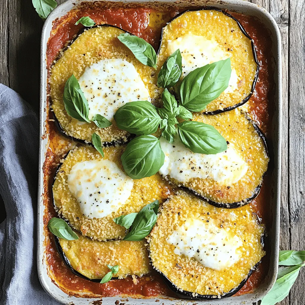 To create a delicious Eggplant Parmesan Bake, you will need the following ingredients: - 2 medium eggplants, sliced into 1/4-inch rounds - 2 teaspoons salt - 1 cup flour - 3 large eggs, beaten - 2 cups breadcrumbs (preferably Italian seasoned) - 2 cups marinara sauce - 3 cups shredded mozzarella cheese - 1 cup grated Parmesan cheese - 1 teaspoon dried oregano - 1 teaspoon garlic powder - Fresh basil leaves for garnish - Olive oil for drizzling These ingredients bring great flavor and texture to the dish. The eggplants are the star, giving a rich, earthy taste. The salt helps to draw out moisture, making the eggplant less bitter and more enjoyable. Using Italian seasoned breadcrumbs adds a lovely herb flavor. The marinara sauce ties everything together with its tangy taste. The mozzarella cheese melts beautifully, while Parmesan adds a sharp bite. Oregano and garlic powder enhance the overall flavor profile. Don't forget the fresh basil! It adds a pop of color and brightens the dish. Finally, a drizzle of olive oil helps everything bake perfectly. You can check the [Full Recipe] for detailed steps on how to bring all these ingredients together. Start with fresh eggplants. Slice them into rounds, about 1/4-inch thick. Next, sprinkle each slice with salt. This step is key. The salt draws out moisture and bitterness. Let the slices sit in a colander for about 30 minutes. Afterward, rinse them under cold water. Pat the slices dry with paper towels to remove excess moisture. Now, let’s set up your breading station. You need three plates: one for flour, one for beaten eggs, and one for breadcrumbs. Mix the breadcrumbs with garlic powder and oregano for added flavor. Dredge each slice in flour, then dip it in the egg mixture. Finally, coat it with the breadcrumbs. Place the coated slices on a parchment-lined baking sheet. Preheat your oven to 375°F (190°C). Once ready, place the breadcrumb-coated eggplant slices on the middle rack. Bake for 20-25 minutes, flipping them halfway through. This will make them golden and crispy. After baking, assemble your dish. In a large baking dish, spread a thin layer of marinara sauce on the bottom. Layer half of the baked eggplant slices over the sauce. Next, add half of the marinara sauce and half of the mozzarella cheese. Sprinkle some Parmesan on top. Repeat these layers with the rest of the ingredients. Cover the baking dish loosely with foil. Bake for 25 minutes, then remove the foil. Bake for another 15-20 minutes. This will brown the top nicely. Let it cool for about 10 minutes before serving. For a lovely touch, garnish with fresh basil leaves. Enjoy your Eggplant Enchantment Bake! For the complete recipe, check out the [Full Recipe]. How to choose eggplants When choosing eggplants, look for firm, shiny skin. Pick ones that feel heavy for their size. Check for no soft spots or blemishes. Smaller eggplants tend to be sweeter and less bitter. Tips for preventing sogginess To keep your Eggplant Enchantment Bake crispy, salt the slices. This draws out moisture. Let them sit for about 30 minutes. After that, rinse and dry them well. Baking the eggplant slices before layering helps too. It gives a nice crunch. Presentation ideas Serve slices on individual plates for a lovely display. Drizzle some extra marinara sauce over each slice. Add a sprinkle of fresh basil for color and flavor. It makes the dish pop! Pairing with sides or salads This dish pairs well with a simple green salad. A light vinaigrette works great. You can also serve it with crusty bread. It helps soak up all that delicious sauce. Recommended baking dish Use a large, deep baking dish for the best results. A glass or ceramic dish helps cook evenly. Make sure it’s big enough for all your layers. Useful kitchen equipment for preparation A sharp knife is key for slicing eggplants evenly. A colander is great for drawing out moisture. Lastly, a baking sheet lined with parchment paper helps with easy cleanup. {{image_2}} You can play with different cheeses in your Eggplant Parmesan Bake. I love using ricotta cheese for a creamy touch. Ricotta adds a nice contrast to the crispy eggplant. Cheddar cheese is another great choice. It brings a sharp flavor that balances well with the other ingredients. Using different types of mozzarella can also change the dish. Fresh mozzarella gives a soft, gooey texture. On the other hand, low-moisture mozzarella melts beautifully and gives a nice stretch. Mix and match cheeses to find your favorite blend! Spices and herbs can take your Eggplant Parmesan Bake to new heights. Adding dried basil or thyme boosts the flavor. A pinch of red pepper flakes can add a nice kick, too. Don’t hold back on garlic powder; it complements the eggplant perfectly. You might want to include other vegetables or meat for a heartier dish. Sautéed mushrooms or spinach can add depth. Ground beef or turkey can turn this bake into a filling meal. Feel free to get creative with what you have on hand! If you need a gluten-free option, use gluten-free breadcrumbs. They work just as well and keep the crunch. You can also use almond flour for a nutty flavor. For vegan versions, simply swap the cheeses for vegan alternatives. There are many delicious plant-based cheeses available. Nutritional yeast can give you that cheesy flavor without dairy. These options make the dish accessible for everyone, while still being tasty. For the full recipe, check out Eggplant Enchantment Bake! After you enjoy your Eggplant Enchantment Bake, let it cool completely. This keeps it fresh. Place the leftovers in an airtight container. This helps keep moisture in and prevents odors. Store it in the fridge for up to three days. To reheat, the oven works best. Preheat it to 350°F (175°C). Place the bake in a safe dish and cover it with foil. This keeps it from drying out. Heat for about 15-20 minutes. If you want it crispy, remove the foil for the last 5 minutes. You can freeze this dish before baking. Assemble the layers, but skip the last bake. Wrap the dish tightly in plastic wrap and foil. This prevents freezer burn. When you're ready to bake, thaw it in the fridge overnight. Then, bake it at 375°F (190°C) for about 40-50 minutes. Enjoy your delicious meal later! For the complete recipe, check out the Full Recipe. Eggplant Parmesan Bake is a warm, cheesy dish. It layers crispy eggplant with marinara sauce and cheese. Each layer brings rich flavors together. The eggplant gets soft inside while the top becomes golden and bubbly. This dish is perfect for family dinners or gatherings. It blends comfort food with a healthy twist. You can tell your eggplant is done by looking for a few signs. First, it should be golden brown and crispy on the outside. Secondly, the flesh should feel soft when you poke it with a fork. The edges will also have a nice crunch. If it looks and feels this way, it's ready for the next step. Yes, you can prepare Eggplant Parmesan Bake ahead of time. Just follow the recipe until the second baking step. Cover the dish and store it in the fridge. You can bake it later when you are ready. This makes it easy for busy days. If you want to freeze it, do so before baking. Let it thaw in the fridge overnight before baking. Eggplant Parmesan Bake pairs well with many sides. A simple green salad adds freshness. Garlic bread is also a great choice for dipping. You could serve it with pasta for a heartier meal. Try roasted vegetables for a colorful plate. All these options enhance the flavors of the dish. Eggplant Parmesan Bake is a delicious dish, rich in flavor and textures. We covered its ingredients, step-by-step instructions, and helpful tips. You learned about variations, storage methods, and answers to common questions. Consider this dish for your next meal. You can easily adapt it to suit your taste. With a bit of practice, you will master it. Enjoy the cooking journey and share it with others!