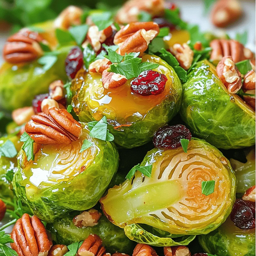 To make maple glazed Brussels sprouts, you need a few simple ingredients. Here’s the list: - 1 lb Brussels sprouts, trimmed and halved - 3 tablespoons maple syrup - 2 tablespoons olive oil - 1 teaspoon Dijon mustard - Salt and pepper to taste - 1/4 cup pecans, roughly chopped - 1/4 cup dried cranberries (optional) - Fresh parsley for garnish Each ingredient plays a role in creating a delicious dish. The Brussels sprouts bring a nutty flavor. Maple syrup adds sweetness that balances the sprouts’ slight bitterness. Olive oil helps with roasting, giving them a nice texture. Dijon mustard adds a hint of tang. Salt and pepper enhance all the flavors. Pecans add crunch, while cranberries provide a sweet touch. Lastly, fresh parsley brightens the dish with color. Gather these ingredients before you start cooking. This makes the process easier and more fun. If you want to try the full recipe, check out the details provided earlier. Enjoy the journey of cooking! - First, preheat your oven to 400°F (200°C). This step is key for roasting. - In a large bowl, combine the halved Brussels sprouts, olive oil, maple syrup, Dijon mustard, salt, and pepper. Toss until the Brussels sprouts are coated evenly. - Next, spread the Brussels sprouts in a single layer on a baking sheet. Use parchment paper to keep them from sticking. - Roast in the oven for 20-25 minutes. Stir halfway through to ensure even cooking. They should be tender and caramelized. - In the last 5 minutes of roasting, sprinkle the chopped pecans over the Brussels sprouts. This will toast them lightly and add crunch. - Remove the baking sheet from the oven. If you like, add the dried cranberries for a sweet touch and vibrant color. Toss everything gently to mix. - Finally, transfer to a serving dish and garnish with freshly chopped parsley. This adds a lovely pop of color to your dish. For the full recipe, click here. When picking Brussels sprouts, look for bright green ones. They should feel firm and heavy. Avoid any that are yellow or have brown spots. Trimming is key for great flavor. Cut off the brown ends and slice them in half. This opens up the sprouts to absorb the maple glaze. Adjusting the sweetness is easy. Add more maple syrup for a sweeter dish. If you want a savory touch, add more Dijon mustard. To make a thicker glaze, cook it on low heat. Just simmer until it reduces and gets sticky. This helps the glaze cling to the sprouts better. Maple glazed Brussels sprouts pair well with roasted meats. They also taste great next to grains like quinoa. For a pretty presentation, use a white dish. This makes the colors pop. Sprinkle fresh parsley on top for a bright finish. For more details, check the Full Recipe for more tips! {{image_2}} You can easily change this recipe. Try using different nuts. Walnuts or almonds add unique flavors. Pecans give a lovely crunch, but others can work too. If you want a different sweetener, use honey or agave. Each adds its own taste. Maple syrup shines, but these options are great for a twist. Spices can elevate your Brussels sprouts. Add garlic powder or smoked paprika for depth. A pinch of red pepper flakes gives heat. Fresh herbs like thyme or rosemary work wonders too. Mix in other vegetables for a colorful dish. Carrots or sweet potatoes pair well. They add sweetness and texture. Roasting them together creates a tasty blend. For vegan options, replace honey with maple syrup. This keeps the dish plant-based. Also, ensure your Dijon mustard is vegan-friendly. If you need gluten-free recipes, check your mustard brand. Most are gluten-free, but always verify. For low-calorie options, cut back on maple syrup or oil. You can still enjoy great flavor with less. For the full recipe, click here: [Full Recipe]. To keep your maple glazed Brussels sprouts fresh, place them in an airtight container. Store them in the fridge. They will stay good for about 3 to 5 days. Make sure the container is sealed tight to avoid moisture loss. This helps keep the sprouts crunchy and tasty. When you reheat Brussels sprouts, aim for the oven or a skillet. Both methods help maintain their texture. If you use the microwave, be careful. It can make them soggy. To reheat in the oven, set it to 350°F (175°C). Spread the sprouts on a baking sheet and heat for about 10 minutes. This way, they stay crisp. If you use a skillet, add a splash of olive oil and cook them over medium heat. Stir occasionally for even heating. Enjoy your delicious leftovers! Brussels sprouts take about 20 to 25 minutes to cook in the oven. This time may vary based on their size. You want them tender and slightly caramelized. Check them after 20 minutes. If they look golden and soft, they are ready. Yes, you can prepare maple glazed Brussels sprouts ahead of time. You can wash and trim them a day before. Just store them in the fridge. When you are ready to cook, toss them with the maple glaze. This saves time and makes cooking easier. Maple glazed Brussels sprouts pair well with many dishes. You can serve them with roasted chicken, pork, or fish. They also work great with grains like quinoa or rice. For a vegetarian option, try them with a hearty lentil salad. To clean Brussels sprouts, start by rinsing them under cold water. Trim off the tough stem end and remove any yellow or damaged leaves. Then, cut them in half for even cooking. This simple prep helps them roast better and absorb the glaze. You now have a clear guide to making tasty maple glazed Brussels sprouts. We covered ingredients, step-by-step directions, and creative tips. Each part helps you enhance flavor and make this dish shine. Remember to adjust ingredients to fit your taste. Enjoy experimenting with different nuts and sweeteners. This recipe is perfect for any meal. Store leftovers properly, and you can enjoy them later. Now, go ahead and make these delightful Brussels sprouts for your family or friends!