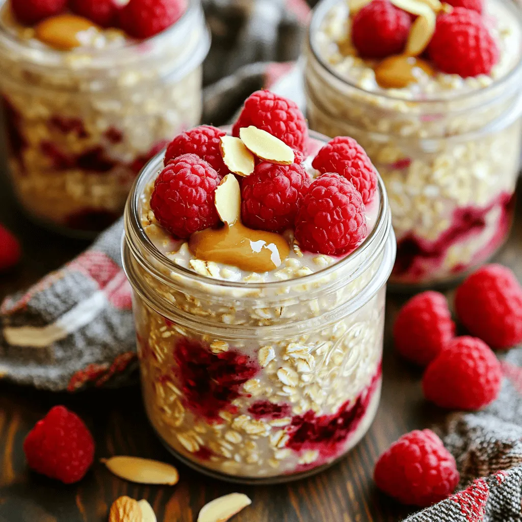 To make Raspberry Almond Overnight Oats, you need: - 1 cup rolled oats - 1 cup almond milk (or any milk of choice) - 1/2 cup fresh raspberries (plus extra for topping) - 1 tablespoon almond butter - 1 tablespoon chia seeds - 1 tablespoon maple syrup (or honey) - 1/2 teaspoon vanilla extract - A pinch of salt - Sliced almonds for garnish You can swap some ingredients if needed: - Use any milk you prefer, like coconut or oat milk. - If you can't find fresh raspberries, frozen ones work too. - Instead of almond butter, try peanut butter or sunflower butter. - If you want it sweeter, use agave syrup instead of maple syrup. - Chia seeds can be replaced with flax seeds for a different flavor. This recipe serves two and has great nutrition: - Calories: About 300 per serving - Protein: 8 grams - Fiber: 10 grams - Fat: 12 grams (mostly from almond butter) - Carbs: 40 grams These oats are a healthy choice. They offer fiber and good fats, making you feel full longer. Enjoy this quick, tasty breakfast that fuels your day! You can find the full recipe [here](#). To make your Raspberry Almond Overnight Oats, follow these easy steps: 1. In a medium bowl, mix the rolled oats and almond milk. 2. Add almond butter, chia seeds, maple syrup, vanilla extract, and salt. 3. Gently fold in the fresh raspberries, keeping some whole for texture. 4. Stir everything well until it is mixed nicely. 5. Pour the mixture into jars or a container and seal them tightly. 6. Refrigerate overnight or for at least 4-6 hours. 7. In the morning, stir the oats. If they are thick, add a splash of almond milk. 8. Top with extra raspberries and sliced almonds before you eat. For the best overnight oats, here are my top tips: - Use rolled oats; they soften well and stay chewy. - Choose almond milk for a nutty flavor, but any milk works. - Don’t skip the chia seeds; they help thicken the oats and add fiber. - Allow the mixture to soak long enough for the oats to soften. - Experiment with toppings; fresh fruit or nuts add crunch and flavor. Sometimes you want your oats thicker or thinner. Here’s how to adjust: - If your oats seem too thick in the morning, stir in a bit more almond milk. - For thicker oats, use less milk during prep. - Remember, overnight oats can absorb more liquid, so keep that in mind. - If you like it creamy, mix in extra almond butter or yogurt. - You can always taste and adjust until you find what you love! For the full recipe, check out the Raspberry Almond Bliss Overnight Oats. To enhance the taste of your raspberry almond overnight oats, focus on quality. Use ripe raspberries for a sweet burst. Fresh almond milk gives a rich, nutty flavor. Mix in a bit of almond extract for a deeper taste. If you like a sweeter bite, adjust the maple syrup to your liking. You can also add spices, like cinnamon, to elevate the flavor. Soaking is key for soft oats. Aim for at least 4-6 hours in the fridge. Overnight is best for flavor and texture. Make sure to seal your jars tightly to keep everything fresh. If you feel adventurous, try soaking the oats with the almond milk and chia seeds first. This helps the oats absorb more flavor. One mistake is using too little liquid. Oats need enough liquid to soften properly. Avoid mashing the raspberries too much; you want some pieces for texture. If you want a creamier mix, blend the almond milk with the almond butter before adding it to the oats. Lastly, don’t skip the salt. A pinch brings out all the flavors in your dish. {{image_2}} You can change the flavor of your raspberry almond overnight oats easily. Try adding different fruits like bananas, blueberries, or peaches. You can also mix in spices like cinnamon or nutmeg for warmth. If you enjoy chocolate, add a tablespoon of cocoa powder. This gives a nice twist to the oats. You can even swap almond butter with peanut or sunflower seed butter for a new taste. If you need to adjust the recipe, you have options. Use rolled oats or quick oats, depending on your time. If almond milk isn’t available, any milk works well. You can use coconut milk for a tropical flavor. Instead of chia seeds, try flax seeds for added health benefits. Maple syrup is great, but honey or agave syrup can work, too. You can easily make this dish vegan. Just stick with almond milk and avoid honey. Use maple syrup instead for sweetness. For a gluten-free option, ensure your oats are labeled gluten-free. This way, you can enjoy your dish without worry. Many people love the taste and texture of these oats, no matter the ingredients! For the full recipe, check the details above. To keep your raspberry almond overnight oats fresh, store them in the fridge. Use airtight jars or containers. This helps keep moisture in and air out. Make sure to seal them tightly. You can also layer toppings on the side. This keeps them crunchy until you eat. Raspberry almond overnight oats last up to five days in the fridge. After that, they lose their taste and texture. To tell if they are bad, check for off smells or odd colors. If they look or smell funny, it’s best to toss them. If you want warm oats, you can reheat them. Place the oats in a microwave-safe bowl. Add a splash of almond milk for moisture. Heat them for 30 seconds, then stir. If they need more heat, add 15-second bursts until warm. Enjoy them as a cozy breakfast! For the complete recipe, check the Full Recipe section. Yes, you can use frozen raspberries. They work well in overnight oats. Just add them straight from the freezer. They will thaw overnight and mix nicely with the oats. Keep in mind, they may release more juice than fresh raspberries. This can add a fun swirl of color and flavor. Overnight oats will last about 3 to 5 days in the fridge. Store them in airtight containers to keep them fresh. The oats may thicken as they sit. You can add more almond milk in the morning to adjust the texture. They make a great grab-and-go breakfast for busy days. Absolutely! You can double or triple the recipe easily. Just keep the same ratios for each ingredient. Larger batches are perfect for meal prep. You can store them in individual jars for quick access. Enjoy the convenience of having breakfast ready for several days! This article covered everything you need to know about overnight oats. We listed key ingredients and delicious variations. You learned handy tips and tricks for perfecting your dish. Understanding storage and shelf life helps keep your oats fresh. Finally, I answered common questions to guide you further. Now, you can prepare satisfying and tasty overnight oats with confidence. Enjoy your yummy creation!