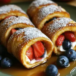 To make these tasty roll-ups, you need a few key ingredients: - 8 slices of white bread (without crusts) - 4 oz cream cheese, softened - 1/2 cup fresh strawberries, diced - 1/2 cup fresh blueberries - 2 large eggs - 1/4 cup milk - 1 tablespoon vanilla extract - 1 teaspoon ground cinnamon - 2 tablespoons sugar - Butter, for frying - Maple syrup, for serving These ingredients create a sweet and creamy filling that pairs perfectly with the soft bread. The fruit adds a nice burst of flavor. You can also try adding different flavors to your roll-ups: - Bananas, diced - Nutella or chocolate spread - Peanut butter - Cinnamon sugar for dusting - Powdered sugar for serving These options can change the taste and make it fun. Feel free to mix and match to find your favorite! To prepare your French toast roll-ups, gather the following tools: - Rolling pin - Mixing bowl - Shallow bowl for egg mixture - Skillet or frying pan - Spatula - Paper towels for draining Having the right equipment makes cooking easier and more enjoyable. Once you have everything ready, you can dive into making these delicious treats. For the full recipe, check the previous section. To make the filling, start with a bowl. Add 4 oz of softened cream cheese. Then, mix in 1/2 cup of diced strawberries and 1/2 cup of blueberries. Stir well until smooth. This mix makes the roll-ups creamy and fruity. Set the bowl aside for later use. Next, take 8 slices of white bread. Make sure they have no crusts. Use a rolling pin to flatten each slice. This makes them easy to roll. After flattening, spread a spoonful of the cream cheese mixture on each slice. Roll each piece tightly into a tube shape. Seal the edges to keep the filling inside. Now, it’s time to cook! In a bowl, whisk together 2 large eggs, 1/4 cup of milk, 1 tablespoon of vanilla extract, 2 tablespoons of sugar, and 1 teaspoon of ground cinnamon. Heat a skillet over medium heat and add some butter. Dip each roll-up into the egg mixture, covering it well. Place them seam side down in the skillet. Cook for about 2-3 minutes on each side until golden brown. After cooking, put them on paper towels to drain excess butter. Dust with powdered sugar if you like. Enjoy your delicious roll-ups with warm maple syrup! Check out the Full Recipe for more details. To make the best French toast roll-ups, use soft bread without crusts. This helps the bread roll easily. Flatten each slice with a rolling pin. This step makes rolling simple. Spread a generous spoonful of the cream cheese mix on each slice. Leave a bit of space at the edges. Roll the bread tightly to keep the filling inside. Seal the edges well to prevent leaks while cooking. Cook your roll-ups over medium heat. This allows the outside to brown nicely without burning. Use enough butter in the skillet to coat the bottom. Dip each roll fully in the egg mixture. Make sure to coat every side. Cook for about 2-3 minutes on each side. Look for a golden brown color before flipping. If they cook too fast, lower the heat. One common mistake is using stale or thick bread. This makes rolling hard and affects the taste. Another mistake is not sealing the edges well. If they open during cooking, filling spills out. Don't rush the cooking time. Under-cooked roll-ups can be soggy and unappetizing. Lastly, avoid overcrowding the skillet. Cook in batches for even browning. For the complete recipe, refer to the Full Recipe. {{image_2}} You can mix and match your fruit for fun flavors. Try using bananas or peaches for a sweet twist. Apples with a sprinkle of cinnamon create a warm taste. For a tropical vibe, add coconut and pineapple. You can also use mixed berries for tartness and color. The key is to balance sweetness and texture in each roll-up. If you want something different, try savory fillings. Cream cheese pairs well with spinach and feta. You could also use cooked bacon and cheddar cheese for a hearty snack. Another idea is to fill with scrambled eggs and herbs. The savory flavors will surprise your taste buds and make a great breakfast. While white bread works best, you can choose other types. Whole wheat bread adds fiber and flavor. Sourdough gives a tangy taste that complements the filling well. For a sweeter option, try brioche or challah. Each bread type changes the taste and texture of your roll-ups. Experiment to find your favorite! For more ideas, check out the Full Recipe. Store leftover roll-ups in an airtight container. Keep them in the fridge for up to three days. If you want to enjoy them later, let them cool completely first. This will help prevent moisture from making them soggy. You can freeze these roll-ups for easy meals. Wrap them tightly in plastic wrap or foil. Place them in a freezer bag to keep air out. They will stay fresh for about two months. When you're ready to eat, just thaw them in the fridge overnight. Reheat roll-ups in a skillet for the best taste. Heat on medium-low for a few minutes until warm. You can also use an oven set to 350°F (175°C). Place them on a baking sheet for about 10-12 minutes. Enjoy your tasty French toast roll-ups warm with maple syrup! You can find the full recipe above. Yes, you can make French Toast Roll-Ups ahead of time. Prepare the roll-ups and cook them. Then, let them cool. You can store them in an airtight container in the fridge for up to two days. When you're ready to eat, just reheat them in a skillet or microwave. This way, you save time in the morning. If you don’t have cream cheese, you can use mascarpone cheese. It has a similar texture and taste. You can also use Greek yogurt for a lighter option. If you're looking for a dairy-free choice, try a vegan cream cheese. These options work well and keep the roll-ups tasty. Yes, there are gluten-free options. Look for gluten-free bread at your store. Many brands make soft, crustless gluten-free bread that works well. Just follow the same steps in the recipe. You can enjoy this fun dish without any gluten! French toast roll-ups are simple and fun to make. We explored key ingredients and tips for success. You learned how to prepare the filling, roll the bread, and cook it just right. We also shared tasty variations, storage tips, and answers to common questions. Now, it’s your turn. Gather your ingredients and start rolling. Enjoy experimenting with flavors and impressing your friends and family. Happy cooking!