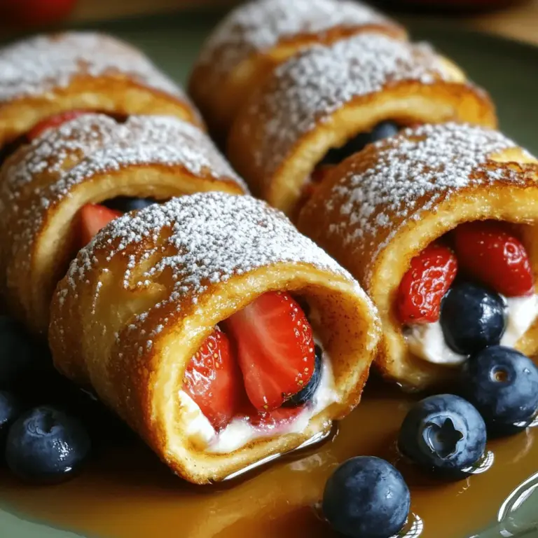 To make these tasty roll-ups, you need a few key ingredients: - 8 slices of white bread (without crusts) - 4 oz cream cheese, softened - 1/2 cup fresh strawberries, diced - 1/2 cup fresh blueberries - 2 large eggs - 1/4 cup milk - 1 tablespoon vanilla extract - 1 teaspoon ground cinnamon - 2 tablespoons sugar - Butter, for frying - Maple syrup, for serving These ingredients create a sweet and creamy filling that pairs perfectly with the soft bread. The fruit adds a nice burst of flavor. You can also try adding different flavors to your roll-ups: - Bananas, diced - Nutella or chocolate spread - Peanut butter - Cinnamon sugar for dusting - Powdered sugar for serving These options can change the taste and make it fun. Feel free to mix and match to find your favorite! To prepare your French toast roll-ups, gather the following tools: - Rolling pin - Mixing bowl - Shallow bowl for egg mixture - Skillet or frying pan - Spatula - Paper towels for draining Having the right equipment makes cooking easier and more enjoyable. Once you have everything ready, you can dive into making these delicious treats. For the full recipe, check the previous section. To make the filling, start with a bowl. Add 4 oz of softened cream cheese. Then, mix in 1/2 cup of diced strawberries and 1/2 cup of blueberries. Stir well until smooth. This mix makes the roll-ups creamy and fruity. Set the bowl aside for later use. Next, take 8 slices of white bread. Make sure they have no crusts. Use a rolling pin to flatten each slice. This makes them easy to roll. After flattening, spread a spoonful of the cream cheese mixture on each slice. Roll each piece tightly into a tube shape. Seal the edges to keep the filling inside. Now, it’s time to cook! In a bowl, whisk together 2 large eggs, 1/4 cup of milk, 1 tablespoon of vanilla extract, 2 tablespoons of sugar, and 1 teaspoon of ground cinnamon. Heat a skillet over medium heat and add some butter. Dip each roll-up into the egg mixture, covering it well. Place them seam side down in the skillet. Cook for about 2-3 minutes on each side until golden brown. After cooking, put them on paper towels to drain excess butter. Dust with powdered sugar if you like. Enjoy your delicious roll-ups with warm maple syrup! Check out the Full Recipe for more details. To make the best French toast roll-ups, use soft bread without crusts. This helps the bread roll easily. Flatten each slice with a rolling pin. This step makes rolling simple. Spread a generous spoonful of the cream cheese mix on each slice. Leave a bit of space at the edges. Roll the bread tightly to keep the filling inside. Seal the edges well to prevent leaks while cooking. Cook your roll-ups over medium heat. This allows the outside to brown nicely without burning. Use enough butter in the skillet to coat the bottom. Dip each roll fully in the egg mixture. Make sure to coat every side. Cook for about 2-3 minutes on each side. Look for a golden brown color before flipping. If they cook too fast, lower the heat. One common mistake is using stale or thick bread. This makes rolling hard and affects the taste. Another mistake is not sealing the edges well. If they open during cooking, filling spills out. Don't rush the cooking time. Under-cooked roll-ups can be soggy and unappetizing. Lastly, avoid overcrowding the skillet. Cook in batches for even browning. For the complete recipe, refer to the Full Recipe. {{image_2}} You can mix and match your fruit for fun flavors. Try using bananas or peaches for a sweet twist. Apples with a sprinkle of cinnamon create a warm taste. For a tropical vibe, add coconut and pineapple. You can also use mixed berries for tartness and color. The key is to balance sweetness and texture in each roll-up. If you want something different, try savory fillings. Cream cheese pairs well with spinach and feta. You could also use cooked bacon and cheddar cheese for a hearty snack. Another idea is to fill with scrambled eggs and herbs. The savory flavors will surprise your taste buds and make a great breakfast. While white bread works best, you can choose other types. Whole wheat bread adds fiber and flavor. Sourdough gives a tangy taste that complements the filling well. For a sweeter option, try brioche or challah. Each bread type changes the taste and texture of your roll-ups. Experiment to find your favorite! For more ideas, check out the Full Recipe. Store leftover roll-ups in an airtight container. Keep them in the fridge for up to three days. If you want to enjoy them later, let them cool completely first. This will help prevent moisture from making them soggy. You can freeze these roll-ups for easy meals. Wrap them tightly in plastic wrap or foil. Place them in a freezer bag to keep air out. They will stay fresh for about two months. When you're ready to eat, just thaw them in the fridge overnight. Reheat roll-ups in a skillet for the best taste. Heat on medium-low for a few minutes until warm. You can also use an oven set to 350°F (175°C). Place them on a baking sheet for about 10-12 minutes. Enjoy your tasty French toast roll-ups warm with maple syrup! You can find the full recipe above. Yes, you can make French Toast Roll-Ups ahead of time. Prepare the roll-ups and cook them. Then, let them cool. You can store them in an airtight container in the fridge for up to two days. When you're ready to eat, just reheat them in a skillet or microwave. This way, you save time in the morning. If you don’t have cream cheese, you can use mascarpone cheese. It has a similar texture and taste. You can also use Greek yogurt for a lighter option. If you're looking for a dairy-free choice, try a vegan cream cheese. These options work well and keep the roll-ups tasty. Yes, there are gluten-free options. Look for gluten-free bread at your store. Many brands make soft, crustless gluten-free bread that works well. Just follow the same steps in the recipe. You can enjoy this fun dish without any gluten! French toast roll-ups are simple and fun to make. We explored key ingredients and tips for success. You learned how to prepare the filling, roll the bread, and cook it just right. We also shared tasty variations, storage tips, and answers to common questions. Now, it’s your turn. Gather your ingredients and start rolling. Enjoy experimenting with flavors and impressing your friends and family. Happy cooking!