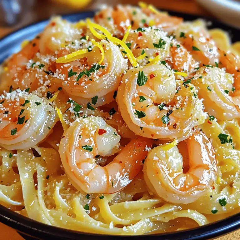 To make this tasty dish, gather these ingredients: - 1 pound large shrimp, peeled and deveined - 4 tablespoons unsalted butter - 4 cloves garlic, minced - 1 teaspoon red pepper flakes (adjust for spice preference) - 1 lemon, juiced and zested - 1/4 cup fresh parsley, chopped - Salt and pepper to taste - 8 ounces linguine or spaghetti - Grated Parmesan cheese for serving (optional) You will need some basic tools to cook this meal: - Large pot for boiling pasta - Large skillet for cooking shrimp - Measuring spoons - Chef's knife for chopping - Cutting board for prep - Pasta strainer for draining Choosing fresh shrimp is key for great taste. Here’s how to pick the best: - Look for shrimp that feel firm and springy. - Fresh shrimp should smell like the ocean, not fishy. - Check for a shiny shell and vibrant color. - If buying frozen, ensure they are solid, not clumped together. - Buy shrimp that are wild-caught when possible for better flavor. Fresh shrimp makes all the difference in Garlic Butter Shrimp Scampi. Enjoy the process of choosing great ingredients! For the full recipe, check out the detailed instructions. 1. Cook Pasta: Start by boiling a large pot of salted water. Add 8 ounces of linguine or spaghetti. Cook it until it's al dente, following the package instructions. Remember to reserve 1/2 cup of pasta water before draining. Set the pasta aside. 2. Prepare the Shrimp: In a big skillet over medium heat, melt 2 tablespoons of unsalted butter. Once it's melted, add 4 cloves of minced garlic and 1 teaspoon of red pepper flakes. Sauté for about 1 minute. The garlic should smell good but not brown. 3. Cook Shrimp: Add 1 pound of peeled and deveined shrimp to the skillet. Season with salt and pepper. Cook the shrimp for 2-3 minutes on each side. They should turn pink and opaque. Be careful not to overcook them. 4. Combine: Stir in the juice and zest of 1 lemon, plus the remaining 2 tablespoons of butter. Then, add the drained pasta to the skillet. Toss everything together. If the sauce seems dry, add some reserved pasta water until it’s creamy. 5. Finish Up: Mix in 1/4 cup of chopped fresh parsley. Taste and adjust the seasoning if needed. Heat everything for another minute to blend the flavors. 6. Serve: Plate the garlic butter shrimp scampi in bowls. Garnish with extra parsley and some grated Parmesan cheese if you like. - Always use plenty of salted water for boiling pasta. It helps flavor the pasta. - Stir the pasta occasionally while cooking to prevent it from sticking. - Taste the pasta a minute before the time is up. This helps you catch it at the right texture. - Overcooking: Shrimp cook quickly. If you leave them too long, they turn rubbery. - Not Thawing: If you use frozen shrimp, make sure they are fully thawed. This helps them cook evenly. - Too Much Heat: Cooking shrimp over high heat can lead to burning. Keep it medium for best results. To elevate your garlic butter shrimp scampi, focus on fresh ingredients. Use fresh garlic for a stronger taste. Fresh parsley adds a bright touch. Don’t skip the lemon juice; it brightens the dish. For a richer flavor, add a splash of white wine before cooking the shrimp. This adds depth and a lovely aroma. Using high-quality butter makes a noticeable difference in the sauce. If you like heat, add more red pepper flakes. Start with half a teaspoon, then taste. You can always add more. If you prefer less spice, use just a pinch. Another option is to skip the red pepper flakes altogether. You can also balance spice with extra lemon juice or a little sugar. This way, you can adjust the heat to fit your taste. Garlic butter shrimp scampi pairs well with many sides. A simple green salad adds freshness. Garlic bread is perfect for soaking up the sauce. You might also enjoy it with steamed vegetables like broccoli or asparagus. For drinks, a crisp white wine complements the dish well. Try a Sauvignon Blanc or Pinot Grigio. This pairing enhances the flavors without overpowering them. {{image_2}} If you want to make this dish fit your needs, swap out a few ingredients. Use olive oil instead of butter for a dairy-free option. You can also replace the shrimp with firm tofu for a plant-based choice. For gluten-free pasta, try rice noodles or zucchini noodles. These swaps keep the dish tasty while meeting different diets. You can cook shrimp scampi in many ways. If you want a lighter option, bake the shrimp in the oven. Preheat your oven to 400°F (200°C). Place shrimp on a baking tray, add butter, garlic, and spices, then bake for about 10 minutes. Grilling is another fun way to cook shrimp. Just marinate them in garlic and lemon juice, then grill until pink and cooked through. With each season, you can change the flavors. In spring, add fresh asparagus or peas for a pop of color and crunch. For summer, toss in cherry tomatoes for sweetness. In fall, consider adding roasted butternut squash for a warm flavor. During winter, you can mix in spinach or kale. Each season brings a new twist to this classic dish. For the full recipe, check out Garlic Butter Shrimp Scampi. To keep your garlic butter shrimp scampi fresh, place it in an airtight container. Make sure to cool it down to room temperature before sealing. This helps stop bacteria from growing. You can use glass or plastic containers. I like to use glass because it keeps food fresh longer. If you have leftover pasta, store it separately. It helps keep the texture nice. When stored correctly, garlic butter shrimp scampi can last about 3 days in the fridge. Make sure to check for any off smells or changes in color before eating. If you want to keep it longer, you can freeze it. In the freezer, it can last up to 3 months. Just remember to label your container with the date. When it’s time to enjoy your leftovers, reheating is key. I recommend using a skillet over low heat. This way, the shrimp won't overcook. Add a splash of water or broth to keep it moist. Stir gently until heated through. You can also use the microwave. Just cover it with a damp paper towel and heat in short bursts. If you do this, be careful not to overheat. This keeps the shrimp tender and tasty. For the best flavor, serve it with fresh parsley and a squeeze of lemon juice. The best shrimp for Garlic Butter Shrimp Scampi are large shrimp. I like to use 16-20 count shrimp. This means there are 16 to 20 shrimp per pound. They cook evenly and stay juicy. You can also use jumbo shrimp if you prefer. Fresh shrimp always taste better, but frozen shrimp works too. Just make sure they are peeled and deveined. Yes, you can make this dish without pasta. Instead of pasta, serve the shrimp over rice or quinoa. You could also enjoy it on top of steamed vegetables. This way, you keep all the great garlic and butter flavor. It still tastes amazing without the carbs! To make Garlic Butter Shrimp Scampi gluten-free, use gluten-free pasta or rice. Many brands offer gluten-free options that taste great. Always check the label to ensure it is gluten-free. If you skip pasta, serve the shrimp with veggies or gluten-free grains. Enjoying this dish gluten-free is easy and still delicious! [Full Recipe] This guide provided all you need for garlic butter shrimp scampi. You learned about fresh ingredients, cooking steps, and handy tips. My advice helps you avoid mistakes and improve flavor. You can also switch ingredients to meet dietary needs. Remember to store your leftovers properly for great taste later. With these tips, you can impress friends and family with this delicious dish. Enjoy your cooking journey!