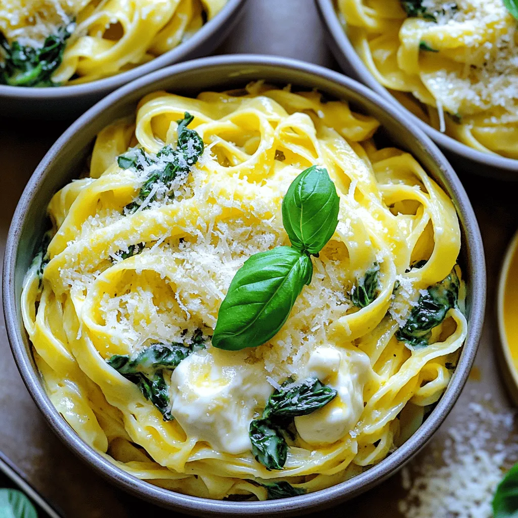 - 300g fettuccine pasta - 2 tablespoons olive oil - 4 garlic cloves, minced - 250ml heavy cream - 100g cream cheese, cubed - 100g fresh spinach, chopped - 50g grated Parmesan cheese - Salt and pepper to taste - A pinch of nutmeg (optional) - Fresh basil leaves for garnish The main ingredients create a rich and tasty base for the dish. Fettuccine pasta works well here, as its wide shape holds the creamy sauce nicely. Olive oil adds flavor and helps cook the garlic. Minced garlic gives a strong, savory taste, while heavy cream and cream cheese provide the creamy texture. Fresh spinach adds color and nutrients, and Parmesan cheese enhances the dish with a salty kick. You can tweak the flavors with salt, pepper, and nutmeg if you like. - Lemon wedges for serving - Extra Parmesan for garnish Optional ingredients can make your creamy garlic pasta even better. A squeeze of lemon brightens the dish and adds a fresh taste. Extra Parmesan sprinkled on top gives a nice touch. These little details can take your meal from good to great. You can find the full recipe to explore all the ways to enjoy this dish. - Step 1: Cook fettuccine until al dente. Bring a large pot of salted water to a boil. Add the fettuccine and cook as per the package directions, usually around 8-10 minutes. Al dente means the pasta should still have a slight bite. - Step 2: Reserve pasta water and drain. Before draining, save about a cup of the starchy pasta water. This water helps in making the sauce creamy and smooth. - Step 3: Sauté garlic in olive oil. In a large skillet, heat the olive oil over medium heat. Add the minced garlic and sauté until it smells amazing, about 1-2 minutes. Be careful not to let it burn. - Step 4: Stir in heavy cream and cream cheese. Lower the heat and add the heavy cream and cubed cream cheese. Stir until the cheese melts and the sauce is smooth. - Step 5: Add spinach until wilted. Toss in the chopped spinach, stirring until it wilts down, which takes about 2-3 minutes. - Step 6: Mix in Parmesan and season. Gradually add the grated Parmesan cheese. Season with salt, pepper, and a pinch of nutmeg if you like. - Step 7: Toss pasta with sauce. Add the drained fettuccine to the sauce. Mix well, ensuring every strand is coated with the creamy goodness. You can add some reserved pasta water if the sauce seems too thick. This is where the magic happens. Don't forget to check the Full Recipe for more details! - Ensure garlic doesn’t burn: Garlic can turn bitter if you let it cook too long. Sauté it for just 1-2 minutes until it smells great and turns golden. Keep the heat at medium to avoid burning. - Use reserved pasta water for sauce consistency: After cooking your fettuccine, save a cup of that starchy water. Add it to your sauce as needed. This will help you adjust the sauce’s thickness and keep it creamy. - Presentation tips for serving: Serve your creamy garlic pasta in warm bowls. Drizzle a little olive oil on top for shine. Sprinkle extra Parmesan to make it look fancy. A lemon wedge on the side adds color and brightens the dish. - Pairing options and drink suggestions: This pasta pairs well with a crisp white wine like Pinot Grigio. For a non-alcoholic option, try sparkling water with lemon. A light salad with vinaigrette works great on the side, too! For the full experience, don't forget to check out the [Full Recipe] for step-by-step guidance. {{image_2}} You can easily change this recipe to fit your taste. Here are some fun swaps: - Substitute spinach with kale or arugula: Kale adds a hearty bite. Arugula gives a peppery kick. Both pair well with garlic and cream. - Use different types of pasta: Try penne or spaghetti. Each type offers a unique texture. You can even use whole wheat or gluten-free pasta if you prefer. Want to make the dish more exciting? Add these ingredients: - Incorporate cooked chicken or shrimp: This adds protein and makes the dish more filling. Simply toss in cooked pieces near the end. - Add sun-dried tomatoes or olives: Both give a burst of flavor. They add a nice contrast to the creamy sauce. Try mixing them in right before serving. These variations let you personalize your creamy garlic pasta. You can explore flavors and textures that you love! For the full recipe, check out the earlier section. To keep your creamy garlic pasta fresh, refrigerate it right away. Place it in an airtight container. This will help prevent it from drying out. Make sure it cools down first. Leftover pasta can stay fresh for three to five days in the fridge. If you want to keep it longer, you can freeze it. Just make sure to use freezer-safe containers. However, creamy sauces may change texture when frozen. When you are ready to enjoy your leftovers, reheating properly is key. Start by taking the pasta out of the fridge. Place it in a skillet over medium heat. Add a splash of water or milk to help loosen the sauce. Stir it gently as it warms up. This will help regain its creamy texture. If using a microwave, put the pasta in a microwave-safe bowl. Add a bit of water, then cover it with a lid or plastic wrap. Heat it in short bursts, stirring in between. This way, it warms evenly without drying out. For the full recipe, check out the details above. Can I make this recipe gluten-free? Yes, you can! Simply use gluten-free pasta. Many brands offer great options. Just cook it according to the package instructions. The sauce remains the same. This way, everyone can enjoy the creamy garlic pasta. What can I use instead of heavy cream? If you want a lighter option, use half-and-half or whole milk. For a dairy-free choice, try coconut cream or cashew cream. These alternatives add a nice creaminess without the heavy feel. How long does the creamy garlic sauce last? The creamy garlic sauce lasts in the fridge for about three days. Store it in a tight container. Reheat it gently on the stove. If it thickens, add a splash of water or broth. Can I add more garlic? Absolutely! If you love garlic, add more cloves. Start with one extra and taste as you go. Garlic has a strong flavor, so find what works for you. What if I don't have fresh spinach? No problem! You can use frozen spinach instead. Just thaw it and drain excess water. You could also use other greens like kale or Swiss chard. They work well in this dish. How to make a vegan version of this dish? To make this creamy garlic pasta vegan, use plant-based cream and cheese. Almond or soy cream work well. You can also use nutritional yeast instead of Parmesan. This will keep the flavor rich and creamy. Can I freeze this creamy garlic pasta? I do not recommend freezing the pasta. The sauce may separate when thawed. However, you can freeze the sauce alone. Store it in a container, and thaw it when needed. Just cook fresh pasta to enjoy it at its best. In this blog post, we explored a creamy garlic pasta recipe packed with flavor. We covered the main ingredients, detailed step-by-step instructions, and offered tips for perfecting your dish. Remember, you can customize it with different ingredients or flavors. Enjoy experimenting with variations! Storing and reheating leftovers ensures you savor this meal more than once. Whether you're a seasoned cook or a beginner, this recipe promises a delicious result every time. Dive in and take your pasta game to the next level!