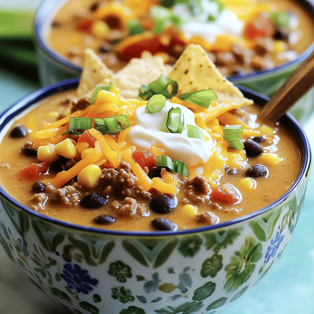 To make this tasty soup, gather these ingredients: - 1 pound ground beef or turkey - 1 medium onion, diced - 2 cloves garlic, minced - 1 can (15 oz) black beans, drained and rinsed - 1 can (15 oz) corn, drained - 1 can (10 oz) diced tomatoes with green chilies - 1 can (8 oz) tomato sauce - 2 cups beef or vegetable broth - 1 packet taco seasoning (about 1 oz) - 1 cup shredded cheddar cheese - 1 cup crushed tortilla chips (plus extra for topping) - 1 jalapeño, seeded and diced (optional for spice) - Salt and pepper to taste - Chopped green onions (for garnish) - Sour cream (for serving) You can customize your nacho soup. Here are some fun ideas: - Avocado slices for creaminess - Black olives for salty flavor - Fresh cilantro for brightness - Extra cheese for a cheesy bite - Hot sauce for added heat If you have dietary needs, don't worry! You can make easy swaps: - Use ground chicken or lentils for meat-free options. - Replace dairy cheese with vegan cheese. - Swap regular broth for low-sodium or gluten-free broth. - Use cauliflower rice instead of tortilla chips for a low-carb option. This soup is flexible and easy to adjust. You can have fun with it! For the full recipe, check out the main section. To make this soup, start by cooking your meat. I like to use ground beef or turkey. In a skillet over medium heat, brown the meat until it is no longer pink. Drain any extra fat. Next, add diced onion and minced garlic. Cook these until the onion is soft, about 3-4 minutes. Once done, put everything in your slow cooker. Now, it’s time to add the rest of your ingredients. Pour in the black beans, corn, diced tomatoes, and tomato sauce. Next, add the broth and taco seasoning. If you like spice, toss in a jalapeño, too. Stir everything well to mix. Cover your slow cooker and set it to cook. If you choose low heat, let it cook for 6-8 hours. If you are short on time, high heat will work in 3-4 hours. Cooking on low heat allows flavors to meld and develop over time. This method gives you a rich, hearty soup. It is perfect for busy days when you want to come home to a warm meal. On the other hand, cooking on high heat works great if you need a quick dinner. The soup will still taste amazing. Just remember, cooking on high may not give the same depth of flavor as the low method. To get the best consistency, add the cheese and crushed tortilla chips about 30 minutes before serving. This step helps the cheese melt nicely and the chips soften just enough. If you want a thicker soup, you can mash some of the beans or add a little more cheese. Taste your soup before serving. Adjust the salt and pepper to your liking. Ladle the soup into bowls and top with extra crushed chips, a dollop of sour cream, and chopped green onions. This makes the soup look beautiful and adds a nice crunch! For the full recipe, you can check the details above. Enjoy your cooking! To get the best results with your nacho soup, follow these tips: - Brown the meat first. This adds great flavor. - Chop your veggies evenly. This helps them cook well. - Layer ingredients in the slow cooker. Place meat on the bottom. - Avoid lifting the lid. This keeps the heat in. You can boost the taste of your soup with a few tricks: - Use fresh herbs like cilantro as a garnish. - Add a squeeze of lime juice before serving. - Try different types of cheese for variety. - Mix in a splash of hot sauce for heat. Watch out for these common errors: - Overcooking can make ingredients mushy. - Not seasoning enough can dull the flavor. - Forgetting to stir can lead to uneven cooking. - Skipping the toppings can make the soup less fun. Try these tips to make your Slow Cooker Nacho Soup perfect! For the full recipe, check the main article. {{image_2}} You can easily make a vegetarian version of this soup. Replace the ground beef or turkey with lentils or mushrooms for a hearty base. Use vegetable broth instead of beef broth. Keep the rest of the ingredients as is. This way, you still enjoy all the great flavors without meat. Want some heat? Add more jalapeños or use a spicier pepper like serrano. You can also mix in hot sauce or a dash of cayenne pepper. For extra flavor, try adding chipotle peppers in adobo sauce. This gives your soup a smoky kick. Adjust the spice to fit your taste! If you love creamy soups, try adding cream cheese or sour cream. Mix these in during the last 30 minutes of cooking. They will make the soup rich and smooth. You can also use heavy cream or half-and-half for a luscious texture. This will take your nacho soup to a new level. For the full recipe, check out the detailed steps above. Enjoy your cooking! You can freeze slow cooker nacho soup easily. Just let it cool first. Pour the soup into airtight containers or freezer bags. Make sure to leave some space for the soup to expand. It will keep well for up to three months. When you're ready to eat, thaw it overnight in the fridge. To reheat, warm it on the stove over medium heat or use a microwave. Stir often to ensure it heats evenly. For leftovers, place the soup in an airtight container. Keep it in the fridge for up to four days. When you want to eat it, reheat it gently. Add a splash of broth if it seems too thick. This will help bring back its creamy texture. Most ingredients in this soup have a good shelf life. Ground beef or turkey lasts 1-2 days in the fridge after cooking. Black beans and corn in cans can last for years if unopened. Once opened, keep them in the fridge for up to three days. Diced tomatoes and tomato sauce also stay fresh for about three days after opening. Always check for spoilage before using. This way, you can enjoy your soup at its best! Yes, you can! To make this soup meatless, swap the ground beef or turkey for more beans. You can use lentils or extra black beans. Adding more veggies like bell peppers or zucchini adds flavor and texture. This way, you keep the heartiness without the meat. If you want more heat, add sliced jalapeños or a dash of hot sauce. You can also use spicy taco seasoning instead of regular. For a real kick, mix in diced chipotle peppers. Just be careful! Start with a little and taste as you go. Nacho soup is great on its own but pairs well with crunchy tortilla chips. You can also serve it with a side salad for freshness. Some enjoy a dollop of guacamole or salsa on top. For extra flavor, add a sprinkle of lime juice or fresh cilantro. Each adds a fun twist to your meal! For the complete cooking guide, check out the Full Recipe. This blog covered how to make Slow Cooker Nacho Soup. We explored ingredients, cooking steps, and tips for better flavor. I shared options for different diets and fun variations. You learned how to store leftovers and answered common questions. Enjoy your nacho soup adventure! It’s simple and tasty. Experiment with flavors to find what you love.