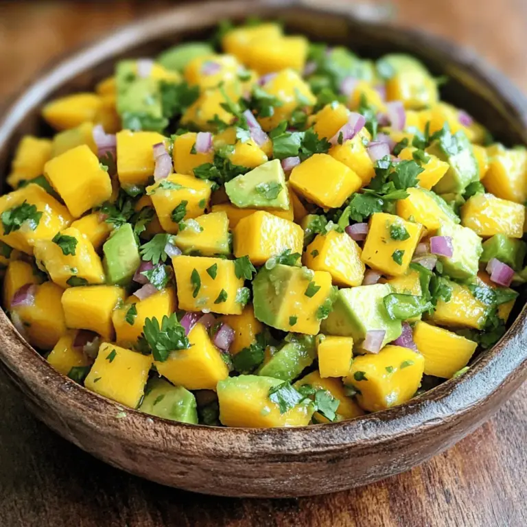 Mango salsa with avocado shines with its fresh and bright flavors. Here are the key ingredients you will need: - 1 ripe mango, diced - 2 ripe avocados, diced - 1 small red onion, finely chopped - 1 jalapeño pepper, seeds removed and minced - 1/4 cup fresh cilantro, chopped - Juice of 1 lime - Salt and pepper to taste Each ingredient plays a vital role. The mango adds sweetness, while the avocado brings creaminess. The red onion adds crunch and zest, and the jalapeño gives a spicy kick. Fresh cilantro brings a delightful herbal note. Adding lime juice brightens the whole mix. While the base recipe is fantastic, you can add a few optional ingredients to make it even better. Consider these: - 1/2 teaspoon ground cumin for a warm, earthy note Cumin can enhance the salsa's depth. It gives the dish an extra layer of flavor that pairs well with the other ingredients. Feel free to adjust the amount based on your taste. Using fresh ingredients is key to a vibrant salsa. Fresh mangoes and avocados ensure a burst of flavor in every bite. Ripe fruit provides the best sweetness and texture. When you can, buy local and seasonal produce for the best results. This not only enhances taste but also supports your community. Fresh herbs like cilantro should also be bright and fragrant. Freshness makes your salsa taste alive and inviting. For the full recipe, click here. Start with the mango. Peel it carefully, then remove the pit. Cut the flesh into small cubes. I love using a ripe mango for the best taste. Place the diced mango into a large mixing bowl. Next, take the ripe avocados. Cut them in half, remove the pit, and scoop out the flesh. Dice the avocados into small pieces. Be gentle while dicing to keep them from mashing. Add the diced avocados to the bowl with the mango. Now, it’s time to add more flavor. Finely chop the red onion. Add it to the mango and avocado mixture. The onion adds a nice crunch and flavor. Then, take a jalapeño pepper. Remove the seeds and mince it finely. Adjust the amount based on how spicy you like it. Add this to the bowl too. Chop fresh cilantro and add it next. The cilantro will brighten the dish. Squeeze the juice of one lime over all the ingredients. This adds tang and helps keep the avocados fresh. If you want a little twist, sprinkle in the ground cumin. It brings out the flavors nicely. Now, gently fold all the ingredients together. Be careful not to mash the avocados as you mix. Next, season with salt and pepper. Taste it and adjust as needed. This is key for the best flavor. Let the salsa sit for about 10 minutes. This allows all the flavors to meld beautifully. For the complete recipe, you can check the Full Recipe. Enjoy your fresh and flavorful mango salsa with avocado! To make your mango salsa shine, focus on the balance of flavors. The key is to mix sweet, spicy, and tangy notes. Start with ripe mangoes for sweetness. Then, add diced avocados for creaminess. The lime juice gives a bright, zesty kick. Adjust the amount of jalapeño to fit your heat level. If you want more depth, consider adding ground cumin. This spice gives a warm, earthy taste. Make your mango salsa visually appealing. Use a clear bowl to showcase the vibrant colors. You can serve it with tortilla chips or on a platter. For a fun twist, scoop it into small avocado halves. Garnish with extra cilantro for a fresh touch. This will impress your guests and make the dish pop. Mango salsa pairs well with many dishes. Try it with grilled chicken or fish for a refreshing bite. It also works nicely on tacos or burritos. Use it as a topping for nachos for a fun snack. Don’t forget to check out the Full Recipe for more ideas on using this salsa! {{image_2}} Want to make your mango salsa even better? You can add more fruits and veggies! Try adding diced bell peppers for crunch or tomatoes for extra juiciness. Pineapple chunks also bring a sweet twist. Each fruit adds a new layer of flavor, making it fun to mix things up. Do you like your salsa spicy? You can easily adjust the heat. Add more jalapeño or try diced serrano peppers for a real kick. If you prefer less heat, remove the seeds from the jalapeño or skip it altogether. You can also stir in some hot sauce for a different flavor. There are many ways to enjoy mango salsa. Serve it with tortilla chips as a snack. Use it as a topping for grilled chicken or fish to brighten up your meal. You can also mix it into salads for a refreshing touch. The options are endless! If you want to learn how to make this delicious dish, check out the Full Recipe. To keep your mango salsa fresh, store it in an airtight container. This helps to prevent air from spoiling the flavors. Place the salsa in the fridge right after using it. Avoid leaving it out at room temperature for too long. If you notice any browning from the avocados, gently stir it before serving. When stored correctly, mango salsa lasts about 2 to 3 days in the fridge. After that, the taste may change, and the avocados might turn brown. For the best flavor, enjoy it within this time frame. Always check for any off smells or changes in texture before eating. Freezing mango salsa can be a great option if you have leftovers. Use a freezer-safe container and leave some space for expansion. The salsa can last up to 3 months in the freezer. When ready to use, thaw it in the fridge overnight. Keep in mind that the texture may change slightly, but the flavors will still shine! For the full recipe, check out the complete guide. You can add more jalapeño for heat. Try using fresh, diced habanero too. If you like a smoky flavor, try a bit of chipotle powder. Start with a small amount and taste as you go. This way, you control the spice level. Yes, you can use frozen mango. Just thaw it first and drain any excess liquid. Frozen mango may change the texture a bit but will still taste great. It’s a good option when fresh mango is not available. You can serve this salsa with chips for a tasty snack. It pairs well with grilled chicken or fish. You can also use it as a topping for tacos. For a fun twist, add it to a salad or sandwich. Check the Full Recipe for more ideas! Mango salsa is fresh, fun, and easy to make. We explored key ingredients, tips for balance, and creative variations. Remember, freshness matters most for great taste. Try mixing in extra fruits for a twist. Store leftovers well to keep them tasty. This salsa pairs great with many dishes. Enjoy your delicious creation!