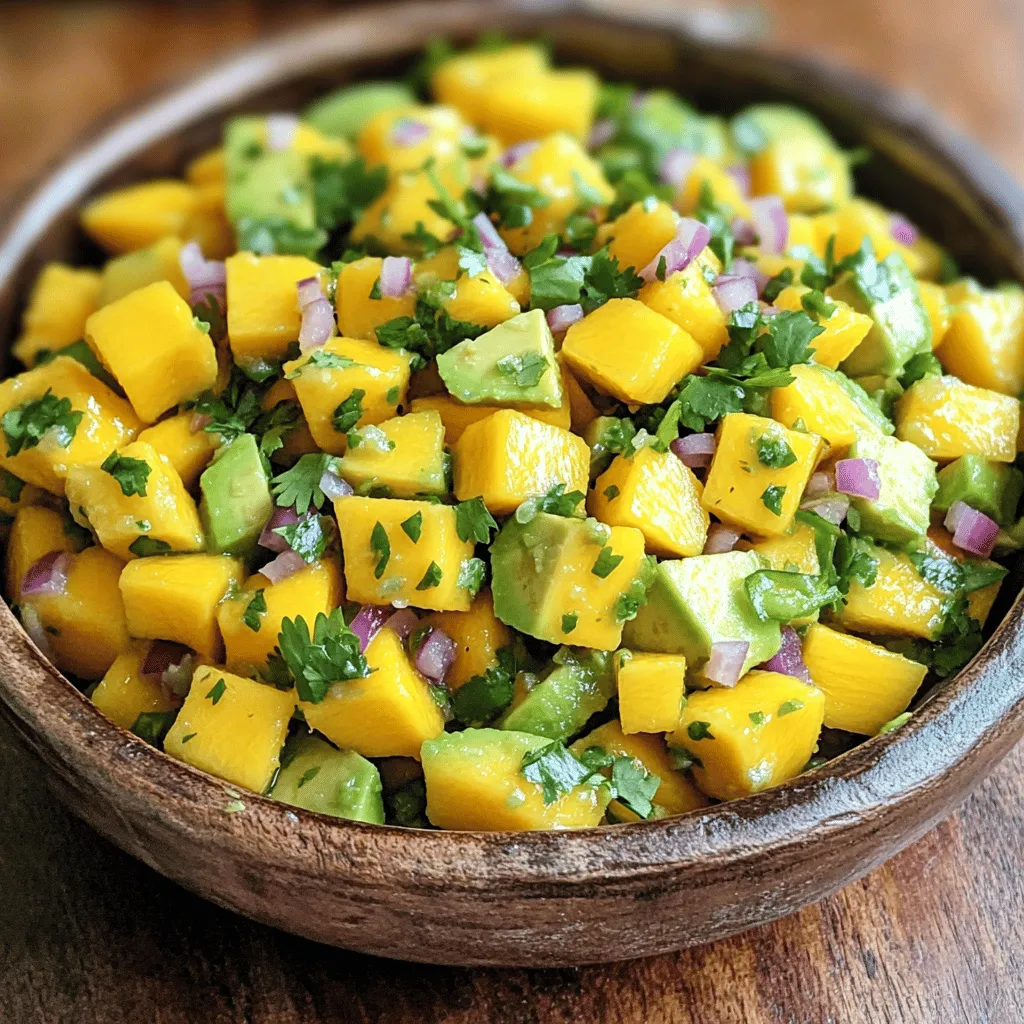 Mango salsa with avocado shines with its fresh and bright flavors. Here are the key ingredients you will need: - 1 ripe mango, diced - 2 ripe avocados, diced - 1 small red onion, finely chopped - 1 jalapeño pepper, seeds removed and minced - 1/4 cup fresh cilantro, chopped - Juice of 1 lime - Salt and pepper to taste Each ingredient plays a vital role. The mango adds sweetness, while the avocado brings creaminess. The red onion adds crunch and zest, and the jalapeño gives a spicy kick. Fresh cilantro brings a delightful herbal note. Adding lime juice brightens the whole mix. While the base recipe is fantastic, you can add a few optional ingredients to make it even better. Consider these: - 1/2 teaspoon ground cumin for a warm, earthy note Cumin can enhance the salsa's depth. It gives the dish an extra layer of flavor that pairs well with the other ingredients. Feel free to adjust the amount based on your taste. Using fresh ingredients is key to a vibrant salsa. Fresh mangoes and avocados ensure a burst of flavor in every bite. Ripe fruit provides the best sweetness and texture. When you can, buy local and seasonal produce for the best results. This not only enhances taste but also supports your community. Fresh herbs like cilantro should also be bright and fragrant. Freshness makes your salsa taste alive and inviting. For the full recipe, click here. Start with the mango. Peel it carefully, then remove the pit. Cut the flesh into small cubes. I love using a ripe mango for the best taste. Place the diced mango into a large mixing bowl. Next, take the ripe avocados. Cut them in half, remove the pit, and scoop out the flesh. Dice the avocados into small pieces. Be gentle while dicing to keep them from mashing. Add the diced avocados to the bowl with the mango. Now, it’s time to add more flavor. Finely chop the red onion. Add it to the mango and avocado mixture. The onion adds a nice crunch and flavor. Then, take a jalapeño pepper. Remove the seeds and mince it finely. Adjust the amount based on how spicy you like it. Add this to the bowl too. Chop fresh cilantro and add it next. The cilantro will brighten the dish. Squeeze the juice of one lime over all the ingredients. This adds tang and helps keep the avocados fresh. If you want a little twist, sprinkle in the ground cumin. It brings out the flavors nicely. Now, gently fold all the ingredients together. Be careful not to mash the avocados as you mix. Next, season with salt and pepper. Taste it and adjust as needed. This is key for the best flavor. Let the salsa sit for about 10 minutes. This allows all the flavors to meld beautifully. For the complete recipe, you can check the Full Recipe. Enjoy your fresh and flavorful mango salsa with avocado! To make your mango salsa shine, focus on the balance of flavors. The key is to mix sweet, spicy, and tangy notes. Start with ripe mangoes for sweetness. Then, add diced avocados for creaminess. The lime juice gives a bright, zesty kick. Adjust the amount of jalapeño to fit your heat level. If you want more depth, consider adding ground cumin. This spice gives a warm, earthy taste. Make your mango salsa visually appealing. Use a clear bowl to showcase the vibrant colors. You can serve it with tortilla chips or on a platter. For a fun twist, scoop it into small avocado halves. Garnish with extra cilantro for a fresh touch. This will impress your guests and make the dish pop. Mango salsa pairs well with many dishes. Try it with grilled chicken or fish for a refreshing bite. It also works nicely on tacos or burritos. Use it as a topping for nachos for a fun snack. Don’t forget to check out the Full Recipe for more ideas on using this salsa! {{image_2}} Want to make your mango salsa even better? You can add more fruits and veggies! Try adding diced bell peppers for crunch or tomatoes for extra juiciness. Pineapple chunks also bring a sweet twist. Each fruit adds a new layer of flavor, making it fun to mix things up. Do you like your salsa spicy? You can easily adjust the heat. Add more jalapeño or try diced serrano peppers for a real kick. If you prefer less heat, remove the seeds from the jalapeño or skip it altogether. You can also stir in some hot sauce for a different flavor. There are many ways to enjoy mango salsa. Serve it with tortilla chips as a snack. Use it as a topping for grilled chicken or fish to brighten up your meal. You can also mix it into salads for a refreshing touch. The options are endless! If you want to learn how to make this delicious dish, check out the Full Recipe. To keep your mango salsa fresh, store it in an airtight container. This helps to prevent air from spoiling the flavors. Place the salsa in the fridge right after using it. Avoid leaving it out at room temperature for too long. If you notice any browning from the avocados, gently stir it before serving. When stored correctly, mango salsa lasts about 2 to 3 days in the fridge. After that, the taste may change, and the avocados might turn brown. For the best flavor, enjoy it within this time frame. Always check for any off smells or changes in texture before eating. Freezing mango salsa can be a great option if you have leftovers. Use a freezer-safe container and leave some space for expansion. The salsa can last up to 3 months in the freezer. When ready to use, thaw it in the fridge overnight. Keep in mind that the texture may change slightly, but the flavors will still shine! For the full recipe, check out the complete guide. You can add more jalapeño for heat. Try using fresh, diced habanero too. If you like a smoky flavor, try a bit of chipotle powder. Start with a small amount and taste as you go. This way, you control the spice level. Yes, you can use frozen mango. Just thaw it first and drain any excess liquid. Frozen mango may change the texture a bit but will still taste great. It’s a good option when fresh mango is not available. You can serve this salsa with chips for a tasty snack. It pairs well with grilled chicken or fish. You can also use it as a topping for tacos. For a fun twist, add it to a salad or sandwich. Check the Full Recipe for more ideas! Mango salsa is fresh, fun, and easy to make. We explored key ingredients, tips for balance, and creative variations. Remember, freshness matters most for great taste. Try mixing in extra fruits for a twist. Store leftovers well to keep them tasty. This salsa pairs great with many dishes. Enjoy your delicious creation!