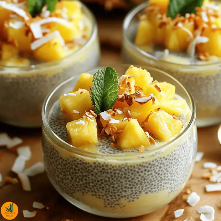 - 1 cup coconut milk (canned or carton) - 1/2 cup fresh pineapple, diced - 1/4 cup chia seeds - 2 tablespoons maple syrup or honey (to taste) - 1 teaspoon vanilla extract - Pinch of salt - Optional garnishes: toasted coconut flakes, fresh mint leaves To make pineapple coconut chia pudding, you need some key ingredients. The main base is coconut milk. You can use canned or carton coconut milk. I prefer canned for a richer taste. Fresh pineapple adds a sweet, tangy twist. Dice it small for even flavor. The chia seeds help the pudding thicken. They soak up the coconut milk and create a fun texture. Next, you'll want a sweetener. Maple syrup or honey works well. The amount can change based on your taste. A splash of vanilla extract adds depth. Just a pinch of salt enhances all the flavors. For garnishing, I like to add toasted coconut flakes. They give a nice crunch. A few fresh mint leaves can brighten the dish. Gather these ingredients to enjoy a fresh and tasty treat. You can find the full recipe linked earlier to get started! 1. First, gather your ingredients. You need coconut milk, fresh pineapple, chia seeds, sweetener, vanilla, and salt. 2. In a mixing bowl, combine the coconut milk, diced pineapple, chia seeds, sweetener, and vanilla. 3. Whisk them together well. This step helps the chia seeds spread evenly. 4. Cover the bowl with plastic wrap. Place it in the fridge for at least four hours or overnight. 5. After chilling, the chia seeds will absorb the liquid. This makes the pudding thick and creamy. 6. When ready, take it out and stir. This breaks up any clumps of chia seeds. 1. For a pretty presentation, spoon the pudding into small bowls or cups. 2. Top each serving with more diced pineapple. Sprinkle on toasted coconut flakes for extra crunch. 3. If you like, add fresh mint leaves for a pop of color and flavor. 4. Each serving is great for breakfast, snacks, or dessert. You can share it with friends or enjoy it alone. 5. Pair this pudding with a light salad or fruit for a complete meal. For the full recipe, check the section above. To make your pineapple coconut chia pudding smooth, avoid clumps. After mixing, let it rest. Chia seeds need time to soak. If you skip this step, the pudding may turn out lumpy. Achieving the right consistency is key. I recommend whisking the mixture well. This helps distribute the chia seeds evenly. After refrigeration, stir the pudding again. This breaks up any clumps and ensures a creamy texture. You may want to adjust the sweetness of your pudding. Taste it after mixing. If it’s not sweet enough, add more maple syrup or honey. You can personalize it based on your taste. If you're looking for alternative sweeteners, consider using agave syrup or stevia. These options work well and can make your pudding healthier. Just remember to start with a small amount. You can always add more if needed. For the full recipe, refer to the earlier section. {{image_2}} You can change the flavor of your pineapple coconut chia pudding easily. Here are some fun ideas: - Additional fruits: Add berries, mangoes, or bananas for extra taste. These fruits pair well with coconut and pineapple. They give a fresh burst of flavor and color. You can mix them in or use them as toppings. - Different milk alternatives: Use almond milk, oat milk, or cashew milk. Each milk brings a unique taste to your pudding. Try them to find your favorite combination. You can make this pudding fit different diets. Here are some options: - Vegan options: This recipe is already vegan! Use maple syrup for sweetness. It works great and keeps everything plant-based. - Gluten-free ingredients: Chia seeds and coconut milk are naturally gluten-free. You can enjoy this pudding without worries. Just make sure any added ingredients are also gluten-free. For more details, check the Full Recipe. Store your pineapple coconut chia pudding in airtight containers. Glass jars work best. They keep the pudding fresh and let you see the layers. Make sure to let it cool completely before sealing. This helps prevent condensation inside the container. To keep the pudding fresh, always use clean utensils to scoop it out. This avoids adding bacteria that can spoil the pudding. If you notice any off smells or colors, it's best to toss it out. Your chia pudding lasts up to five days in the fridge. That gives you plenty of time to enjoy it! Just remember to keep it covered to maintain its flavor and texture. If you want to freeze it, you can. But the texture may change once thawed. Pour the pudding into ice cube trays for easy portions. When you're ready to eat, just thaw the cubes in the fridge overnight. For the full recipe, check out the Pineapple Coconut Chia Pudding section. What is chia pudding? Chia pudding is a creamy dish made from chia seeds soaked in liquid. The seeds swell and create a thick texture. It's a healthy and tasty way to enjoy chia seeds. Can I use frozen pineapple? Yes, you can use frozen pineapple. Just thaw and chop it before adding it to the mix. It still adds great flavor! How long does it take to set? Chia pudding needs at least 4 hours to set. For best results, leave it overnight. Is chia pudding nutritious? Yes, chia pudding is very nutritious. Chia seeds are high in fiber, omega-3 fatty acids, and protein. They help keep you full and energized. What to do if it’s too watery? If your chia pudding is too watery, add more chia seeds. Stir them in and let the pudding sit longer to thicken. Fixing texture issues For clumpy chia pudding, stir well after it sets. If it’s too thick, add a bit of coconut milk to smooth it out. You learned how to make a delicious chia pudding with coconut milk and pineapple. We explored each step, from mixing ingredients to serving ideas. Use tips to perfect the texture and adjust sweetness to your liking. You can also try different flavors and dietary options. Chia pudding is easy, fun, and healthy. Enjoy creating a treat that fits your taste!