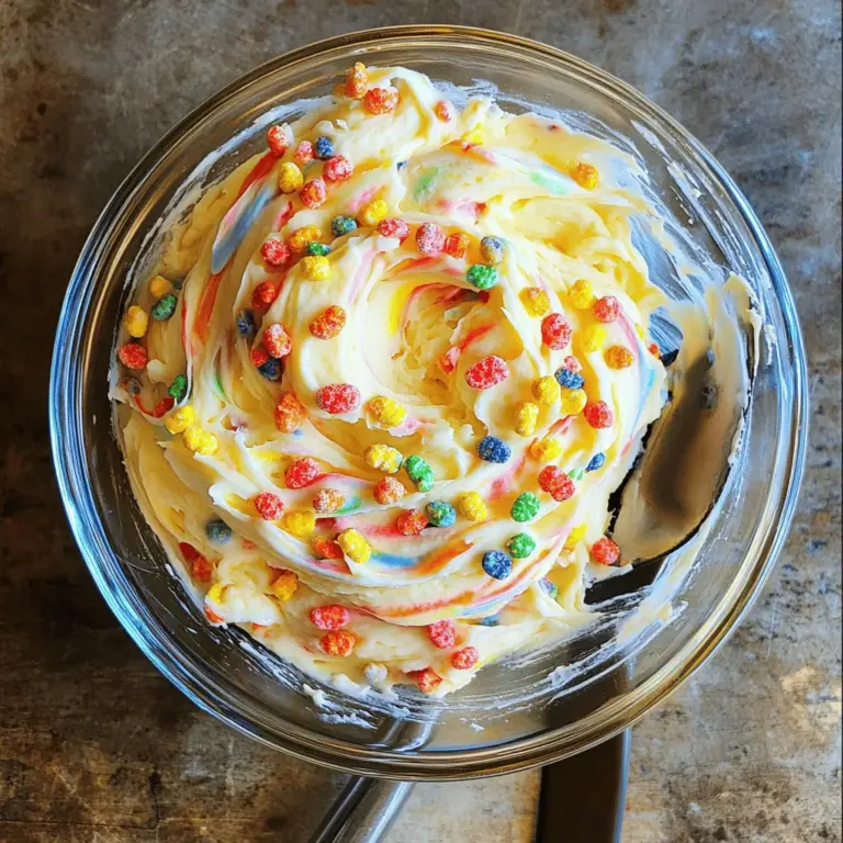 To make this delightful Fruity Pebbles frosting, you need: - 1 cup unsalted butter, softened - 4 cups powdered sugar - 1/4 cup whole milk - 1 teaspoon vanilla extract - 1 cup Fruity Pebbles cereal - Pinch of salt These ingredients create a sweet, colorful treat that everyone loves. You might want to try these fun options to mix it up: - A splash of almond extract for a nutty twist - Food coloring to enhance the colors - A sprinkle of rainbow sprinkles for extra fun These extras can add even more joy to your frosting! If you’re missing something, don’t worry! Here are some swaps: - Use margarine instead of butter for a dairy-free option - Swap whole milk for almond milk or coconut milk - Use a sugar alternative if you want a low-sugar option These substitutes will help you create a tasty frosting no matter your needs. For the full recipe, check out the detailed instructions above. To make Fruity Pebbles frosting, start with the butter. First, take 1 cup of unsalted butter and let it soften at room temperature. This step is key for a smooth mix. Use an electric mixer on medium speed. Beat the butter until it looks creamy, which should take about 2-3 minutes. Next, we add the powdered sugar. Pour in 4 cups of powdered sugar, one cup at a time. Mix well after each cup to keep the sugar from flying everywhere! After that, add 1/4 cup of whole milk and 1 teaspoon of vanilla extract. Beat this mixture on medium-high speed for about 2 minutes. The goal is to make it fluffy and light. To balance the sweetness, add a pinch of salt. Mix again until it’s all combined. Now, it’s time for the fun part! Gently fold in 1 cup of Fruity Pebbles cereal. Use a spatula to mix them in. Be careful not to crush the cereal too much. If the frosting is too thick, simply add more milk. Do this a tablespoon at a time until you reach the right consistency. You want it spreadable but not runny. Use the frosting right away, or store it in an airtight container in the fridge for up to a week. Mixing is all about speed and control. Start slow when you add the powdered sugar. This helps avoid a big, sugary mess. Once it’s in, you can speed up the mixer. It’s also important to scrape the sides of your bowl. This ensures all the butter and sugar mix evenly. When you fold in the Fruity Pebbles, use a gentle touch. This keeps them whole, adding a nice crunch to your frosting. If you want a creamier texture, beat the frosting a bit longer. Don’t rush this step! The fluffier the frosting, the better it spreads. Fruity Pebbles frosting works great on cupcakes and cakes. It adds color and fun! Try spreading it on vanilla or chocolate cupcakes for a tasty twist. You can also pipe it onto treats using a piping bag for a beautiful look. Want a fun dessert? Spread it on graham crackers or cookies for a quick snack. You can even layer it between cake rounds for a surprise treat. The bright colors and sweet taste make it a hit at any party! For the full recipe, check out the complete guide. To get the right texture for your Fruity Pebbles frosting, start with room temperature butter. This step helps it blend smoothly. When mixing, use medium speed for about two minutes. Add powdered sugar slowly, one cup at a time. If it feels too thick, add milk gradually. Just one tablespoon at a time will do. Keep mixing until it’s fluffy and light. The goal is a spreadable consistency that holds its shape well. You can make this frosting your own with fun tweaks! Try adding food coloring to match your theme. A few drops can brighten it up. Want a stronger flavor? Use almond extract instead of vanilla. You can also fold in extra treats like mini marshmallows or chocolate chips. This adds flavor and crunch. Mix it up and enjoy creating your unique version! Store your Fruity Pebbles frosting in an airtight container. It will stay fresh in the fridge for about one week. If you make a large batch, you can freeze it. Just scoop it into a freezer bag and press out the air. When you want to use it, let it thaw in the fridge overnight. Then, give it a quick mix before using. This way, you always have tasty frosting ready to go! For the full recipe, check out the details above. {{image_2}} You can change up the taste of your Fruity Pebbles frosting. Here are some fun ideas: - Citrus Twist: Add lemon or lime zest for a bright zing. - Chocolate Delight: Mix in cocoa powder for a chocolatey treat. - Berry Burst: Fold in crushed freeze-dried strawberries or blueberries. These flavors make your frosting unique and exciting. Fruity Pebbles are great, but you can try other cereals too. Here are some tasty options: - Trix: These colorful balls add a sweet and fruity taste. - Cap'n Crunch: This cereal gives a nice crunch and adds a different flavor. - Lucky Charms: Mix in the marshmallows for a fun twist. Using different cereals lets you create your own special frosting. Decorating can be just as fun as making the frosting! Here are some simple ideas: - Swirls and Peaks: Use a spatula or piping bag to create swirls. - Sprinkles: Add extra Fruity Pebbles or colorful sprinkles on top. - Cupcake Toppers: Place small candies or fruit pieces for a pop of color. These ideas will make your treats look as good as they taste. For the full recipe, check out the Fruity Pebbles Frosting section! To keep your Fruity Pebbles frosting fresh, store it in an airtight container. Place it in the fridge. It will stay good for about one week. Make sure to seal it tightly to prevent air from getting in. If you plan to keep it longer, consider freezing it. If you freeze your frosting, you can easily bring it back. Take it out of the freezer and let it thaw in the fridge overnight. When ready to use it, stir it well. If it's too thick, add a bit of milk to get the right texture. Always warm it slowly to avoid melting. Leftover frosting can add fun to many treats! You can spread it on cookies, cakes, or pancakes. You can also use it as a dip for fruit. If you have a lot left, try making Fruity Pebbles cupcakes or brownies. Just mix it right in and enjoy the colorful burst of flavor! For the full recipe, check the section above. Fruity Pebbles frosting is a fun and colorful topping. It uses bright cereal pieces mixed into creamy frosting. The mix of sweet and fruity flavors makes it special. You can use it on cupcakes, cakes, or cookies. The colorful look adds joy to any treat. To adjust the sweetness, you can add a pinch of salt. This helps balance the flavors. Another way is to reduce the powdered sugar. You can start with three cups instead of four. Mix well and taste to see if it fits your liking. Yes! To make it vegan, swap the butter with a vegan alternative. You can use coconut oil or vegan butter. For the milk, use almond, soy, or oat milk. Check labels to ensure your ingredients are dairy-free. You can find pre-made Fruity Pebbles frosting at some grocery stores. Look in the baking aisle or the frosting section. Some brands may also sell it online. Always check if they have the flavor you want. For the full recipe, check the detailed section above. It includes all the ingredients and steps you need to create this delightful frosting at home. Fruity Pebbles frosting is fun and easy to make. We covered key ingredients, step-by-step instructions, and tips for the perfect consistency. You can customize this frosting by trying unique flavors and alternative cereals. Remember to store your frosting properly to keep it fresh. With these ideas, you can create something special for your treats. Enjoy your baking adventure! Your sweet creations will wow everyone.
