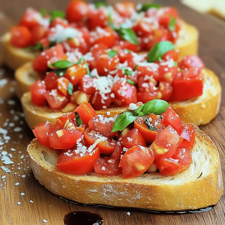 To make the best tomato basil bruschetta, you need fresh items that burst with flavor. Here’s what you will need: - 6 ripe medium tomatoes, diced - 1/2 cup fresh basil leaves, chopped - 2 cloves garlic, minced - 3 tablespoons balsamic vinegar - 2 tablespoons extra-virgin olive oil - Salt and freshly ground black pepper to taste - 1 French baguette or Italian ciabatta, sliced diagonally These fresh ingredients create a bright and tasty topping for your bread. The tomatoes should be ripe and juicy. They add sweetness and color. Fresh basil brings a fragrant and herbal note. Garlic adds a nice kick. While you can enjoy bruschetta without extras, some optional items can enhance the dish: - 1/4 cup grated Parmesan cheese Adding Parmesan gives a salty, cheesy flavor. You can sprinkle it on top right before serving. Each ingredient in this bruschetta offers health benefits. Fresh tomatoes are full of vitamins and antioxidants. They support heart health and skin health. Basil has anti-inflammatory properties and adds a fresh taste. Garlic can boost your immune system. Olive oil is rich in healthy fats and may lower bad cholesterol. Using fresh ingredients not only makes your dish taste better but also makes it healthier. For a detailed recipe, check the Full Recipe. Start with ripe tomatoes. Dice about six medium ones. In a medium bowl, add the diced tomatoes. Next, chop half a cup of fresh basil leaves. Add the basil to the bowl. Then, mince two cloves of garlic. Toss the minced garlic in with the tomatoes and basil. Now, pour in three tablespoons of balsamic vinegar. Drizzle in two tablespoons of extra-virgin olive oil. Lastly, sprinkle salt and pepper to taste. Mix it all gently. Let the mixture sit for about 15 minutes. This helps the flavors blend well. Preheat your oven to 400°F (200°C). While it heats up, grab a French baguette or Italian ciabatta. Slice the bread diagonally for more surface area. Place the slices on a baking sheet. Brush both sides lightly with olive oil. Once the oven is ready, put the baking sheet in. Bake the bread for about 5 to 7 minutes. Look for a golden brown color and crispy texture. When done, take it out and let it cool slightly. Now it’s time to put it all together. Spoon a generous amount of the tomato mixture onto each slice of toasted bread. If you like cheese, sprinkle some grated Parmesan on top. Serve immediately for the best taste. Enjoy this fresh delight with friends or family! For the complete recipe, check out the Full Recipe. For the best taste, choose ripe tomatoes. They give a sweet and juicy base. Fresh basil adds a bright touch. Use whole leaves, then chop them just before mixing. This keeps the flavor strong. When adding garlic, make sure it's fresh. Minced garlic gives a punch that complements the tomatoes. Balsamic vinegar enhances sweetness. Use high-quality extra-virgin olive oil for richness. Salt and pepper are key; season to your liking. Let the mixture sit for 15 minutes. This time allows the flavors to blend well. Serve bruschetta as an appetizer at parties. It's easy to make and share. Place the toasted bread on a nice platter. Spoon the tomato mixture on each slice. For added flair, sprinkle grated Parmesan on top. You can also add a drizzle of balsamic glaze for a sweet finish. Pair it with a crisp white wine, like Sauvignon Blanc, for a perfect match. If serving a crowd, double the recipe. It’s a crowd-pleaser that vanishes quickly. Make your bruschetta pop with color. Use a bright serving dish for contrast. Garnish with extra basil leaves for a fresh look. Arrange the slices in a circle or a line for visual appeal. Consider adding a small bowl of extra topping on the side. This invites guests to customize their bites. For a rustic touch, serve on a wooden board. It feels inviting and warm. These small details make your bruschetta look as good as it tastes. For the full recipe, check out the earlier section. {{image_2}} You can change up your bruschetta with different toppings. Try adding diced avocado for creaminess. You can also use roasted red peppers for a sweet and smoky taste. For a kick, sprinkle some crushed red pepper flakes on top. If you like cheese, try feta or goat cheese instead of Parmesan. These toppings create fun new flavors while keeping the base fresh. If you have dietary needs, you can still enjoy bruschetta. For a gluten-free option, use gluten-free bread. If you are vegan, skip the cheese and use a plant-based alternative. You can also swap balsamic vinegar for lemon juice if you want a lighter flavor. These swaps help everyone enjoy this tasty dish. The bread choice can change the bruschetta's taste and texture. A French baguette gives a nice crunch. Italian ciabatta has a soft, chewy texture. You can also use whole-grain bread for added fiber. For a unique twist, try using pita or naan. Each option brings out new flavors in your dish. For a detailed guide, check the Full Recipe. To store your bruschetta, place it in an airtight container. You want to keep that fresh taste. If you have leftover tomato mixture, store it separately from the bread. This prevents the bread from getting soggy. Keep the mixture in the fridge for up to two days. The bread is best enjoyed fresh, so eat it soon! Reheating bruschetta can be tricky. You want to warm the bread without making it tough. Preheat your oven to 350°F (175°C). Place the toasted bread on a baking sheet. Heat for about 5 minutes. If you have leftover tomato mixture, warm it on the stove over low heat. Avoid boiling it, as that can ruin the flavor. You can freeze the tomato mixture if you want to save it for later. Place it in a freezer-safe bag. Squeeze out the air and seal it tightly. It can last in the freezer for up to three months. However, do not freeze the bread. Instead, toast fresh bread when you are ready to enjoy your bruschetta again. For the full recipe, check the main article. To make authentic bruschetta, use fresh ingredients. Start with ripe tomatoes. Dice them into small pieces. Fresh basil adds a bright flavor. Mince garlic for a nice kick. Combine these in a bowl. Add balsamic vinegar and olive oil. Season with salt and pepper. Let the mix sit for 15 minutes. Meanwhile, toast slices of quality bread. Spoon the tomato mix on top. Serve it fresh for the best taste. For the full recipe, check the details above. Yes, you can use canned tomatoes. Choose whole or diced canned tomatoes. Look for those packed in juice, not sauce. Drain excess liquid before using. Fresh tomatoes offer a better taste. However, canned tomatoes can work in a pinch. They add flavor but may be softer. Adjust other ingredients for balance. Bruschetta pairs well with many dishes. Serve it as a starter or snack. It goes nicely with salads or soups. You can also serve it alongside grilled meats. A glass of wine elevates the meal. Think about a light, crisp white wine. This pairing enhances the fresh flavors. Bruschetta is best eaten fresh. Once assembled, it lasts about 30 minutes. The bread can get soggy from the toppings. Store leftover tomato mix separately. Keep it in the fridge for up to two days. Toast new bread when ready to serve. Enjoy the fresh taste each time! We covered fresh ingredients, key benefits, and precise steps to make bruschetta. You learned about tips for flavor, serving ideas, and attractive presentation. Variations allow creativity with toppings and bread choices. Proper storage keeps leftovers tasty. In conclusion, enjoy making bruschetta your way. Experiment and share this treat with friends and family. Simple steps lead to delicious results!