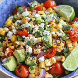 - Corn - Tomatoes - Avocado The star of this dish is corn. I prefer fresh corn. It gives the best flavor. You can use frozen corn if fresh isn’t available. The next key player is tomatoes. Cherry tomatoes add sweetness and color. They are fun to cut and mix in. Finally, we have avocado. It adds creaminess and richness. The combination of these three makes the salad shine. - Lime juice - Olive oil - Spices For the dressing, I love using fresh lime juice. It adds a bright zing to the salad. Olive oil gives a smooth texture. You can choose extra virgin for a richer flavor. Then, we have spices. I use chili powder for a mild kick. Salt and pepper balance everything out. Mix these together for a tasty dressing that brings it all to life. - Cilantro - Cotija cheese - Red onion To make this salad even better, consider add-ins. Fresh cilantro adds a burst of flavor. It makes the salad feel fresh and bright. Cotija cheese gives a salty touch and nice creaminess. If you want a bit of crunch, add red onion. It adds a sharp bite that contrasts well with the other flavors. Feel free to mix and match these add-ins to suit your taste. For the full recipe, refer to the details above. To start, grill the corn. Heat your grill to medium-high. Place the husked corn on the grill. Cook for about 10-12 minutes, turning it often. You want it slightly charred and cooked through. After grilling, let the corn cool down. Once it's cool, take a sharp knife and cut the kernels off the cob. Place the kernels in a large mixing bowl. Next, we’ll mix the salad. In the bowl with the corn, add these ingredients: halved cherry tomatoes, diced red onion, diced avocado, crumbled feta cheese, and chopped cilantro. This mix gives a bright flavor and texture. Now, let's prepare the dressing. In a separate small bowl, whisk together lime juice, olive oil, chili powder, and a pinch of salt and pepper. Make sure it's well combined. Pour the dressing over the salad and toss gently. Ensure all ingredients are coated evenly. Now, taste it. Adjust the seasoning if you need to. You might want more salt, pepper, or lime juice. Once you’re happy, chill the salad in the fridge for about 15 minutes. This helps the flavors meld together. Don't forget to check out the Full Recipe for more details! Fresh corn tastes sweet and juicy. When choosing corn, look for bright green husks. The silk should be brown and moist. If you cannot find fresh corn, frozen corn works well too. It is picked at peak ripeness, so it is still sweet. Consider organic corn for a better flavor and health benefits. Organic corn is grown without harmful chemicals. This option is better for the environment, too. This salad pairs well with grilled meats. Serve it with tacos, chicken, or burgers. It adds color and flavor to any meal. For presentation, use a bright bowl. Garnish with extra cilantro and a lime wedge. This makes the dish look fresh and inviting. You can prepare this salad a few hours in advance. This gives the flavors time to blend. Just wait to add the avocado until right before serving. This keeps it from turning brown. To enhance the flavor, add a bit more lime juice before serving. This will brighten the taste. You can also try mixing in some extra chili powder for a kick. {{image_2}} You can easily change the protein in your Mexican street corn salad. Adding grilled chicken boosts the taste and makes it heartier. Just grill the chicken until it’s cooked through, then slice it into small pieces. Mix it into your salad for a filling meal. Another great choice is black beans. They add protein and fiber to your dish. Rinse a can of black beans, then stir them into the salad. This option is perfect for a meatless meal. If you want to keep it vegetarian or vegan, you can swap out the cheese. For a vegan version, use avocado instead of feta. It gives creaminess without dairy. You can also try nutritional yeast for a cheesy flavor. When it comes to dressings, stick to olive oil and lime juice. It's simple yet full of flavor. You could also try a tahini dressing for a nutty twist. Mix tahini with lemon, water, and a bit of garlic for depth. Spice lovers can make a spicy version of this salad. Just add diced jalapeños or a dash of hot sauce. This will give your salad a nice kick. Adjust the amount based on your heat preference. If you prefer a sweeter taste, use sweet corn. You can find canned sweet corn or frozen varieties. This change can balance the flavors and make it more kid-friendly. For the full recipe, be sure to check out the complete guide! To keep your Mexican street corn salad fresh, store it in the fridge. Use an airtight container to prevent any odors from mixing. The salad will last about 3 days. After that, the ingredients may lose their crunch. You can freeze the salad, but it may change the texture. For best results, freeze just the corn. Place it in a freezer-safe bag, removing as much air as possible. It can last for about 3 months in the freezer. When you’re ready to use it, thaw the corn in the fridge overnight. Leftover salad can be used in many ways. Mix it into tacos or quesadillas for a tasty twist. You can also add it to a grain bowl or use it as a topping for grilled chicken. This keeps meals fun and exciting while preventing waste. Enjoy getting creative with your leftovers! Mexican Street Corn Salad is a fresh, vibrant dish made from grilled corn. This salad combines juicy corn kernels with other tasty ingredients. You often find it topped with cheese, lime, and spices. Key characteristics: - Sweet corn provides a crunchy base. - Creamy avocado adds richness. - Feta cheese gives a salty kick. - Lime juice adds a zesty touch. Cultural significance: In Mexico, street corn (elote) is a popular snack. Vendors serve it slathered in creamy sauces and spices. This salad brings those flavors together in a fun and easy way. It captures the essence of Mexican street food, making it loved by many. Yes, you can still enjoy this salad without grilling. You can use canned or frozen corn instead. Just make sure to drain and rinse canned corn well. If using frozen corn, cook it according to the package instructions. Alternative cooking methods: - Boiling: Boil corn on the cob for about 5 minutes. - Sautéing: Sauté corn in a pan with a bit of oil until heated through. - Roasting: Roast corn in the oven at 400°F for about 20 minutes. These methods will give you a tasty salad without needing a grill. To amp up your salad's taste, try these tips: Flavor boosting tips: - Add extra lime juice for brightness. - Mix in a pinch of smoked paprika for depth. - Use fresh herbs like basil or mint for a twist. Ingredient swaps: - Substitute feta with cotija cheese for a more traditional flavor. - Swap avocado for diced mango for a sweet twist. - Use red pepper instead of red onion for a milder taste. These changes can make your salad even more exciting and fun. Serving this salad at a party is easy and fun. Here are my best tips: Best serving tips: - Serve in a large, colorful bowl to draw attention. - Offer small cups for easy serving and sharing. - Chill the salad before serving for the best flavor. Garnishing ideas: - Add extra crumbled feta on top. - Sprinkle fresh cilantro for a pop of color. - Serve with lime wedges on the side for guests to squeeze over. These ideas will make your Mexican Street Corn Salad a hit at any gathering. For the complete recipe, check out the Full Recipe. This blog post covered everything you need for Mexican Street Corn Salad. We discussed the main ingredients like corn, tomatoes, and avocado. You learned how to prepare and mix the salad, plus tips for selecting the best corn. We explored variations with proteins and flavor options to suit your taste. Finally, I shared storage info and FAQs to help you enjoy your salad longer. Make this salad your own and impress your friends with its fresh flavors!