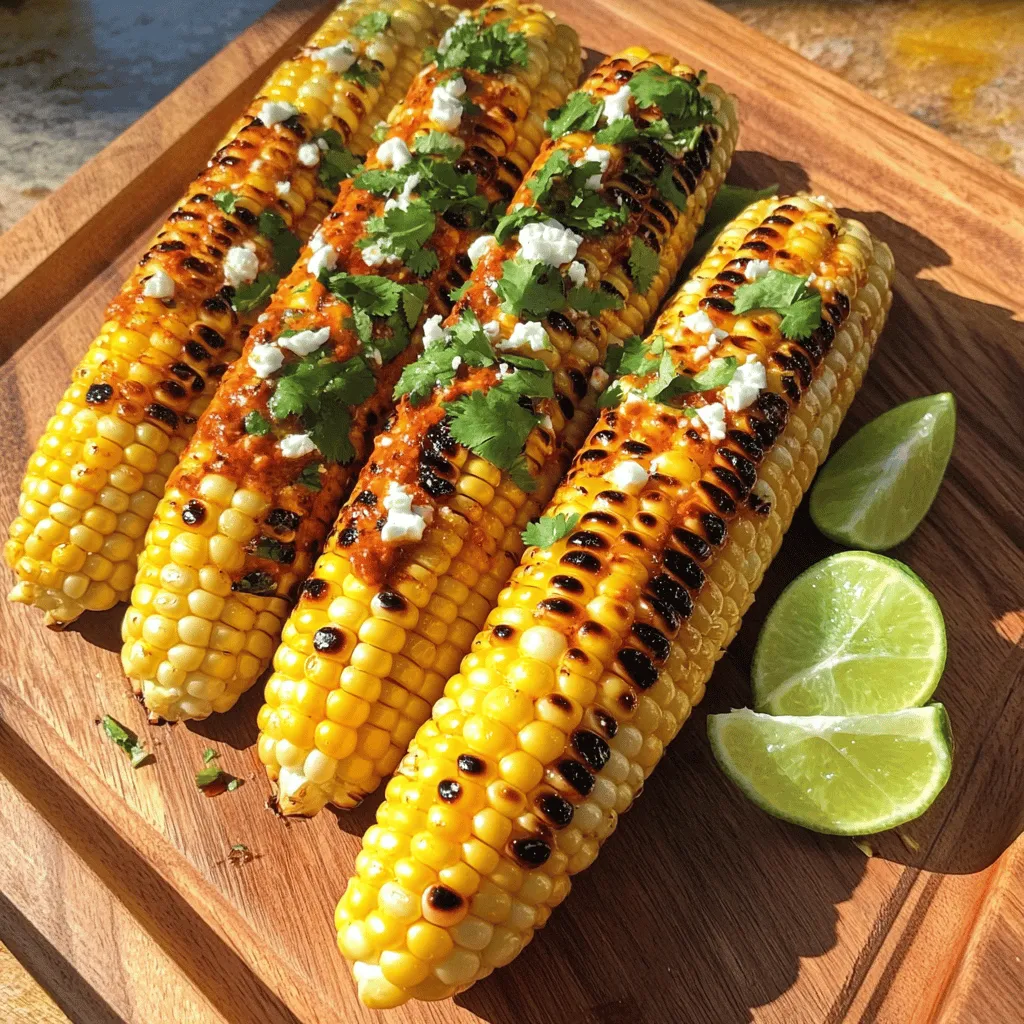 - 4 ears of fresh corn, husked - 3 tablespoons olive oil - 1 teaspoon chili powder - 1 teaspoon smoked paprika - 1 lime, juiced and zested - 2 tablespoons chopped fresh cilantro - Crumbled feta cheese (optional) - Salt and pepper to taste When making Chili Lime Grilled Corn, focus on fresh ingredients. Fresh corn brings sweetness and crunch. I love using corn that is bright and firm. Olive oil adds richness and helps the spices stick. Chili powder gives it a nice kick, while smoked paprika adds depth. For garnishes, lime juice and zest brighten the dish. Cilantro adds a fresh taste that pairs well with corn. If you like, sprinkle crumbled feta cheese on top for a creamy texture. Don’t forget to season with salt and pepper to enhance all the flavors. Finding good ingredients matters. Look for corn in season at your local market. You can find the full recipe above. Using fresh, quality ingredients makes all the difference in taste. First, you need to preheat your grill. Set it to medium-high heat. This helps cook the corn evenly and gives it nice grill marks. Make sure it gets hot before adding the corn. Next, let’s create the chili-lime mixture. In a small bowl, whisk together: - 3 tablespoons olive oil - 1 teaspoon chili powder - 1 teaspoon smoked paprika - Juice and zest from 1 lime - Salt and pepper to taste Mix until everything blends well. This mixture adds a kick to the corn. Now, it’s time to grill the corn. Take your 4 husked ears of corn and brush them generously with the chili-lime mixture. Make sure to coat each ear well. Place the corn directly on the grill. Grill for about 10-15 minutes. Turn the corn occasionally. You want it tender and to have nice grill marks. Once done, remove the corn from the grill. Let it cool slightly before serving. If you want, sprinkle chopped fresh cilantro and crumbled feta cheese on top for extra flavor. You can also serve it with lime wedges for an added burst of freshness. Enjoy your Chili Lime Grilled Corn! For the full recipe, check above. When picking corn, fresh is best. Fresh corn has a sweet taste and crisp texture. Look for ears with bright green husks and plump kernels. Check the silk; it should be moist and light brown. You can buy corn all summer, but the peak time is July to August. If fresh corn is not available, frozen corn works too, but the taste won’t be the same. To get those perfect grill marks, heat is key. Set your grill to medium-high heat. Once hot, place the corn directly on the grill. Grill for about 10-15 minutes. Turn the corn every few minutes for even cooking. Look for nice char marks; this means it’s cooking well. For extra flavor, try adding spices. A pinch of cayenne can boost the heat. You can also sprinkle chili flakes or add garlic powder to the mix. When serving, squeeze fresh lime over the corn. This adds a zesty kick. For a nice touch, serve with lime wedges on the side. Want to go further? Crumbled feta cheese makes a tasty topping, too. These small tweaks can take your Chili Lime Grilled Corn to the next level. For the complete recipe, check out the [Full Recipe]. {{image_2}} You can switch up the flavor of your chili lime grilled corn in fun ways. Try using Parmesan cheese instead of feta. It adds a creamy, salty taste that contrasts nicely with the corn's sweetness. If you love heat, add jalapeño or cayenne pepper to your spice mix. A little kick can make your dish even more exciting! Grilling is great, but you can also roast corn in the oven. Just wrap the corn in foil with the chili-lime mix and bake at 400°F for about 25 minutes. This method gives a different texture but still keeps that tasty flavor. If you don’t have a grill, stovetop grilling is a solid option. Use a grill pan and follow the same steps for grilling. You’ll still get those nice char marks and yummy flavors. Pair your chili lime grilled corn with proteins like grilled chicken or shrimp. The corn’s flavors complement meats beautifully. You could also toss the corn into salads or salsas. It adds a fresh crunch and bright flavor, perfect for summer dishes. For the full recipe, check out the details above! To store grilled corn, let it cool first. Wrap each ear in plastic wrap. You can also place them in a sealed container. This keeps them fresh and moist. The best duration for keeping grilled corn is three to five days. After that, the flavor and texture may change. When reheating, you have two main options: the microwave or stovetop. The microwave is quick but can make the corn soggy. Place the corn on a plate and cover it with a damp paper towel. Heat for about 30 seconds. For the stovetop, heat a skillet over medium heat. Add a little olive oil to keep it moist. Cook the corn for about five minutes, turning frequently. This method keeps the texture and flavor intact. Enjoy your chili lime grilled corn just like it was fresh off the grill! For the full recipe, check the earlier section. Yes, you can use frozen corn, but it may change the taste and feel. Frozen corn often lacks the sweet, fresh crunch of grilled corn. When using frozen corn, thaw it first. Then, drain any excess water. Grilling may take longer, and you won't get the same grill marks. Fresh corn gives the best flavor, so I recommend it when possible. You can tell when corn is done by looking for a few signs. First, the kernels should look plump and shiny. Second, you’ll notice a nice golden color forming on the outside. The corn should be tender but still have a slight crunch. If you pierce a kernel with a fork, it should release a bit of juice. This means it’s ready to enjoy! Yes, you can easily make this recipe vegan! To do this, skip the crumbled feta cheese. Instead, use a non-dairy cheese or leave it out. You can also top the corn with avocado slices for creaminess. This gives a nice twist and keeps it fresh and delicious. Enjoy your vegan chili lime grilled corn! Grilled corn is easy to make and packed with flavor. We explored key ingredients, step-by-step grilling, and tips for the best results. You can customize the recipe with different spices or cooking methods. Remember, fresh corn gives the best taste, while leftovers are simple to store and reheat. Try this dish as a side or add it to salads. Enjoy your delicious grilled corn today!