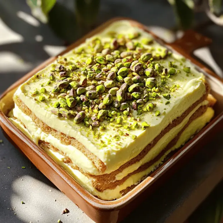 To make a tasty pistachio tiramisu, you need these key ingredients: - 1 cup shelled pistachios (plus extra for garnish) - 1 cup mascarpone cheese - 1 cup heavy whipping cream - 1/2 cup powdered sugar - 1 teaspoon vanilla extract - 1 cup strong brewed coffee (cooled to room temperature) - 12 ladyfinger cookies - 1/4 cup milk - A pinch of salt Each ingredient adds a special touch. The pistachios give a rich, nutty flavor. The mascarpone cheese adds creaminess. The heavy cream helps create a light texture. While the pistachio topping is delicious, feel free to get creative. You can sprinkle some cocoa powder for a chocolate touch. Fresh berries add color and freshness. A drizzle of chocolate sauce makes it extra special. If you can't find mascarpone, cream cheese works well. For a lighter version, use Greek yogurt instead. You can swap ladyfingers with sponge cake or even graham crackers. These options still bring great flavor to your dessert. For the full recipe, check the detailed instructions. Enjoy making this delightful dessert! To start, we need to prepare the pistachio base. Take one cup of shelled pistachios and place them in a food processor. Pulse them until they become a fine, coarse flour. This gives our dessert a rich flavor. Set aside a tablespoon of the ground pistachios for later use. It will add a nice touch on top. Next, we will create the mascarpone mixture. In a large bowl, combine one cup of mascarpone cheese, half a cup of powdered sugar, and one teaspoon of vanilla extract. Use an electric mixer to beat them until smooth and creamy. This mixture should be thick but fluffy. In another bowl, whip one cup of heavy cream with a pinch of salt until soft peaks form. Gently fold the whipped cream into the mascarpone mixture. This step ensures our tiramisu is light and airy. Now it’s time to assemble our delicious tiramisu layers. First, mix one cup of strong brewed coffee (cooled) with a quarter cup of milk in a shallow dish. Quickly dip each ladyfinger into this coffee mix. Make sure they soak but do not become soggy. Place a layer of soaked ladyfingers at the bottom of your dish. Then, spread half of the mascarpone cream over the ladyfingers. Smooth it out evenly. Repeat this process with another layer of soaked ladyfingers followed by the remaining mascarpone cream. This layering creates a beautiful dessert. Once assembled, cover the dish with plastic wrap. Refrigerate it for at least four hours, but overnight is best. This waiting time allows all the flavors to meld together. When ready to serve, sprinkle the reserved ground pistachios on top for a lovely finish. Enjoy your delightful pistachio tiramisu! To get the right texture, focus on your cream. Whip the heavy cream until it has soft peaks. This makes your tiramisu light and airy. When you fold it into the mascarpone, do so gently. This helps keep the mixture fluffy. Over-mixing can cause it to lose that lightness. Be patient and fold slowly. One big mistake is soaking the ladyfingers too long. They should be moist, not soggy. Dip them quickly in the coffee and milk mixture. If they are too wet, they will fall apart. Another mistake is not chilling the tiramisu long enough. The flavors need time to blend. Refrigerate it for at least four hours, but overnight is best. Want to boost the flavor? Add a splash of almond extract for a nutty twist. You can also mix in some orange zest for a fresh citrus note. If you love chocolate, consider adding cocoa powder between the layers. These small changes can make a big difference in taste. {{image_2}} You can create a rich chocolate pistachio tiramisu by adding cocoa powder. Mix two tablespoons of cocoa powder into the mascarpone layer. This gives a lovely chocolate flavor that pairs well with pistachios. You can also sprinkle cocoa on each layer of ladyfingers before adding the cream. This twist makes each bite even more exciting. For a vegan version, swap the mascarpone cheese with silken tofu or coconut cream. Blend these with a bit of vanilla and sugar for sweetness. Use almond milk instead of regular milk to soak the ladyfingers. There are vegan ladyfinger options available, or you can use sponge cake. This way, everyone can enjoy this tasty dessert! Adding fruit can bring a fresh twist to your tiramisu. In spring, try layering fresh strawberries or raspberries. In the summer, peaches or blueberries work great. Just slice the fruit and place it between the layers. This adds color and flavor, making your dessert even more delightful. For the full recipe, check out the [Full Recipe]. You’ll have a delicious pistachio tiramisu ready to impress! To keep your pistachio tiramisu fresh, always cover it tightly. Use plastic wrap or a lid. This keeps air out and prevents drying. Store it in the fridge for up to three days. I recommend eating it within this time. The flavors stay rich and creamy. You can freeze pistachio tiramisu, but it’s best to do it before adding the garnishes. Wrap it well in plastic wrap. Then place it in an airtight container. It can stay frozen for up to a month. When you are ready to eat, thaw it in the fridge overnight. After storage, check the tiramisu. If the texture seems a bit off, give it a gentle stir. This helps to bring back some creaminess. Garnish with fresh ground pistachios just before serving. Serve chilled for the best taste. Enjoy your delightful treat! I like to serve pistachio tiramisu chilled. It is best when fresh from the fridge. Use a sharp knife to cut neat squares. You can add a sprinkle of extra pistachios on top for a lovely touch. A dollop of whipped cream also makes it feel special! Yes, you can make pistachio tiramisu a day ahead. This dessert actually tastes better when chilled overnight. The flavors blend nicely, making each bite more delicious. Just cover it well with plastic wrap to keep it fresh in the fridge. Pistachio tiramisu lasts about 3 to 4 days in the fridge. After that, it may not taste as fresh. Make sure to keep it covered to avoid absorbing other flavors from your fridge. If you notice any changes in texture or smell, it’s best to toss it. If you need a substitute for mascarpone, cream cheese works well. Mix it with a bit of heavy cream to soften it. Another option is to use ricotta cheese, but blend it until smooth. Both will give a nice creamy texture in your pistachio tiramisu. For the full recipe, check out the detailed steps! In this blog post, we explored how to make pistachio tiramisu. We covered key ingredients, step-by-step instructions, and helpful tips. I shared ideas for variations, from chocolate to vegan options. Proper storage techniques ensure your tiramisu stays fresh. Lastly, we answered common questions regarding serving and substitutions. Enjoy crafting this dessert and impressing your guests with its unique flavor!