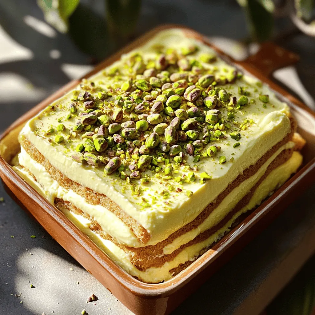 To make a tasty pistachio tiramisu, you need these key ingredients: - 1 cup shelled pistachios (plus extra for garnish) - 1 cup mascarpone cheese - 1 cup heavy whipping cream - 1/2 cup powdered sugar - 1 teaspoon vanilla extract - 1 cup strong brewed coffee (cooled to room temperature) - 12 ladyfinger cookies - 1/4 cup milk - A pinch of salt Each ingredient adds a special touch. The pistachios give a rich, nutty flavor. The mascarpone cheese adds creaminess. The heavy cream helps create a light texture. While the pistachio topping is delicious, feel free to get creative. You can sprinkle some cocoa powder for a chocolate touch. Fresh berries add color and freshness. A drizzle of chocolate sauce makes it extra special. If you can't find mascarpone, cream cheese works well. For a lighter version, use Greek yogurt instead. You can swap ladyfingers with sponge cake or even graham crackers. These options still bring great flavor to your dessert. For the full recipe, check the detailed instructions. Enjoy making this delightful dessert! To start, we need to prepare the pistachio base. Take one cup of shelled pistachios and place them in a food processor. Pulse them until they become a fine, coarse flour. This gives our dessert a rich flavor. Set aside a tablespoon of the ground pistachios for later use. It will add a nice touch on top. Next, we will create the mascarpone mixture. In a large bowl, combine one cup of mascarpone cheese, half a cup of powdered sugar, and one teaspoon of vanilla extract. Use an electric mixer to beat them until smooth and creamy. This mixture should be thick but fluffy. In another bowl, whip one cup of heavy cream with a pinch of salt until soft peaks form. Gently fold the whipped cream into the mascarpone mixture. This step ensures our tiramisu is light and airy. Now it’s time to assemble our delicious tiramisu layers. First, mix one cup of strong brewed coffee (cooled) with a quarter cup of milk in a shallow dish. Quickly dip each ladyfinger into this coffee mix. Make sure they soak but do not become soggy. Place a layer of soaked ladyfingers at the bottom of your dish. Then, spread half of the mascarpone cream over the ladyfingers. Smooth it out evenly. Repeat this process with another layer of soaked ladyfingers followed by the remaining mascarpone cream. This layering creates a beautiful dessert. Once assembled, cover the dish with plastic wrap. Refrigerate it for at least four hours, but overnight is best. This waiting time allows all the flavors to meld together. When ready to serve, sprinkle the reserved ground pistachios on top for a lovely finish. Enjoy your delightful pistachio tiramisu! To get the right texture, focus on your cream. Whip the heavy cream until it has soft peaks. This makes your tiramisu light and airy. When you fold it into the mascarpone, do so gently. This helps keep the mixture fluffy. Over-mixing can cause it to lose that lightness. Be patient and fold slowly. One big mistake is soaking the ladyfingers too long. They should be moist, not soggy. Dip them quickly in the coffee and milk mixture. If they are too wet, they will fall apart. Another mistake is not chilling the tiramisu long enough. The flavors need time to blend. Refrigerate it for at least four hours, but overnight is best. Want to boost the flavor? Add a splash of almond extract for a nutty twist. You can also mix in some orange zest for a fresh citrus note. If you love chocolate, consider adding cocoa powder between the layers. These small changes can make a big difference in taste. {{image_2}} You can create a rich chocolate pistachio tiramisu by adding cocoa powder. Mix two tablespoons of cocoa powder into the mascarpone layer. This gives a lovely chocolate flavor that pairs well with pistachios. You can also sprinkle cocoa on each layer of ladyfingers before adding the cream. This twist makes each bite even more exciting. For a vegan version, swap the mascarpone cheese with silken tofu or coconut cream. Blend these with a bit of vanilla and sugar for sweetness. Use almond milk instead of regular milk to soak the ladyfingers. There are vegan ladyfinger options available, or you can use sponge cake. This way, everyone can enjoy this tasty dessert! Adding fruit can bring a fresh twist to your tiramisu. In spring, try layering fresh strawberries or raspberries. In the summer, peaches or blueberries work great. Just slice the fruit and place it between the layers. This adds color and flavor, making your dessert even more delightful. For the full recipe, check out the [Full Recipe]. You’ll have a delicious pistachio tiramisu ready to impress! To keep your pistachio tiramisu fresh, always cover it tightly. Use plastic wrap or a lid. This keeps air out and prevents drying. Store it in the fridge for up to three days. I recommend eating it within this time. The flavors stay rich and creamy. You can freeze pistachio tiramisu, but it’s best to do it before adding the garnishes. Wrap it well in plastic wrap. Then place it in an airtight container. It can stay frozen for up to a month. When you are ready to eat, thaw it in the fridge overnight. After storage, check the tiramisu. If the texture seems a bit off, give it a gentle stir. This helps to bring back some creaminess. Garnish with fresh ground pistachios just before serving. Serve chilled for the best taste. Enjoy your delightful treat! I like to serve pistachio tiramisu chilled. It is best when fresh from the fridge. Use a sharp knife to cut neat squares. You can add a sprinkle of extra pistachios on top for a lovely touch. A dollop of whipped cream also makes it feel special! Yes, you can make pistachio tiramisu a day ahead. This dessert actually tastes better when chilled overnight. The flavors blend nicely, making each bite more delicious. Just cover it well with plastic wrap to keep it fresh in the fridge. Pistachio tiramisu lasts about 3 to 4 days in the fridge. After that, it may not taste as fresh. Make sure to keep it covered to avoid absorbing other flavors from your fridge. If you notice any changes in texture or smell, it’s best to toss it. If you need a substitute for mascarpone, cream cheese works well. Mix it with a bit of heavy cream to soften it. Another option is to use ricotta cheese, but blend it until smooth. Both will give a nice creamy texture in your pistachio tiramisu. For the full recipe, check out the detailed steps! In this blog post, we explored how to make pistachio tiramisu. We covered key ingredients, step-by-step instructions, and helpful tips. I shared ideas for variations, from chocolate to vegan options. Proper storage techniques ensure your tiramisu stays fresh. Lastly, we answered common questions regarding serving and substitutions. Enjoy crafting this dessert and impressing your guests with its unique flavor!