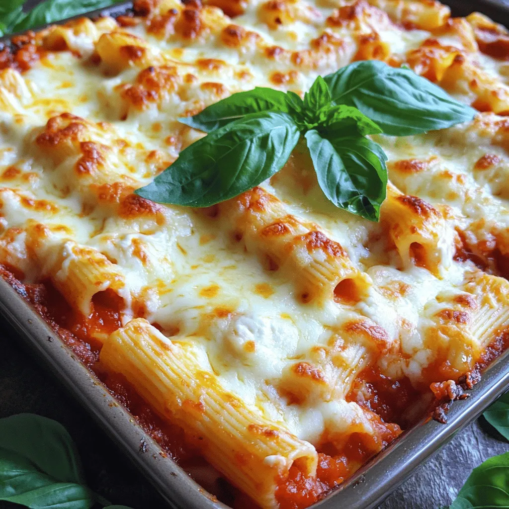 - 12 oz ziti pasta - 1 tablespoon olive oil - 1 small onion, finely chopped - 3 cloves garlic, minced - 28 oz can crushed tomatoes - 2 teaspoons dried oregano - 1 teaspoon dried basil - 1 teaspoon sugar - Salt and pepper to taste - 15 oz ricotta cheese - 1 cup grated mozzarella cheese - 1 cup grated Parmesan cheese - Fresh basil leaves, for garnish - Ziti pasta: 12 ounces, enough for six servings. - Olive oil: 1 tablespoon to sauté the onion and garlic. - Onion: 1 small onion adds sweetness and depth. - Garlic: 3 cloves bring a strong, savory flavor. - Crushed tomatoes: 28 ounces form the base of our sauce. - Dried oregano: 2 teaspoons add an earthy, aromatic touch. - Dried basil: 1 teaspoon enhances the Italian flavor profile. - Sugar: 1 teaspoon balances the acidity of the tomatoes. - Salt and pepper: to taste, enhancing all flavors. - Ricotta cheese: 15 ounces for creaminess and richness. - Mozzarella cheese: 1 cup for melting and stretch. - Parmesan cheese: 1 cup for a nutty, salty finish. - Fresh basil: for garnish, adding a pop of color and freshness. Ziti pasta provides the perfect shape to hold sauce and cheese. Its ridges trap flavors, making each bite tasty. Olive oil helps sauté the onion and garlic, releasing their flavors. The onion brings sweetness, while garlic adds depth. Crushed tomatoes serve as the sauce base, giving that classic Italian taste. Dried oregano and basil add herbal notes, making the dish fragrant. Sugar balances the acidity of the tomatoes, enhancing overall flavor. Salt and pepper season the dish, making it savory. Ricotta cheese adds creaminess, while mozzarella and Parmesan provide richness and a gooey texture. Fresh basil gives a bright touch, making the dish complete. For the full recipe, check out [Full Recipe]. Start by boiling water in a large pot. Add salt to the water. Once it boils, add 12 oz of ziti pasta. Cook for about 8-10 minutes. You want the pasta to be al dente. Drain the pasta and set it aside in a bowl. In a large skillet, heat 1 tablespoon of olive oil over medium heat. Add 1 small chopped onion and 3 minced garlic cloves. Sauté for about 5 minutes until the onion looks clear. Then, pour in a 28 oz can of crushed tomatoes. Add 2 teaspoons of dried oregano, 1 teaspoon of dried basil, and a teaspoon of sugar. Season with salt and pepper to taste. Let this mix simmer for 10-15 minutes. This helps the sauce thicken and develop good flavor. In a big bowl, mix the cooked ziti pasta with 15 oz of ricotta cheese. Add half of the grated mozzarella and Parmesan cheese to this mix. Stir well to coat the pasta evenly. Now, add the tomato sauce to the ziti mixture. Make sure everything is combined well. Transfer the ziti mixture into a greased baking dish. Spread it out evenly. Top it with the rest of the mozzarella and Parmesan cheese. Bake in the preheated oven at 375°F (190°C) for 25-30 minutes. Look for a golden, bubbly top. Once done, remove it from the oven and let it cool for a few minutes. Garnish with fresh basil leaves before serving. For the complete cooking guide, check the Full Recipe. When making three cheese baked ziti, avoid overcooking the pasta. Cook it until it is al dente, not soft. This helps keep the pasta firm when baking. Another mistake is using too much sauce. You want a nice balance. If the dish is too wet, it can become soggy. Lastly, don’t skip on letting it cool before serving. This helps the cheese set up nicely. To make this dish, you need a few key tools. A large pot helps you cook ziti pasta evenly. A skillet is great for making your sauce. Use a large mixing bowl to combine all your ingredients. Lastly, have a greased baking dish ready for the oven. A spatula will help you mix everything well. A good oven mitt is also a must for safe baking. To boost the flavor, try adding fresh herbs. Chopped parsley or thyme can bring a fresh taste. You can also mix in some red pepper flakes for a little heat. If you love garlic, add more than the recipe calls for. A splash of balsamic vinegar can add depth to your sauce. Finally, consider using a blend of cheeses, such as smoked mozzarella or fontina. Check the full recipe for more ideas on how to elevate this dish. {{image_2}} You can easily make this dish vegetarian. Skip the meat and focus on the cheese. Use the same recipe but add more veggies. Spinach and mushrooms work well. Zucchini or bell peppers are great too. They add nice texture and flavor. You still get a rich taste with all that cheese. You can swap cheeses based on your taste. If you prefer a creamier dish, use mascarpone instead of ricotta. For a sharper taste, try aged cheddar. If you're lactose intolerant, use vegan cheese options. Nutritional yeast can add a cheesy flavor without dairy. Just remember to keep the cheese blend balanced for the best flavor. Adding meat can boost flavor and protein. Ground beef or Italian sausage works well. Cook them before adding to the pasta mix. You can also mix in roasted vegetables. Broccoli or eggplant will add depth. Just make sure the veggies are tender before mixing with the ziti. For more ideas, check out the Full Recipe for inspiration! To keep your Three Cheese Baked Ziti fresh, store it in an airtight container. Let it cool to room temperature first. This helps prevent moisture build-up. You can keep it in the fridge for up to three days. If you want it to last longer, freezing is a great option. When you are ready to enjoy leftovers, reheating is easy. Preheat your oven to 350°F (175°C). Place the ziti in an oven-safe dish. Cover it with foil to keep it moist. Heat for about 20 minutes or until warm. You can also use a microwave for quick reheating. Just cover it and heat in short bursts, stirring in between. Freezing your baked ziti can save you time later. Portion it into smaller containers for easy meals. Wrap each container tightly with plastic wrap, then with foil. This prevents freezer burn. You can keep it frozen for up to three months. When ready to eat, thaw it overnight in the fridge before reheating. For best results, bake from frozen at 375°F (190°C) for about 45-50 minutes. Enjoy the rich flavors just like the day you made it! I like using ziti pasta for baked ziti. Ziti has a smooth surface. It holds sauce well. You can also use penne if you like. Both types work nicely in this dish. Yes, you can use other cheeses. Mozzarella, ricotta, and Parmesan are classic. You can also add cheddar for a sharper taste. Feel free to mix and match your favorites. To make baked ziti gluten-free, use gluten-free pasta. Many brands offer great options. Just make sure to check the label. The rest of the recipe stays the same. Absolutely! You can prepare it a day ahead. Just cover it and store it in the fridge. When it's time to eat, bake it straight from the fridge. You may need to add a few extra minutes. Baked ziti lasts about 3 to 5 days in the fridge. Make sure to store it in an airtight container. If you want to keep it longer, freeze it. It can last up to 3 months in the freezer. For the full recipe, check the details above. In this post, I shared how to make three cheese baked ziti. We covered essential ingredients, step-by-step cooking methods, and tips to avoid mistakes. Remember, the right pasta and cheese are key to great flavor. You can easily adjust this dish with vegetarian options or different types of cheese. Finally, proper storage ensures you enjoy leftovers later. With practice, you'll master this easy recipe and impress everyone at the table. Enjoy your cooking!