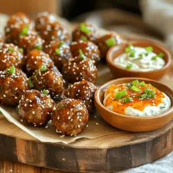 To make Korean BBQ meatballs with spicy mayo, you need a mix of key ingredients. Here’s the list to get you started. - Ground beef or pork (or a mix) - Breadcrumbs - Green onions - Garlic and ginger These main ingredients bring flavor and texture. The ground meat forms the base, while breadcrumbs help bind everything. Green onions add freshness, and garlic and ginger give a nice kick. - Mayonnaise - Gochujang (Korean chili paste) - Rice vinegar The spicy mayo is simple yet packed with flavor. Mayonnaise gives creaminess, gochujang adds heat, and rice vinegar balances it with tang. Mix these for a delicious dip. - Sesame seeds for coating - Additional spices for customization You can coat your meatballs in sesame seeds for extra crunch. Feel free to add your favorite spices to the mix. This customization makes it fun and personal. For the full recipe, check out the complete instructions to create these mouth-watering meatballs. To make the meatballs, start by combining the ground meat, breadcrumbs, green onions, and garlic. Add the grated ginger, soy sauce, sesame oil, brown sugar, black pepper, and red pepper flakes. Mix everything well with your hands. This helps blend the flavors nicely. You want a consistent texture, so take your time here. Next, shape the mixture into 1-inch balls. Try to make them the same size for even cooking. Rolling them in sesame seeds adds a nice crunch and flavor. This step is fun and easy. Just gently roll each meatball in the seeds until coated. Now, preheat your oven to 400°F (200°C). Line a baking sheet with parchment paper for easy cleanup. Place the meatballs on the sheet, giving them space to cook evenly. Bake for 20-25 minutes until they turn slightly brown and are cooked through. You can check for doneness with a meat thermometer. While the meatballs bake, you can prepare the spicy mayo. Just mix mayonnaise, gochujang, and rice vinegar in a bowl. This creamy sauce pairs perfectly with your meatballs. Once the meatballs are done, drizzle the spicy mayo on top or serve it on the side for dipping. Enjoy this tasty treat! To get the best meatballs, use a meat thermometer. This tool helps you check the meat's doneness. Aim for an internal temperature of 160°F (71°C). This way, your meatballs stay juicy and safe to eat. For juiciness, do not overmix the meat. Mix until just combined. If you want extra moisture, add a splash of beef broth or an egg. This keeps the meatballs tender. Marinating your meat can boost flavor. Try mixing soy sauce, ginger, and garlic for a few hours. If you're short on time, just let it sit for 15 minutes before cooking. You can substitute ground beef or pork with turkey or chicken. These options are leaner but still tasty. For a spicy kick, swap black pepper with more red pepper flakes. Serve your meatballs on a large platter. Drizzle the spicy mayo over them for a bold look. You can also serve the mayo in a small bowl for dipping. For garnishing, sprinkle extra chopped green onions and sesame seeds on top. This adds color and crunch. Use toothpicks for easy serving. These tips help make your Korean BBQ meatballs look as good as they taste! {{image_2}} You can switch up the meat in these meatballs. Ground turkey or chicken works well. These lean meats keep the dish light and tasty. If you want a meatless option, try plant-based substitutes. Options like lentils or chickpeas give a nice texture. They soak up flavors beautifully, just like meat. You might prefer your meatballs with more heat. To make them spicier, add extra red pepper flakes or gochujang. You could even mix in some chopped fresh chili peppers. For the spicy mayo, adjust the heat too. Add more gochujang for a fiery kick or less for a mild version. This way, you control the spice level to fit your taste. These meatballs shine when served with tasty sides. Try a simple cucumber salad for crunch. Steamed rice or fried rice also pairs nicely. You can add some kimchi for a tangy bite. As for drinks, a light beer or sweet tea complements the flavors well. These sides enhance your meal and make it more enjoyable. To keep your Korean BBQ meatballs fresh, store them in an airtight container. This helps them stay moist and tasty. Place the container in the fridge right after your meal. If you want to save them longer, you can freeze the meatballs. Lay them on a baking sheet first to freeze individually. Once frozen, transfer them to a freezer bag. This prevents them from sticking together. You can reheat your meatballs in either the microwave or the oven. The microwave is faster but may make them a bit soggy. To use the microwave, place the meatballs on a plate and cover with a damp paper towel. Heat for 1-2 minutes, checking to avoid overcooking. If you want a crispier texture, use the oven. Preheat it to 350°F (175°C) and heat the meatballs for about 10-15 minutes. In the fridge, your meatballs last about 3-4 days. Always check for any signs of spoilage. Look for an off smell or changes in color. If you see any mold, it's best to throw them away. These steps help ensure your meal remains safe and delicious. For the full recipe, check the complete guide. To make your Korean BBQ meatballs hotter, add more red pepper flakes. You can also mix in more gochujang. If you like heat, try adding diced fresh chili peppers. For an extra kick, consider using sriracha or chili oil in the meat mixture. Yes, you can use other sauces. Try sweet chili sauce for a sweeter taste. Soy sauce mixed with sesame oil gives a nice flavor too. You might also enjoy teriyaki sauce or even a tangy barbecue sauce. Each sauce brings a different twist to the dish. Korean BBQ meatballs pair well with many sides. Consider serving them with rice for a filling meal. You can also add steamed vegetables or a fresh salad. Kimchi makes a great side too, adding a nice crunch. Don’t forget pickled cucumbers for a refreshing touch! You can find the complete recipe for Korean BBQ Meatballs with Spicy Mayo in the earlier sections of this article. Enjoy making these tasty treats! You’ve now learned how to make delicious Korean BBQ meatballs, packed with flavor. We covered key ingredients like meat, spices, and the tasty spicy mayo. You discovered tips on perfecting meatball texture and making them shine on your plate. Remember to explore different protein options and side dishes that complement your meal. Cooking is fun, and with these tips, your meatballs will impress everyone. Happy cooking!