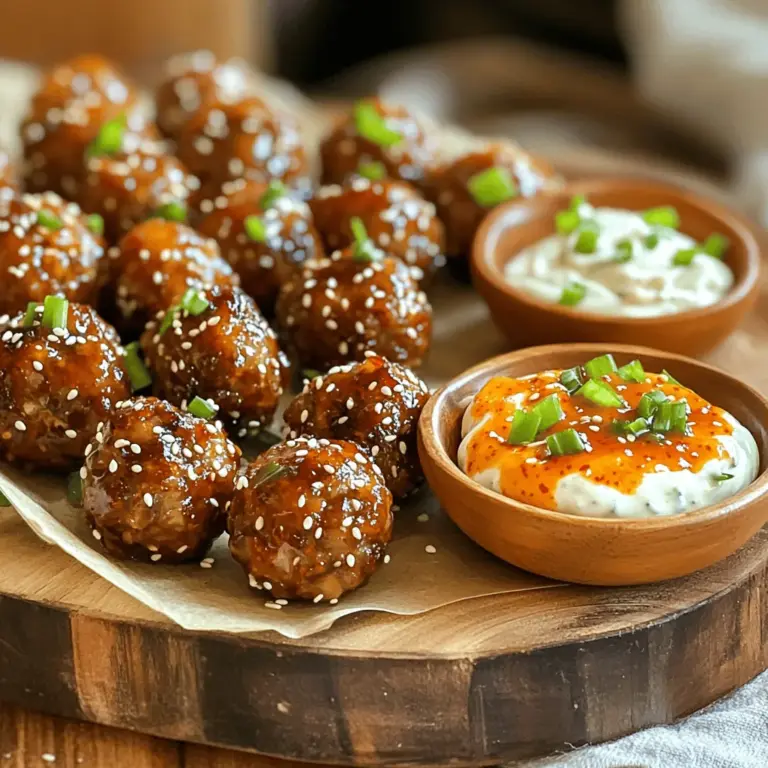 To make Korean BBQ meatballs with spicy mayo, you need a mix of key ingredients. Here’s the list to get you started. - Ground beef or pork (or a mix) - Breadcrumbs - Green onions - Garlic and ginger These main ingredients bring flavor and texture. The ground meat forms the base, while breadcrumbs help bind everything. Green onions add freshness, and garlic and ginger give a nice kick. - Mayonnaise - Gochujang (Korean chili paste) - Rice vinegar The spicy mayo is simple yet packed with flavor. Mayonnaise gives creaminess, gochujang adds heat, and rice vinegar balances it with tang. Mix these for a delicious dip. - Sesame seeds for coating - Additional spices for customization You can coat your meatballs in sesame seeds for extra crunch. Feel free to add your favorite spices to the mix. This customization makes it fun and personal. For the full recipe, check out the complete instructions to create these mouth-watering meatballs. To make the meatballs, start by combining the ground meat, breadcrumbs, green onions, and garlic. Add the grated ginger, soy sauce, sesame oil, brown sugar, black pepper, and red pepper flakes. Mix everything well with your hands. This helps blend the flavors nicely. You want a consistent texture, so take your time here. Next, shape the mixture into 1-inch balls. Try to make them the same size for even cooking. Rolling them in sesame seeds adds a nice crunch and flavor. This step is fun and easy. Just gently roll each meatball in the seeds until coated. Now, preheat your oven to 400°F (200°C). Line a baking sheet with parchment paper for easy cleanup. Place the meatballs on the sheet, giving them space to cook evenly. Bake for 20-25 minutes until they turn slightly brown and are cooked through. You can check for doneness with a meat thermometer. While the meatballs bake, you can prepare the spicy mayo. Just mix mayonnaise, gochujang, and rice vinegar in a bowl. This creamy sauce pairs perfectly with your meatballs. Once the meatballs are done, drizzle the spicy mayo on top or serve it on the side for dipping. Enjoy this tasty treat! To get the best meatballs, use a meat thermometer. This tool helps you check the meat's doneness. Aim for an internal temperature of 160°F (71°C). This way, your meatballs stay juicy and safe to eat. For juiciness, do not overmix the meat. Mix until just combined. If you want extra moisture, add a splash of beef broth or an egg. This keeps the meatballs tender. Marinating your meat can boost flavor. Try mixing soy sauce, ginger, and garlic for a few hours. If you're short on time, just let it sit for 15 minutes before cooking. You can substitute ground beef or pork with turkey or chicken. These options are leaner but still tasty. For a spicy kick, swap black pepper with more red pepper flakes. Serve your meatballs on a large platter. Drizzle the spicy mayo over them for a bold look. You can also serve the mayo in a small bowl for dipping. For garnishing, sprinkle extra chopped green onions and sesame seeds on top. This adds color and crunch. Use toothpicks for easy serving. These tips help make your Korean BBQ meatballs look as good as they taste! {{image_2}} You can switch up the meat in these meatballs. Ground turkey or chicken works well. These lean meats keep the dish light and tasty. If you want a meatless option, try plant-based substitutes. Options like lentils or chickpeas give a nice texture. They soak up flavors beautifully, just like meat. You might prefer your meatballs with more heat. To make them spicier, add extra red pepper flakes or gochujang. You could even mix in some chopped fresh chili peppers. For the spicy mayo, adjust the heat too. Add more gochujang for a fiery kick or less for a mild version. This way, you control the spice level to fit your taste. These meatballs shine when served with tasty sides. Try a simple cucumber salad for crunch. Steamed rice or fried rice also pairs nicely. You can add some kimchi for a tangy bite. As for drinks, a light beer or sweet tea complements the flavors well. These sides enhance your meal and make it more enjoyable. To keep your Korean BBQ meatballs fresh, store them in an airtight container. This helps them stay moist and tasty. Place the container in the fridge right after your meal. If you want to save them longer, you can freeze the meatballs. Lay them on a baking sheet first to freeze individually. Once frozen, transfer them to a freezer bag. This prevents them from sticking together. You can reheat your meatballs in either the microwave or the oven. The microwave is faster but may make them a bit soggy. To use the microwave, place the meatballs on a plate and cover with a damp paper towel. Heat for 1-2 minutes, checking to avoid overcooking. If you want a crispier texture, use the oven. Preheat it to 350°F (175°C) and heat the meatballs for about 10-15 minutes. In the fridge, your meatballs last about 3-4 days. Always check for any signs of spoilage. Look for an off smell or changes in color. If you see any mold, it's best to throw them away. These steps help ensure your meal remains safe and delicious. For the full recipe, check the complete guide. To make your Korean BBQ meatballs hotter, add more red pepper flakes. You can also mix in more gochujang. If you like heat, try adding diced fresh chili peppers. For an extra kick, consider using sriracha or chili oil in the meat mixture. Yes, you can use other sauces. Try sweet chili sauce for a sweeter taste. Soy sauce mixed with sesame oil gives a nice flavor too. You might also enjoy teriyaki sauce or even a tangy barbecue sauce. Each sauce brings a different twist to the dish. Korean BBQ meatballs pair well with many sides. Consider serving them with rice for a filling meal. You can also add steamed vegetables or a fresh salad. Kimchi makes a great side too, adding a nice crunch. Don’t forget pickled cucumbers for a refreshing touch! You can find the complete recipe for Korean BBQ Meatballs with Spicy Mayo in the earlier sections of this article. Enjoy making these tasty treats! You’ve now learned how to make delicious Korean BBQ meatballs, packed with flavor. We covered key ingredients like meat, spices, and the tasty spicy mayo. You discovered tips on perfecting meatball texture and making them shine on your plate. Remember to explore different protein options and side dishes that complement your meal. Cooking is fun, and with these tips, your meatballs will impress everyone. Happy cooking!