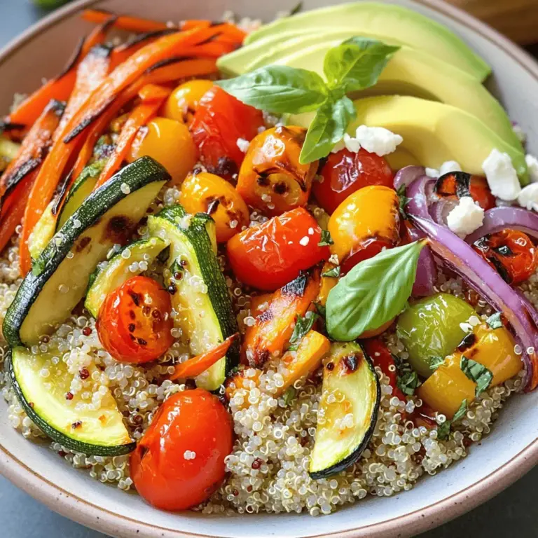 - 1 cup quinoa, rinsed - 1 medium zucchini, diced - 1 bell pepper (any color), diced - 1 cup cherry tomatoes, halved - 1 small red onion, chopped - 2 carrots, sliced - 2 tablespoons olive oil - 1 teaspoon garlic powder - 1 teaspoon smoked paprika - Salt and pepper to taste - Fresh basil, for garnish - Optional: Feta cheese or avocado for topping Quinoa is the star of this dish. It’s packed with protein and fiber. You will love how fluffy it gets when cooked. The veggies add bright colors and flavors. Use zucchini, bell peppers, cherry tomatoes, red onions, and carrots. They roast well and taste sweet once cooked. You will drizzle olive oil over the veggies. Then, sprinkle garlic powder, smoked paprika, salt, and pepper. These spices bring out the best in your roasted vegetables. The optional toppings, like feta cheese or avocado, add a creamy touch. This bowl is not just tasty; it’s also good for you! One serving has around 350 calories. It packs about 12 grams of protein, 40 grams of carbs, and 15 grams of fat. Quinoa offers all nine essential amino acids, making it a great protein source. The roasted veggies are full of vitamins and minerals, boosting your health. Eating quinoa and roasted vegetables can help with weight management. They fill you up and keep you satisfied. Plus, they are low in calories. You can enjoy this bowl guilt-free, knowing it’s a healthy meal. For the full recipe, check out the link. To make the perfect quinoa, start by combining 1 cup of rinsed quinoa with 2 cups of vegetable broth or water. This mix gives great flavor. Bring it to a boil over high heat. Once it boils, lower the heat. Cover the pot and let it simmer for about 15 minutes. When the quinoa is fluffy and the liquid is gone, remove it from the heat. Let it sit covered for 5 minutes. This resting time enhances the texture. Finally, fluff the quinoa with a fork before serving. Preheat your oven to 425°F (220°C). While it heats, prepare your veggies. On a baking sheet, spread the diced zucchini, bell pepper, halved cherry tomatoes, chopped red onion, and sliced carrots. Drizzle with 2 tablespoons of olive oil. Sprinkle 1 teaspoon each of garlic powder and smoked paprika. Add salt and pepper to taste. Toss everything together to coat. Roast the vegetables for 20-25 minutes. Stir them halfway through for even cooking. They should be tender and slightly caramelized. Once the veggies are done, fluff the quinoa again. Divide it into bowls. Layer the roasted vegetables over the quinoa for a colorful display. For garnish, add fresh basil on top. If you want, sprinkle some feta cheese or add slices of avocado for creaminess. This makes the dish even more delicious. For a full recipe, check out the details above. Enjoy your healthy and tasty meal! The size of your vegetables matters. Cut them into similar sizes for even cooking. If you have smaller pieces, they may burn while larger ones stay raw. Try using a mix of vegetables like zucchini, bell peppers, and carrots. This combo gives a nice blend of sweetness and earthiness. You can also add broccoli for a crunchier texture or sweet potatoes for a richer taste. Always rinse quinoa before cooking. This removes its natural coating, called saponin, that can make it taste bitter. Use cold water, then drain it well. When cooking quinoa, you can use vegetable broth instead of water. This adds more flavor. For a twist, try using chicken broth or coconut milk for a different taste. Add herbs like thyme or rosemary while cooking your vegetables. Fresh herbs brighten the dish and add depth. You can also sprinkle some lemon juice over the top for a zing. For added texture, consider topping your bowl with nuts or seeds. Pumpkin seeds or chopped almonds add a delightful crunch. Adding feta cheese or avocado gives a creamy finish, making each bite even more enjoyable. Check out the Full Recipe for more details. {{image_2}} You can easily boost the protein in your roasted vegetable quinoa bowl. One great way is to add beans or legumes. Chickpeas and black beans work well. They add texture and a nice flavor. Simply rinse them and stir them into your bowl. You can also add grilled chicken, shrimp, or tofu. Chicken adds a savory taste. Shrimp cooks fast and has a light flavor. Tofu is a great choice for plant-based protein. Just grill it until it's golden brown for a nice finish. Using seasonal vegetables can make your bowl even better. In spring, try asparagus and peas. Summer is great for zucchini and bell peppers. In fall, you can use squash and Brussels sprouts. Winter brings hearty root veggies like sweet potatoes and carrots. If fresh veggies aren't available, frozen ones work too. Frozen veggies are often picked at peak freshness. They can save you time, as they are pre-washed and cut. Just remember to thaw them before roasting for the best results. You can adjust the spices to fit your taste. If you love heat, add red pepper flakes or cayenne. If you prefer a mild flavor, use a little less garlic powder. You can even play with herbs like thyme or rosemary for more depth. Exploring international flavors can take your bowl to the next level. Add soy sauce or ginger for an Asian twist. Try cumin and coriander for a Middle Eastern vibe. Each adjustment changes the whole dish, making it new and exciting. For the full recipe, check out the details above! To keep your roasted vegetable quinoa bowl fresh, cool it first. Place it in the fridge within two hours. Use airtight containers to prevent moisture loss. Glass or BPA-free plastic containers work best. Label them with the date to track freshness. When reheating, aim for a gentle heat. Use the microwave or a skillet. Add a splash of water or broth for moisture. Heat in short bursts, stirring often. This keeps the veggies tender and the quinoa fluffy. Serve with a drizzle of olive oil to enhance flavor. You can freeze the quinoa bowl for later use. Portion it into meal-sized containers. Make sure to leave some space at the top for expansion. For best quality, eat within three months. Thaw overnight in the fridge before reheating. Enjoying your roasted vegetable quinoa bowl later is simple! Yes, you can easily make this dish vegan. Start with the basic ingredients. Quinoa, vegetables, olive oil, and spices are all vegan-friendly. If you want a creamy topping, skip the feta cheese. Instead, use avocado or a vegan cheese alternative for added flavor. This way, you keep the meal plant-based and delicious. If you want to switch up the grains, try brown rice or farro. Both grains pair well with roasted vegetables. You can also use couscous or millet for a different texture. These options cook well and add hearty flavors. Just be sure to adjust the cooking times based on the grain you choose. To keep this bowl gluten-free, choose grains and toppings that are certified gluten-free. Quinoa is naturally gluten-free, so you’re safe there. Check any packaged ingredients, like vegetable broth. Make sure they do not contain gluten. Avoid adding wheat-based toppings, like traditional bread or croutons. Use fresh herbs or gluten-free seeds for extra flavor and crunch. For the full recipe, check back to the main section of this article. This post covered the steps to create a tasty roasted vegetable quinoa bowl. We looked at key ingredients, cooking methods, and storage tips. Remember, you can customize your bowl with different proteins and vegetables. Keeping your dish fresh is easy with proper storage. Enjoy experimenting with flavors and textures! Your healthy meals can be both fun and delicious. With practice, you’ll nail this dish every time. Happy cooking!