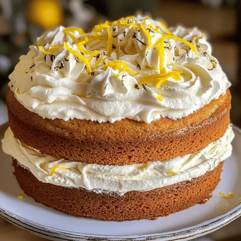 For a delightful London Fog Cake, you will need the following ingredients: - 2 cups all-purpose flour - 1 ½ teaspoons baking powder - ½ teaspoon baking soda - ½ teaspoon salt - 1 cup unsalted butter, at room temperature - 1 ½ cups granulated sugar - 4 large eggs - 1 tablespoon vanilla extract - 1 cup milk - 2 tablespoons Earl Grey tea leaves (finely crushed) - 1 cup heavy cream - 2 tablespoons powdered sugar - 1 teaspoon vanilla extract (for whipped cream) - Lemon zest (for garnish) To make this cake, you will need: - Two 9-inch round cake pans - Mixing bowls - Electric mixer - Whisk - Measuring cups and spoons - Spatula - Wire rack for cooling - Strainer or fine mesh sieve Choosing the best ingredients makes a big difference. Here are some tips: - Butter: Use unsalted butter for better control over saltiness. - Flour: Opt for high-quality all-purpose flour for a tender cake. - Eggs: Fresh, large eggs yield the best texture and flavor. - Sugar: Use granulated sugar for sweetness and a nice crumb. - Vanilla: Pure vanilla extract gives a richer taste than imitation. - Earl Grey Tea: Choose a good quality tea for the best flavor in your cake. Using quality ingredients ensures your London Fog Cake will be delicious and memorable. For the complete steps, check the Full Recipe. First, preheat your oven to 350°F (175°C). This is key for a great bake. Grease and flour two 9-inch round cake pans. This helps the cake come out easily later. Set the pans aside while you prepare the batter. In a medium bowl, whisk together the dry ingredients: 2 cups of all-purpose flour, 1 ½ teaspoons of baking powder, ½ teaspoon of baking soda, and ½ teaspoon of salt. Set this bowl aside. In a large mixing bowl, cream together 1 cup of unsalted butter and 1 ½ cups of granulated sugar. Use medium speed for about 4-5 minutes. You want the mix to be light and fluffy. Next, add 4 large eggs one by one. Mix well after each egg. Then, add 1 tablespoon of vanilla extract and mix until combined. In a small bowl, combine 1 cup of milk with 2 tablespoons of finely crushed Earl Grey tea leaves. Let it steep for about 10 minutes. After that, strain out the tea leaves. Now, gradually add the flour mixture to the butter mixture. Alternate this with the milk, starting and ending with the flour. Mix just until combined. Divide the batter evenly between the two prepared cake pans. Smooth the tops with a spatula. Bake for 25-30 minutes. To check for doneness, insert a toothpick in the center. It should come out clean. After baking, let the cakes cool in their pans for 10 minutes. Then, transfer them to a wire rack to cool completely. This step is vital for a fluffy texture. For the full recipe, check out the complete instructions. To get a fluffy London Fog Cake, start with room temperature butter. This helps it blend well with sugar. Cream the butter and sugar until light and airy. This process takes about 4-5 minutes. It’s key for the right texture. Mix in the eggs one by one. This helps the cake rise nicely. When adding flour and milk, do it in parts. Start and end with flour. Mixing too much can make the cake dense. For a deeper flavor, use high-quality Earl Grey tea leaves. If you want a twist, try other flavored teas like chai or lavender. You can also replace some milk with buttermilk for extra tang. For a dairy-free option, swap butter with coconut oil and use almond or oat milk. Adding a splash of lemon juice in the batter brightens the flavor. Don’t forget the lemon zest on top; it adds a fresh touch! One mistake is not measuring ingredients correctly. Use a kitchen scale for precision. Another issue is overmixing the batter. This can lead to a tough cake. Make sure your oven is fully preheated before baking. If the cakes bake unevenly, rotate the pans halfway through. Lastly, let the cakes cool completely before frosting. If they’re warm, the whipped cream will melt, ruining your beautiful cake. For a full recipe, check the London Fog Cake section. {{image_2}} You can mix up the frosting for your London Fog Cake. A classic cream cheese frosting adds a tangy touch. Just blend 8 ounces of cream cheese with 1 cup of butter, then add 4 cups of powdered sugar. This pairs well with the Earl Grey flavor. You can also try a simple lemon glaze. Mix powdered sugar with lemon juice until it’s smooth. Drizzle it over the cake for a sweet and zesty kick. You can still enjoy this cake if you need gluten-free or dairy-free options. For a gluten-free cake, use a gluten-free flour blend. Make sure it has xanthan gum to help it rise. For dairy-free needs, replace the butter with coconut oil or a dairy-free butter substitute. Use almond milk or oat milk instead of regular milk. This keeps the cake light and fluffy without losing flavor. You can change the flavors with the seasons. In fall, add pumpkin spice to the batter for a warm taste. Just mix in 1 teaspoon of cinnamon and a dash of nutmeg. For winter, try adding peppermint extract instead of vanilla. This gives a fresh twist. In spring, mix in lemon zest and juice for a bright, zesty cake. Each variation keeps the cake fun and exciting, making it perfect all year long. For the full recipe, check out the details above. After you enjoy your London Fog Cake, you'll want to store the leftovers properly. To keep the cake fresh, wrap it tightly in plastic wrap or place it in an airtight container. This keeps moisture in and prevents the cake from drying out. I recommend storing it in the fridge for up to five days. If you plan to eat it later, make sure to avoid cutting into it until you're ready to serve. This helps keep the cake moist longer. Freezing your London Fog Cake is easy and a great way to save it for later. First, allow the cake to cool completely. Then, wrap each layer in plastic wrap. For extra protection, wrap it in aluminum foil as well. This method prevents freezer burn. You can freeze the cake for up to three months. When you're ready to enjoy it, just move it to the fridge overnight to thaw. If you want to warm up a slice of your cake, here’s how to do it. Preheat your oven to 350°F (175°C). Place your slice on a baking sheet and cover it with foil. Heat it in the oven for about 10-15 minutes, or until it’s warm. You can also warm it in the microwave for 15-20 seconds. Just make sure not to overheat it. Enjoy your fluffy dessert warm! You can find the Full Recipe for more details on how to make this delicious cake. London Fog Cake comes from a popular drink called London Fog. This drink mixes Earl Grey tea, steamed milk, and vanilla. The cake takes those flavors and puts them in a soft, fluffy dessert. It’s a delightful twist that brings comfort and warmth. This cake often reminds people of cozy afternoons with tea. Yes, you can make this cake ahead of time. It stays fresh for several days when stored correctly. Allow the cake to cool completely before wrapping it in plastic wrap. Store it in the fridge for best results. You can also freeze it for up to three months. Just make sure to wrap it well. Thaw it in the fridge before serving. To adjust the sweetness, you can change the amount of sugar in the recipe. Try using less granulated sugar if you prefer a less sweet cake. You can also use a sugar substitute, like stevia or monk fruit. Just remember to follow the package instructions for correct measurements. Yes, you can make a vegan version of this cake. Use plant-based butter in place of regular butter. Replace eggs with flaxseed meal or applesauce. For milk, use almond milk or oat milk. These swaps keep the cake moist and fluffy. The flavor will still shine through, making it a great option for everyone. You now have all the steps to create a delightful London Fog Cake. We covered the ingredients, equipment, and tips to enhance your cake's flavor and texture. You learned how to mix and bake, as well as how to store leftovers properly. Remember to avoid common mistakes for the best results. With variations and storage tips, you can make this cake uniquely yours. Enjoy the process and share your creation with others for a sweet treat!