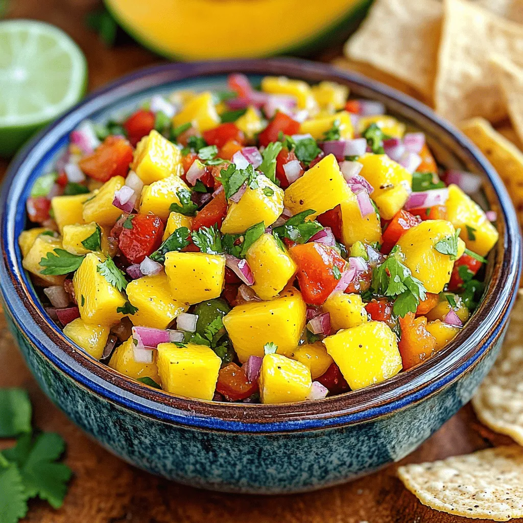 To make the best mango salsa, you need fresh, bright ingredients. Here’s a list of what to gather: - 2 ripe mangoes, diced - 1 red bell pepper, finely chopped - 1/2 red onion, finely chopped - 1 jalapeño, deseeded and minced (adjust for spice preference) - 1/4 cup fresh cilantro, chopped - Juice of 2 limes - Salt to taste - 1/2 teaspoon ground cumin (optional for an earthy twist) Ripe mangoes are the star of this dish. They add sweetness and a juicy texture. Look for mangoes that give slightly when you press them. The red bell pepper adds crunch and sweetness. It makes the salsa colorful too. Red onion brings a nice bite. It’s milder than yellow onion, making it perfect for fresh dishes. Jalapeño adds heat. You can control how spicy it gets by removing the seeds. Fresh cilantro brings a burst of flavor. If you’re not a fan, you can skip it. Lime juice brightens the whole mix. It balances the sweetness of the mango. Salt enhances all the flavors, ensuring they shine. Ground cumin is optional but adds a warm, earthy note. With these ingredients, you will create a vibrant and tasty salsa. For the full recipe, check the details above. To start, gather your fresh ingredients. You need ripe mangoes, red bell pepper, red onion, jalapeño, cilantro, and limes. - Dicing the mangoes: Take the ripe mangoes and slice them. First, cut off the sides, avoiding the pit. Then, make even cuts in the flesh. Finally, scoop the diced mango out. - Chopping the vegetables: Next, finely chop the red bell pepper and red onion. Aim for small pieces to blend well in the salsa. For the jalapeño, remove the seeds if you want less heat. Then, mince it finely. - Juicing the limes: Roll the limes on the counter to soften them. Then, cut them in half and squeeze out the juice. Make sure to catch any seeds. Now that your ingredients are prepped, it's time to mix. - Combining ingredients in a bowl: Add the diced mangoes, chopped bell pepper, red onion, and minced jalapeño to a large bowl. Toss in the chopped cilantro for a fresh touch. - Adding spices and seasoning: Squeeze the lime juice over the mixture. If you want a deeper flavor, add ground cumin. This step is optional, but it brings a nice twist. - Tossing the salsa: Gently toss all the ingredients together. Be careful not to mash the mangoes; you want them to stay chunky. Letting the salsa rest is key for great flavor. - Recommended resting time: Allow the salsa to sit for at least 15 to 20 minutes. This time lets the flavors blend beautifully. - Tips for maximizing flavor: For the best taste, cover the bowl and place it in the fridge if you can. This extra chill helps the flavors develop even more. For the complete recipe, check out the Full Recipe. To make the best mango salsa, start with ripe mangoes. A ripe mango feels slightly soft when you press it. Look for one with a sweet aroma. The skin should have a bit of red, yellow, or orange color. The best mango varieties for salsa are the Ataulfo and Haden mangoes. Ataulfo mangoes are small, creamy, and sweet. Haden mangoes have a rich flavor and juicy texture. Both will make your salsa pop with flavor. You can tailor the spice level to your taste. If you want a mild salsa, use less jalapeño or skip it. For a spicy kick, add more jalapeño. You can also try other peppers like serrano or poblano for a different heat. If you prefer a milder option, substitute jalapeño with sweet bell pepper. This keeps the flavor fresh without the heat. You can even mix in a pinch of cayenne pepper for a balanced spice. Mango salsa pairs wonderfully with tortilla chips. The crunch of the chips complements the salsa's sweetness. You can also serve it with grilled meats like chicken or fish. The salsa adds a bright, fresh flavor to any dish. For a stunning presentation, use a colorful bowl. Garnish with fresh cilantro leaves on top. This makes your dish look inviting and fun. Enjoy your tasty mango salsa with friends and family! {{image_2}} To make your mango salsa spicy, you can add more jalapeño or other peppers. If you like heat, use two jalapeños instead of one. For an extra kick, try serrano or habanero peppers. You can also experiment with your favorite hot sauce. Just a few drops can change the flavor and heat level. If you want a tropical twist, incorporate pineapple or kiwi into your salsa. Diced pineapple adds a nice sweetness and extra texture. Kiwi will give your salsa a unique flavor and a vibrant color. For a creamier texture, add a splash of coconut milk. This will create a rich and sweet base that pairs well with the mango. To make a heartier dish, include black beans or corn in your salsa. Black beans add protein and fiber, making it filling. Corn adds a sweet crunch that pairs nicely with mango. This variation makes a great side dish or a topping for tacos. You can find the full recipe for this mango salsa and explore these variations easily. To keep your mango salsa fresh, use airtight containers. Glass or plastic containers work well. Make sure to seal the lid tightly to keep air out. Store it in the fridge right after making it. This helps keep the flavors bright and fresh. Mango salsa lasts about 3 to 5 days in the fridge. After that, it may lose its taste and crunch. Look for signs of spoilage like a sour smell or color changes. If you see any mold, throw it out immediately. You can freeze mango salsa, but it may change texture. To freeze, place it in a freezer-safe bag. Remove as much air as possible before sealing. When you're ready to eat it, thaw it in the fridge overnight. The flavor will still be tasty, but it might be a bit watery. You can serve mango salsa with many tasty foods. Here are some popular pairings: - Tortilla chips for a crunchy snack. - Grilled chicken for a fresh topping. - Fish tacos for a zesty twist. - Nachos to add a fruity kick. - Tacos or burritos for added flavor. Mango salsa brightens up any dish. Its sweet and spicy taste makes it fun to eat. Yes, you can make mango salsa ahead of time. This makes meal prep easy. Just follow these tips: - Prepare the salsa and store it in a sealed container. - Keep it in the fridge for up to two days. - Let it sit at room temperature for 15 minutes before serving. This helps the flavors shine. Making it ahead of time can save you effort on busy days. When picking mangoes, look for these signs of ripeness: - A soft feel when you gently squeeze it. - A sweet aroma near the stem. - Color that is bright and vibrant, though it varies by type. Choosing ripe mangoes makes your salsa taste great. They should be juicy and sweet. Yes, mango salsa is a healthy choice. Here are some key benefits: - Mangoes are high in vitamins A and C. - Fresh vegetables add fiber and nutrients. - It is low in calories, making it a great snack. Mango salsa brings a burst of flavor with healthy ingredients. You can enjoy it guilt-free! For the full recipe, check out the Tropical Mango Salsa above. Mango salsa is fresh, colorful, and easy to make. You start with ripe mangoes and mix in sweet red bell pepper and zesty onion. Spice things up with jalapeño, then add fresh cilantro and lime juice for brightness. You can adjust heat and enjoy this salsa with chips or grilled meats. Keep it chilled for the best taste. Try variations with pineapple or black beans to switch it up. With these tips, you’ll create a tasty dish everyone loves. Enjoy making your own mango salsa!
